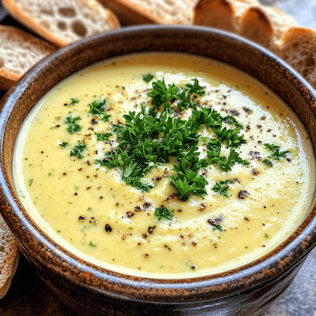 - 2 whole heads of garlic - 2 tablespoons olive oil - 1 medium onion, chopped - 2 medium potatoes, peeled and diced - 4 cups vegetable broth - 1 cup heavy cream (or coconut cream for a dairy-free option) - 1 teaspoon dried thyme - Salt and pepper to taste - Fresh parsley, chopped for garnish - Crusty bread, for serving This creamy roasted garlic soup brings warmth and comfort to any meal. Each ingredient plays a key role in making it rich and flavorful. This soup is high in vitamins and minerals. Garlic is known for its health benefits, like boosting the immune system. Potatoes give energy, while cream adds richness. I love to serve this soup with crusty bread. The bread soaks up the tasty broth. You can also pair it with a fresh salad. For a fun twist, try a sprinkle of cheese on top. This dish makes a cozy dinner or a tasty starter for guests. Want something extra? Add a drizzle of olive oil for a gourmet touch. Check out the Full Recipe for more details! - Preheating the oven Start by preheating your oven to 400°F (200°C). This gets the oven ready for the garlic. - Preparing the garlic for roasting Take the two whole heads of garlic. Slice the tops off gently. This helps the cloves roast well. Drizzle one tablespoon of olive oil over the exposed cloves. Wrap the garlic heads in aluminum foil to keep them cozy. Roast them in the oven for about 30-35 minutes. The cloves should become soft and caramelized. - Sautéing onions and potatoes While the garlic roasts, grab a large pot. Heat the remaining tablespoon of olive oil over medium heat. Add the chopped onion and sauté for about 5-7 minutes. You want them to be soft and translucent. Next, stir in the diced potatoes. Cook for another 5 minutes, stirring often. - Incorporating roasted garlic and broth Once the garlic is ready, take it out of the oven. Squeeze the soft garlic cloves into the pot with the onions and potatoes. Then, pour in 4 cups of vegetable broth. Add one teaspoon of dried thyme for flavor. Bring the mixture to a boil. After boiling, lower the heat and let it simmer for about 15 minutes until the potatoes are tender. - Achieving the desired texture Use an immersion blender to blend the soup until it's smooth. If you don’t have one, carefully transfer the soup in batches to a regular blender. This step makes the soup creamy and rich. - Adding cream and seasoning Stir in one cup of heavy cream or coconut cream for a dairy-free option. Season with salt and pepper to taste. Heat the soup for another 5 minutes, but don’t let it boil. Now, it's ready to serve! For more details, check the Full Recipe. Enjoy the warmth and comfort of this creamy roasted garlic soup! Choosing quality ingredients makes a big difference. Use fresh garlic. Look for heads that feel firm and heavy. Pick potatoes that are smooth and free of blemishes. Use good broth, too. Homemade broth adds great flavor. If you can, go for organic and local options. Roasting garlic is key to creating depth in the soup. Slice the tops off the heads of garlic. Drizzle them with olive oil. Wrap the garlic in foil before roasting. This helps the garlic become sweet and creamy. Roast it until it’s soft and golden. This takes about 30-35 minutes at 400°F (200°C). Serve this soup with crusty bread for the perfect match. A nice sourdough or baguette works well. If you enjoy wine, pair it with a light white wine. A Chardonnay or Sauvignon Blanc enhances the meal. Add a green salad for a fresh touch. Feel free to customize your soup. Add spices like paprika or nutmeg for warmth. Fresh herbs like rosemary or chives brighten the flavor. A squeeze of lemon juice can add a nice zing. Taste your soup as you go and adjust to your liking. Enjoy making it your own! {{image_2}} To make this soup vegan, swap heavy cream for coconut cream. Coconut cream adds a rich, creamy texture. It also brings a subtle sweetness that pairs well with roasted garlic. When you blend the soup, the coconut cream will give it a nice thickness. This choice makes the soup dairy-free and still super tasty. Adding herbs or spices can change the flavor profile of your soup. Try fresh basil or rosemary for a fresh twist. You can also add a pinch of red pepper flakes for some heat. If you like a little zest, a squeeze of lemon juice can brighten the soup. These small changes can make your creamy roasted garlic soup even more exciting. You can mix in other vegetables for added flavor and nutrition. Carrots or leeks work well with the garlic. These veggies blend nicely and add a sweet flavor. You could also try adding spinach or kale for a green touch. Just chop them finely and add them during the last few minutes of cooking. This way, they keep their color and nutrients while blending into the soup. For the full recipe, check out the detailed steps to create this rich and comforting dish. After enjoying your creamy roasted garlic soup, store any leftovers right away. Let the soup cool to room temperature. Then, pour it into an airtight container. It will stay fresh in the fridge for up to three days. If you want to save it longer, freezing is a great option. Freezing creamy soups can be tricky. To freeze this soup, let it cool completely. Then, transfer it to freezer-safe bags. Make sure to squeeze out as much air as possible. You can also use airtight containers. It will stay good in the freezer for up to three months. When you're ready to enjoy it, just thaw it in the fridge overnight. To reheat your soup, you can use a pot on the stove. Heat it over medium heat, stirring often. This helps keep the texture smooth. If the soup is too thick, add a bit of broth or water. You can also use the microwave. Just heat it in short bursts, stirring in between. Enjoy your creamy roasted garlic soup warm, just like fresh! For the full recipe, check out the section above. You can store this soup in the fridge for about three to four days. Make sure to keep it in an airtight container. This way, the flavors stay fresh and tasty. If you notice any off-smells or changes in color, it's best to toss it. Yes, you can make this soup ahead of time. It tastes even better the next day! Just store it in the fridge and reheat it when you're ready to serve. This dish is great for meal prep, as it saves you time during busy weeks. If you need a substitute for heavy cream, you have options! Here are a few great choices: - Coconut cream: This adds a rich flavor and is dairy-free. - Cashew cream: Blend soaked cashews with water for a smooth texture. - Almond milk: Use this for a lighter option, but it will change the soup's creaminess. You can mix these with a bit of olive oil to keep the richness. Absolutely! Homemade vegetable broth is a fantastic choice. It adds more flavor and freshness to your soup. Just make sure it's well-seasoned. If it's too salty, adjust the seasonings in your soup accordingly. Using your broth makes the dish even more personal and special. This blog post shares the joy of making creamy roasted garlic soup. You now know the key ingredients, like garlic, cream, and spices, and how to prepare each step. You learned tips for perfecting the soup and ideas for variations, like vegan options and add-ins. Proper storage and reheating can keep your soup tasty. Embrace your creativity in the kitchen and enjoy the delicious results! With these skills, you can share this warm, comforting dish with friends and family. Enjoy every spoonful!