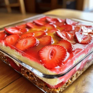- 2 cups crushed pretzels - ¾ cup unsalted butter, melted - ½ cup sugar (for the crust) - 8 oz cream cheese, softened - 1 cup powdered sugar - 1 cup whipped topping (like Cool Whip) - 2 cups fresh strawberries, sliced - 1 cup strawberry gelatin powder - 2 cups boiling water - 1 cup cold water The key to making this dish is the balance of sweet and salty. The crushed pretzels give a nice crunch. They mix perfectly with the creamy layer. This starts with unsalted butter and sugar. The buttery base holds everything together. Cream cheese adds a rich flavor. Mixing it with powdered sugar makes it sweet and smooth. The whipped topping gives it a light, airy feel. Fresh strawberries bring a burst of flavor. They add natural sweetness that brightens the dish. Strawberry gelatin powder is what makes this salad special. It gives a fun, jiggly layer on top. When you mix it with boiling water, it dissolves quickly. Adding cold water cools it down. - Additional fruit variations - Flavor extracts (like vanilla) - Whipped cream for garnish You can also add other fruits. Blueberries or raspberries work well. They add new flavors and colors. Flavor extracts, like vanilla, can enhance the taste too. A dollop of whipped cream on top makes it even more fun. For the full recipe, you can follow the steps to create this tasty dish. Enjoy the mix of flavors and textures! To start, preheat your oven to 350°F (175°C). This step gets your crust nice and crisp. In a medium bowl, mix together 2 cups of crushed pretzels, ¾ cup of melted unsalted butter, and ½ cup of sugar. Make sure everything combines well. Next, press this mixture firmly into the bottom of a greased 9x13 inch baking dish. Bake it for 10 minutes. After that, take it out and let it cool completely. Now, grab a large bowl. Beat together 8 oz of softened cream cheese and 1 cup of powdered sugar. You want it to be smooth and creamy. Once mixed, gently fold in 1 cup of whipped topping until it’s fully combined. Spread this creamy layer over the cooled pretzel crust. Ensure it has even coverage for the best taste. For the strawberry layer, take a separate bowl. Dissolve 1 cup of strawberry gelatin powder in 2 cups of boiling water. Stir until it is fully dissolved. Then, add 1 cup of cold water and stir again. Don’t let it set just yet; you’ll need it for the next step. Now, let’s combine everything! Layer the sliced strawberries evenly over the cream cheese mixture in the baking dish. Pour the gelatin mixture over the strawberries. Make sure everything is covered well to create a beautiful, colorful dessert. Place your baking dish in the refrigerator. Let it chill for at least 4 hours, or until the gelatin is fully set. When it’s ready, cut it into squares. Serve it chilled, and enjoy the sweet and salty mix of flavors! For more details, check out the Full Recipe. To get a great pretzel crust, pack it down firmly in the dish. Use a flat-bottomed glass or your hands to press it down. This helps it hold together well. To avoid sogginess, let the crust cool completely before adding the cream cheese layer. This step is key to keeping it crispy. For a smooth cream cheese layer, make sure your cream cheese is softened. Cold cream cheese makes lumps. Beat it with the powdered sugar until it's creamy. When you fold in the whipped topping, do so gently. This keeps it light and fluffy. Don't be afraid to play with flavors! You can try other fruits like blueberries or raspberries. They add a new twist to the dish. For garnishing, fresh mint leaves or a drizzle of chocolate can make it pop. These small touches can elevate your Strawberry Pretzel Salad, making it even more delightful. {{image_2}} You can change the fruit in this dish to make it unique. Try using blueberries or raspberries instead of strawberries. These berries add a new taste and color. You can also use seasonal fruits like peaches or cherries. When you use fresh fruit, it brightens the dish and makes it more fun. If you want a lighter version, swap the cream cheese for low-fat cream cheese. This option keeps the creamy taste while cutting calories. Also, consider using sugar substitutes for the crust. Options like stevia or monk fruit sweetener work well. These swaps help you enjoy this treat without the extra sugar. For a fun twist, drizzle melted chocolate or caramel on top. This adds a rich flavor that pairs well with the fruity taste. You can also add nuts like pecans or walnuts for extra crunch. Chopped nuts not only taste great but also add a nice texture. Each of these variations makes the Strawberry Pretzel Salad your own. Try them out for a fresh take! For the full recipe, check out the details above. To keep your Strawberry Pretzel Salad fresh, store any leftovers in an airtight container. This helps keep it cool and prevents it from absorbing other flavors in the fridge. Make sure to place it in the fridge right after serving. This salad tastes best when chilled. If you want to enjoy all the flavors, try to eat it within three days. Can you freeze Strawberry Pretzel Salad? I do not recommend it. The texture of the pretzel crust changes when frozen. If you must freeze it, only freeze the crust. Wrap it well in plastic wrap, then place it in a freezer-safe bag. To thaw, place it in the fridge for a few hours. Once it’s thawed, top it with the cream cheese layer and fruit before serving. Avoid freezing the cream cheese and gelatin layers, as they may not hold up well. Strawberry Pretzel Salad lasts about 3 to 5 days in the fridge. To keep it fresh, store it in an airtight container. This will help avoid excess moisture and keep the pretzel crust crisp. Yes, you can make Strawberry Pretzel Salad a day or two ahead of your event. Just make sure to chill it in the fridge for at least 4 hours. This allows the layers to set well. It’s a great make-ahead dessert that saves time on busy days. If you don’t have Cool Whip, you can use homemade whipped cream. Just whip heavy cream with a little sugar until soft peaks form. You can also use Greek yogurt for a healthier option. Both will work well in the cream cheese layer. To serve Strawberry Pretzel Salad, cut it into squares and place on a nice platter. It looks great for gatherings. I like to add a few fresh strawberries on top for color. This dessert is always a hit at parties and family meals! This blog post covered how to make Strawberry Pretzel Salad, from the crust to the layers. We looked at key ingredients like pretzels, cream cheese, and fresh strawberries. You learned about optional ingredients and variations to suit your taste. I shared tips for perfecting each layer and how to store leftovers. Now you can make this tasty treat with confidence. Enjoy your dessert, and don’t forget to share it with friends!