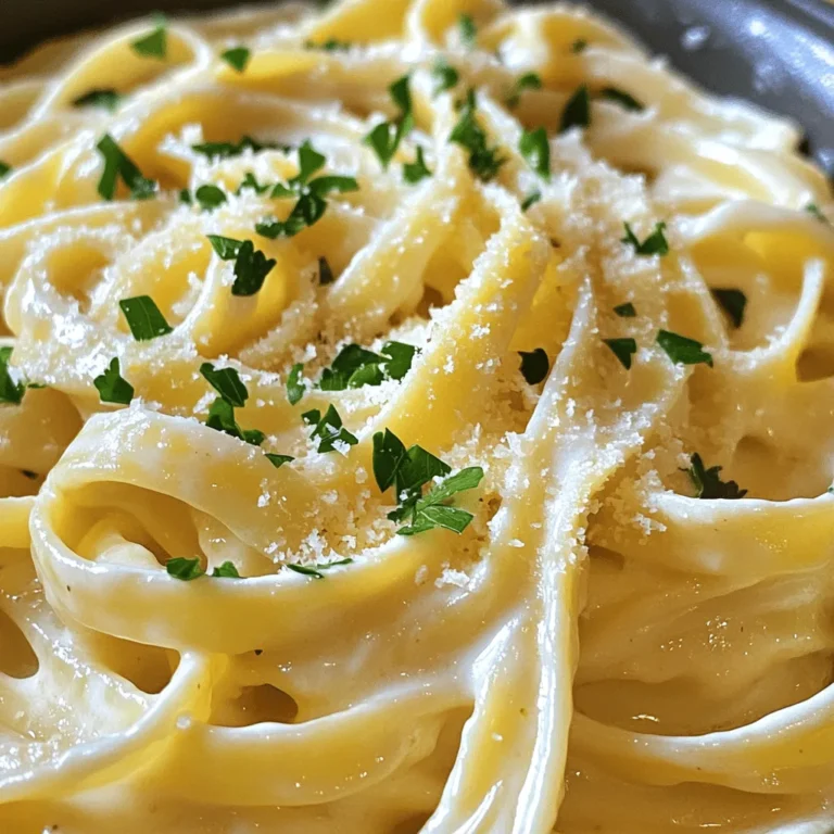 For this creamy roasted garlic Alfredo, you will need a few simple ingredients: - 1 head of garlic - 12 oz fettuccine pasta - 1 cup heavy cream - 1 cup freshly grated Parmesan cheese - 2 tablespoons unsalted butter - 1 teaspoon olive oil - Salt, to taste - Freshly cracked black pepper, to taste - Fresh parsley, chopped (for garnish) This list gives you everything you need for a rich and tasty dish. The star is the roasted garlic, which adds a sweet and mellow flavor. Fettuccine pasta is perfect for holding the creamy sauce. The heavy cream and Parmesan create a smooth texture that makes every bite delightful. Gather your ingredients before you start. This way, you avoid any last-minute dashes to the store. Plus, having everything ready helps you enjoy the cooking process. Trust me, the aroma of roasting garlic will make you eager to dive in! For the complete recipe, check out the Full Recipe. First, preheat your oven to 400°F (200°C). Take one head of garlic and cut off the top. This helps the heat reach the cloves better. Drizzle the garlic with a teaspoon of olive oil. Wrap it in aluminum foil to trap the heat. Roast the garlic for about 30-35 minutes. You want the cloves to be soft and caramelized. This gives your sauce a rich, sweet flavor. While the garlic roasts, fill a large pot with water. Add a generous amount of salt. This helps flavor the pasta. Bring the water to a boil. Add 12 ounces of fettuccine pasta to the pot. Cook it according to the package instructions until it is al dente. This usually takes around 8-10 minutes. Be sure to save 1 cup of pasta water before draining the pasta. In a saucepan, melt 2 tablespoons of unsalted butter over medium heat. Take the roasted garlic and squeeze the cloves from their skins into the pan. Use a fork to mash the garlic into a paste. Cook this for 1-2 minutes to release the garlic flavor. Next, pour in 1 cup of heavy cream and bring it to a gentle simmer. Stir in 1 cup of freshly grated Parmesan cheese. Mix until it melts and the sauce turns creamy. If it’s too thick, add some reserved pasta water until you reach your desired consistency. Season with salt and freshly cracked black pepper to taste. Finally, toss the drained fettuccine in the sauce until it’s well coated. You can find the full recipe for this delightful dish as well. To get that creamy texture, use pasta water. This water holds starch, which makes the sauce stick. If your sauce feels too thick, add a bit of the reserved pasta water. Stir well until you like the texture. For flavor, always use fresh garlic. Roasting it adds a sweet, rich taste. A pinch of nutmeg can also boost the flavor. Just a little goes a long way! Cook your fettuccine until it's al dente. This means it should be firm but not hard. Check the package for cooking time. Taste it a minute early to make sure. To avoid clumping, stir the pasta right after you add it to the pot. This helps separate the strands. Also, don’t forget to reserve that pasta water before draining! Garnish your dish with fresh parsley. It adds a nice color and a fresh taste. You can also sprinkle more Parmesan cheese on top. For a heartier meal, pair this pasta with grilled chicken or shrimp. Toss in some steamed broccoli or spinach for extra veggies. This adds nutrients and color to your plate! For the full recipe, check out the complete instructions above! {{image_2}} You can make this Creamy Roasted Garlic Alfredo even better by adding proteins. Grilled chicken is a great choice. It adds a nice texture and flavor. Just cook the chicken, slice it, and mix it in with the pasta. Shrimp or other seafood options work well too. You can sauté shrimp with garlic and add it right before serving. Both options make your meal heartier and tastier. For a vegetarian twist, try using vegetable broth instead of chicken broth. This keeps all the flavors while making it meat-free. You can also add extra vegetables such as spinach, mushrooms, or broccoli. Simply toss them in the pasta right before serving. This boosts the dish's nutrients and adds vibrant colors. You don’t have to stick to fettuccine. Other pasta varieties can suit Alfredo too. Penne, rigatoni, or even spaghetti are great alternatives. Just remember to adjust cooking times based on the pasta shape. Shorter pasta may cook quicker, while longer shapes may need a few extra minutes. Each pasta type brings its own flair to this creamy dish. To keep your Creamy Roasted Garlic Alfredo fresh, store it in an airtight container. Place it in the fridge within two hours of cooking. This keeps it safe and tasty. The leftovers can stay fresh for about three to four days. When you're ready to eat, reheat gently on the stove over low heat. Add a splash of milk or more cream. This helps maintain the creaminess. Stir often to avoid sticking. You can freeze Alfredo sauce if you have extra. Use freezer-safe containers or bags. Pour the sauce into the containers, leaving some space for expansion. Label and date each container. The sauce can last up to three months in the freezer. When it's time to use it, take it out and thaw it in the fridge overnight. To reheat, warm it in a saucepan. Add a little cream or milk to restore its creamy texture. Stir until smooth and enjoy your delicious sauce again! You can use several alternatives for heavy cream. For a lighter option, try half and half. This will keep the sauce creamy but reduce fat. If you prefer dairy-free, use coconut cream or almond milk with a thickening agent. Silken tofu blended until smooth is another great choice. Each option can change the flavor, so choose what you like best. Yes, you can make the sauce ahead. Prepare it and let it cool before storing it. Place it in an airtight container in the fridge for up to three days. When ready to eat, reheat it slowly on low heat. Add a splash of reserved pasta water to bring it back to life. Absolutely! Creamy Roasted Garlic Alfredo is great for meal prep. Cook the pasta and sauce separately. Portion them into containers for easy meals. This way, you can enjoy it throughout the week without losing flavor. Just reheat and mix when you are ready to eat. This recipe is not spicy at all. The roasted garlic gives it a rich flavor without heat. If you like spice, you can add red pepper flakes. Start with a small amount and taste as you go. This lets you control how spicy you want your dish to be. In this post, I shared a simple way to make Creamy Roasted Garlic Alfredo. You learned about the key ingredients needed, like garlic and heavy cream. I walked you through the steps to roast garlic, cook pasta, and make the sauce. You also discovered tips for perfecting the dish and storing your leftovers. Remember, feel free to add proteins or vegetables for extra flavor. With this recipe, you can enjoy a rich meal with ease. Happy cooking!