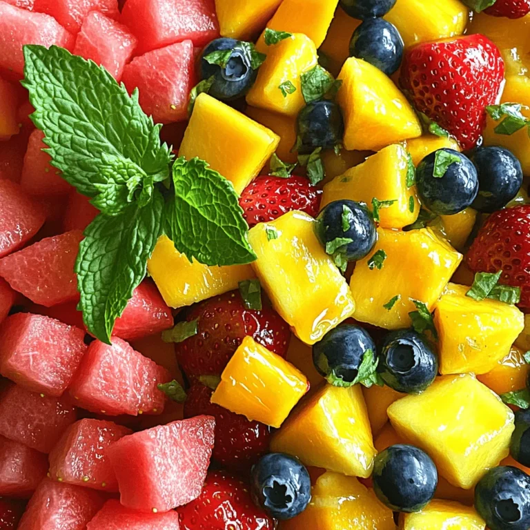 To make a tasty Honey Lime Fruit Salad, you need the following ingredients: - 2 cups diced watermelon - 1 cup diced pineapple - 1 cup diced mango - 1 cup sliced strawberries - 1 cup blueberries - 1 tablespoon honey - 2 tablespoons fresh lime juice - 1 teaspoon lime zest - Fresh mint leaves for garnish These ingredients create a colorful and refreshing dish. Each fruit adds its unique flavor and texture. You can also personalize your salad with optional ingredients. Consider adding: - Kiwi for extra zing - Grapes for sweetness - Chopped nuts for crunch - A sprinkle of cinnamon for warmth Feel free to mix and match based on what you have at home. Remember, the more colorful your salad, the more fun it will be to eat! For the full recipe, check out the detailed instructions provided. To make a great Honey Lime Fruit Salad, start by dicing and slicing your fruits. Here’s how: - Watermelon: Cut the melon in half. Use a sharp knife to slice it into strips. Then, dice those strips into small cubes. - Pineapple: Cut off the top and bottom. Stand it up and slice off the skin. Remove the core and dice the fruit. - Mango: Slice the mango around the pit. Cut the flesh into cubes while still in the skin. Then scoop it out. - Strawberries: Remove the green tops. Slice them from top to bottom. - Blueberries: These are easy! Just rinse them well under cold water. For freshness, always pick ripe fruits. Check for bright colors and a sweet smell. This ensures your salad has the best flavor. Now it's time to combine the fruits. In a large mixing bowl, add all your diced and sliced fruits together. Gently stir them to mix well. Next, let's make the honey-lime dressing. In a small bowl, whisk these together until smooth: - 1 tablespoon honey - 2 tablespoons fresh lime juice - 1 teaspoon lime zest Pour this honey-lime mixture over the fruit in the mixing bowl. Gently toss the fruit salad. You want every piece to be coated with the dressing. Be careful not to mash the fruit; you want it to stay whole. Let the salad sit for about 10 minutes. This resting time helps the flavors blend. Before serving, add fresh mint leaves on top for a pretty touch. For the complete recipe, check the [Full Recipe]. Enjoy your refreshing and healthy dish! To make the best Honey Lime Fruit Salad, start with ripe fruits. Ripe fruits taste sweeter. Look for watermelons that feel heavy and have a uniform color. Choose pineapples that smell sweet at the base. Mangoes should give slightly when pressed. Strawberries should be bright red with no white spots. Blueberries should be plump and firm. Avoid over-mixing the salad. If you toss too hard, fruits can break apart. Gently mix the fruits and dressing. This keeps the salad looking fresh and colorful. Let it sit for about ten minutes after mixing. This helps the flavors blend nicely. For serving, use a clear glass bowl. This lets the colors shine through. You can also serve it in hollowed-out fruits like oranges or pineapples. It adds a fun twist! Pair this salad with grilled chicken or fish. It works great for picnics, barbecues, or brunch. You can even serve it as a light dessert. Kids love it too! You can make this salad vegan by skipping the honey. Use maple syrup or agave nectar instead. Both options give a nice sweetness. For low-sugar choices, reduce the honey or syrup even more. You can also try using sugar-free sweeteners. They work well without changing the taste. You can find the Full Recipe in the previous sections to guide you through the steps! {{image_2}} You can change the fruits based on the season. In summer, use juicy peaches or nectarines. In fall, try crisp apples or pears. Mixing in nuts or granola can add a nice crunch. Almonds or walnuts work great. You can also sprinkle in some granola for extra texture. This makes your salad not just tasty, but also fun to eat. To give your salad a new twist, add some spices. A pinch of chili powder can bring a nice kick. If you prefer a warm taste, try adding fresh ginger. For a citrus boost, mix in orange or grapefruit. These small changes can create exciting flavors. You will be surprised by how different your fruit salad can taste. How you serve the salad can impress your guests. You can hollow out a melon or pineapple to hold the fruit. This makes for a beautiful serving dish. Another fun idea is to layer the salad in a trifle dish. This creates a colorful display. Your guests will love the look and taste of your Honey Lime Fruit Salad! Check out the Full Recipe for more ideas. To keep your honey lime fruit salad fresh, store it in the fridge. Use a clean, airtight container to prevent air from spoiling the fruit. This method helps keep the flavors vibrant and the fruits crisp. Aim to eat the salad within three days for the best taste. Can you freeze fruit salad? Yes, but it’s tricky. Freezing changes the texture of fruits. If you choose to freeze it, do so without the dressing. Pack the fruit tightly in a freezer-safe bag, removing as much air as possible. To defrost, place the bag in the fridge overnight. This slow method helps maintain some texture. How can you tell when the salad is no longer fresh? Look for signs of mushiness or off-smells. If the fruit looks dull or has excessive liquid, it’s time to toss it. For safety, do not eat spoiled food. Always trust your senses to ensure your meals are safe and tasty. To make Honey Lime Fruit Salad, follow these steps: 1. Gather your fruits. You need watermelon, pineapple, mango, strawberries, and blueberries. 2. Dice the watermelon, pineapple, and mango into bite-sized pieces. Slice the strawberries. 3. In a large bowl, mix all the fruits together. 4. In a smaller bowl, whisk 1 tablespoon of honey, 2 tablespoons of lime juice, and 1 teaspoon of lime zest. 5. Pour the honey-lime mix over the fruits. 6. Gently toss the fruits to coat them in the dressing. 7. Let it rest for about 10 minutes. This helps the flavors mix. 8. Add fresh mint leaves on top before serving. This simple process makes a bright and tasty dish in just 25 minutes. For the detailed recipe, check the Full Recipe. You can use many fruits in this salad. Here are some great options: - Apples for a crunch. - Kiwi for a tangy twist. - Grapes for added sweetness. - Oranges for a juicy burst. Feel free to mix and match based on what you like or have at home! Yes, you can prepare this salad ahead of time. - Make it up to 2 hours before serving. - Keep it in the fridge to stay fresh. - If you make it too early, the fruits might get mushy. Toss the salad just before serving to keep it crisp. This blog post has covered everything you need for a tasty Honey Lime Fruit Salad. We started with key ingredients and clear steps for prep and mixing. I shared tips to enhance freshness and how to serve it well. We explored variation ideas to keep it exciting, and I gave you storage tips for leftovers. Remember, this salad is fun to make and customize. Enjoy the fresh tastes, and don’t hesitate to experiment with your favorites!