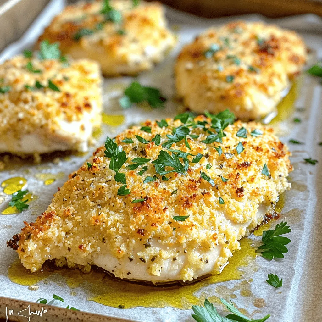 - 4 boneless, skinless chicken breasts - 1 cup grated Parmesan cheese - 1 cup breadcrumbs (preferably panko for extra crunch) - 2 teaspoons garlic powder - 1 teaspoon onion powder - 1 teaspoon dried Italian herbs (oregano, thyme, or basil) - Salt and pepper to taste - 2 large eggs - 2 tablespoons olive oil - 1 tablespoon fresh parsley, chopped (for garnish) To make this baked Parmesan crusted chicken, you will need simple, tasty ingredients. Start with chicken breasts. You want them boneless and skinless for the best results. The cheese and breadcrumbs give flavor and a crispy crust. I love using panko breadcrumbs because they add an extra crunch. Next, we have the seasonings. Garlic powder and onion powder bring a savory taste. Dried Italian herbs add warmth and aroma. Don't forget salt and pepper to enhance the flavors. For binding, we use eggs. They help the cheese and breadcrumbs stick to the chicken. Drizzling olive oil adds richness and helps the crust get crispy in the oven. Lastly, a sprinkle of fresh parsley makes the dish look bright and fresh. If you want the full details on how to prepare this dish, check the Full Recipe. - Preheat oven to 400°F (200°C). - Prepare baking sheet with parchment paper or olive oil. To start, I always make sure my oven is ready. Preheating helps cook the chicken evenly. A hot oven makes a big difference in getting that nice golden crust. I line my baking sheet with parchment paper. This step helps with cleanup and prevents sticking. - Combine Parmesan, breadcrumbs, and seasonings in a bowl. - Beat eggs and mix with olive oil. Next, I mix the grated Parmesan cheese, breadcrumbs, garlic powder, onion powder, dried herbs, salt, and pepper in a bowl. This blend gives the chicken its yummy flavor. In another bowl, I beat the eggs with a splash of olive oil. This mixture will help the crumbs stick well to the chicken. - Dip chicken in egg mixture, coat in breadcrumb mixture. - Place on baking sheet and drizzle with olive oil. - Bake for 25-30 minutes until crispy and cooked through (165°F/75°C). Now comes the fun part! I dip each chicken breast into the egg mix. Then I coat it in the breadcrumb mix. I make sure each piece is covered well. After that, I place the chicken on the prepared baking sheet. A light drizzle of olive oil goes on top to help it crisp up in the oven. I bake the chicken for 25-30 minutes until it’s golden and cooked through. The best part? I check the internal temperature to ensure it hits 165°F (75°C). This way, I know it’s safe and ready to enjoy! For the full recipe, visit the recipe section above. To make your chicken extra crispy, use panko breadcrumbs. They add a great crunch. When coating, make sure to dip the chicken in the egg mixture. Let any extra egg drip off. This helps the crust stick better. You can prepare the chicken ahead of time. This makes weeknight dinners quick and easy. Coat the chicken and store it in the fridge before baking. This way, you can just pop it in the oven when you’re ready. Use a meat thermometer to check if the chicken is done. It should reach an internal temperature of 165°F (75°C). After baking, let the chicken rest for a few minutes. This helps keep it juicy when you slice it. {{image_2}} You can make this dish even better by adding herbs. Try using fresh basil or thyme. These herbs bring out a new flavor. You can also add spices for heat. Paprika or cayenne pepper can give it a nice kick. You control the heat level, so make it just right for you. If you need a gluten-free option, use gluten-free breadcrumbs. They work just as well and give a nice crunch. You can also swap the cheese. Cheddar or pecorino cheese can add a different taste. Each cheese gives a unique twist to the dish. This chicken pairs well with roasted vegetables. The veggies add color and flavor to the plate. A fresh salad also complements this dish nicely. You can serve it with dipping sauces too. Marinara or garlic aioli can add extra flavor. Each bite will be a delight! For the full recipe, check out the details above. Store your Baked Parmesan Crusted Chicken in an airtight container in the refrigerator. This keeps it fresh and tasty. Make sure to eat it within 3-4 days for the best flavor. After that, the taste might change, and the chicken could dry out. You can freeze this chicken for later meals. Freeze it uncooked or after baking. Just make sure you seal it tightly and label it. This helps prevent freezer burn. When you want to enjoy it again, you can pull it out and cook or reheat it as needed. For the best texture, reheat your chicken in the oven. Preheat the oven to 350°F (175°C) and heat until warm. This way, the crust stays crispy. If you need a quick option, you can use the microwave. But remember, the crust might lose some of its crunch. Bake for 25-30 minutes for optimal results. The chicken should be golden brown and crispy. Always check that the internal temperature reaches 165°F (75°C). This ensures the chicken is safe and juicy. Yes, but thaw thoroughly before coating and baking. Frozen chicken can result in uneven cooking. You can thaw it overnight in the fridge or use the microwave for quick thawing. Just be careful not to partially cook it in the microwave. Alternatives include Pecorino Romano or nutritional yeast for a dairy-free option. Pecorino Romano has a similar texture but offers a sharper taste. Nutritional yeast gives a cheesy flavor without dairy. This blog post shared a simple recipe for Baked Parmesan Crusted Chicken. We covered key ingredients like chicken, cheese, and breadcrumbs. I explained the steps for coating and baking the chicken to ensure a crispy crust. You learned handy tips, like using panko for crunch and how to store leftovers. Finally, I offered variations to enhance flavors and serve dishes. With these tips, you can easily make a flavorful meal. Enjoy your cooking journey!