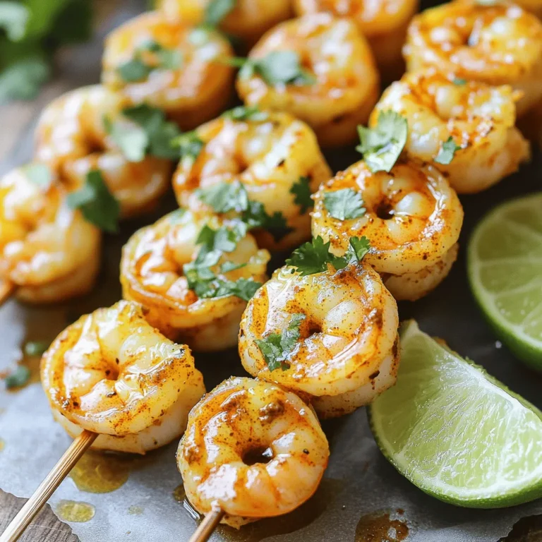 Chipotle lime shrimp skewers bring bold flavors to your plate. This dish shines with grilled shrimp marinated in a zesty mix of lime and chipotle. You can enjoy these skewers at any gathering or even a quiet dinner at home. To make chipotle lime shrimp skewers, gather these ingredients: - 1 pound large shrimp, peeled and deveined - 2 tablespoons olive oil - 2 tablespoons lime juice (freshly squeezed) - 1 tablespoon chipotle powder - 1 teaspoon garlic powder - 1 teaspoon paprika - 1 teaspoon ground cumin - Salt and pepper to taste - Fresh cilantro, chopped (for garnish) - Lime wedges (for serving) To cook these shrimp skewers, you need a few simple tools: - Medium bowl for mixing - Whisk for blending marinade - Grill or grill pan - Wooden or metal skewers - Tongs for flipping shrimp - Serving platter for presentation These tools make the cooking process easy and fun. With the right ingredients and tools, you can create a dish that bursts with flavor and impresses everyone at the table. For the full recipe, check out the [Full Recipe]. To start, mix the marinade. In a medium bowl, combine the olive oil, lime juice, chipotle powder, garlic powder, paprika, cumin, salt, and pepper. Whisk these ingredients well to create a smooth blend. This marinade gives the shrimp a zesty kick. The chipotle adds a nice smoky flavor, while the lime brings freshness. Next, it's time to marinate the shrimp. Add the shrimp to the bowl, making sure each piece is well coated. Cover the bowl and place it in the fridge. Let it sit for about 30 minutes. This step helps the shrimp absorb all those great flavors. You can even give the bowl a gentle shake now and then to mix things up. Now for the exciting part—grilling! Preheat your grill on medium-high heat. If you're using wooden skewers, soak them in water for 15-20 minutes. This prevents them from burning. Thread the marinated shrimp onto the skewers, about four to five per skewer. Make sure to leave some space between the shrimp for even cooking. Place the skewers on the grill. Cook them for 2-3 minutes on each side. The shrimp should turn pink and opaque when done. Avoid overcooking; you want them juicy. After grilling, let the skewers rest for a minute. Garnish with chopped cilantro and serve with lime wedges. For the full recipe, check back to the ingredient list above. Enjoy your flavorful dish! To cook shrimp perfectly, you need to watch the time closely. Cook them for about 2 to 3 minutes per side. They turn pink when done. If they curl tightly, they may be overcooked. Always check for a firm texture. Perfectly cooked shrimp should feel soft yet firm. You can switch up the marinade to suit your taste. Instead of lime juice, use lemon juice for a different zing. Swap chipotle powder for smoked paprika for a milder flavor. You can also add honey for sweetness. If you like heat, add more chipotle powder or some diced jalapeños. Fresh herbs like parsley or dill can also brighten the dish. For the best results, heat your grill to medium-high. This gives the shrimp a nice char without burning. If you have a gas grill, preheat it for about 10 minutes. For charcoal grills, make sure the coals are glowing and ashy. If using a grill pan, heat it on medium-high until hot. This helps to sear the shrimp quickly and evenly! For the full recipe, check out the complete instructions and tips. {{image_2}} For a kick, add more chipotle powder. You can also mix in cayenne pepper. This boosts the heat level without losing flavor. You can also use fresh jalapeños for a fresh twist. Chop them finely and stir them into the marinade. This will give your skewers an extra spicy surprise. To make BBQ shrimp skewers, swap the chipotle powder for your favorite BBQ spice mix. Use smoked paprika to keep that smoky flavor. Brush the shrimp with BBQ sauce while grilling for extra glaze. This gives a sweet and smoky flavor that everyone will love. Pair these skewers with coleslaw for a fun summer dish. Serve your chipotle lime shrimp skewers with tasty sides. A fresh mango salsa adds a bright, sweet touch. You can also serve them with a side of cilantro lime rice. This dish complements the shrimp’s flavor perfectly. For drinks, try a cold limeade or iced tea. Both will balance the spicy notes in the dish. For full steps, refer to the Full Recipe. To store leftover shrimp skewers, place them in an airtight container. Make sure the skewers are cool before sealing. This helps keep them fresh. You can store them in the fridge for up to two days. If you want to keep them longer, consider freezing. When you're ready to enjoy the leftovers, you can easily reheat them. The best way is to use a skillet. Heat the skillet over medium heat. Add a little olive oil to prevent sticking. Place the skewers in the skillet for about 3-4 minutes. Turn them occasionally until they are warm. You can also use a microwave, but they might lose some texture. If you plan to freeze the shrimp skewers, wrap them tightly in plastic wrap. Then, place them in a freezer-safe bag. They are good for up to three months in the freezer. When you want to eat them, let them thaw in the fridge overnight. After thawing, follow the reheating tips above to enjoy. For skewers, large shrimp work best. They hold up well on the grill. I prefer using shrimp that are peeled and deveined. This saves time and makes eating easier. Fresh shrimp is great, but frozen shrimp can also be good. Just thaw them before using. Yes, you can prepare the skewers ahead of time. Marinate the shrimp early in the day or even the night before. This lets the flavors soak in better. Just keep them in the fridge until you are ready to grill. You can also thread the shrimp onto the skewers in advance. Just cover them and store them in the fridge. These skewers pair well with many sides. Try serving them with rice or quinoa for a filling meal. A fresh salad adds a nice crunch too. You can also serve them with grilled veggies for extra flavor. Don’t forget lime wedges to squeeze over the shrimp. For a fun touch, serve with tortillas for a shrimp taco night. For the full recipe, check out the Chipotle Lime Shrimp Skewers guide. You learned how to make delicious shrimp skewers. We covered the main ingredients, tools, and the full recipe. I shared tips for cooking the shrimp just right and some tasty variations to try. Remember to store any leftovers properly and reheat them for best flavor. Keep these ideas in mind for your next grill night. Enjoy making these skewers perfect for any meal!