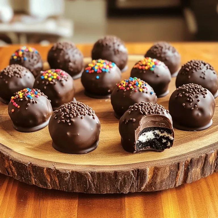 To make delicious Chocolate Covered Oreo Truffles, you need just a few simple ingredients. Here is what you will need: - 1 package (15.35 oz) Oreo cookies - 8 oz cream cheese, softened - 1 cup semisweet chocolate chips - 1 tablespoon coconut oil (optional) - Sprinkles or crushed Oreos for decoration This list keeps it easy for you. The Oreo cookies give a rich flavor. Cream cheese makes the filling smooth and creamy. Semisweet chocolate chips create a sweet outer layer that complements the cookies. Coconut oil helps the chocolate melt smoothly, but it’s not a must. You can choose colorful sprinkles or crushed Oreos to make your truffles look fun and festive. Using these ingredients, you can create a treat that everyone loves. It’s great for parties or just a sweet snack at home. I love how simple it is to bring these truffles together. You’ll impress your friends and family with this easy recipe. You can find the full recipe to guide you through the process. Enjoy every bite of these tasty treats! To start, you need to crush the Oreos. You can use a food processor or a rolling pin. If you choose a rolling pin, place the cookies in a zip-lock bag first. Aim for fine crumbs. Next, take your crushed Oreos and combine them with softened cream cheese in a large bowl. Use a spatula or your hands. Mix until everything is well blended and forms a dough-like consistency. Now comes the fun part! Take tablespoon-sized portions of your Oreo mixture and roll them into balls. Make sure they are even-sized for uniform truffles. Place your rolled truffles on a baking sheet lined with parchment paper. It’s time to chill! Put the baking sheet in the refrigerator for about 30 minutes. This step helps firm up the truffles, making them easier to dip later. While your truffles chill, let’s melt some chocolate. In a microwave-safe bowl, combine the semisweet chocolate chips with coconut oil if you want a smoother coating. Microwave in 30-second increments. Stir after each time until the chocolate is fully melted and smooth. Once your truffles are chilled, take each one and dip it into the melted chocolate using a fork. Make sure they are completely covered, then gently tap off any excess chocolate. While the chocolate is still wet, get creative! You can decorate your truffles with sprinkles or crushed Oreos. This adds a fun touch. Place the decorated truffles back on the baking sheet. Let them sit at room temperature or in the fridge until the chocolate sets completely. This may take a little time, but trust me, it is worth the wait! - Make sure your cream cheese is fully softened. This helps blend it well with the Oreos. - Chill the truffles adequately before dipping. This keeps their shape when coated in chocolate. - Use a double boiler for easier melting. It prevents the chocolate from burning. - Stir thoroughly to avoid clumping. Smooth chocolate makes for a better dip. - Present truffles in decorative packaging. This adds a special touch for gifts or parties. - Pair with coffee or milk for dessert. The flavors blend nicely and enhance your treat. For the full recipe, check out the Decadent Chocolate Covered Oreo Truffles section earlier in this article. {{image_2}} You can make your chocolate covered Oreo truffles even tastier. Try adding flavored extracts. Peppermint and almond extracts work great. Just a drop or two adds a fun twist. You can also mix in different types of chocolate. Use white chocolate for a sweet touch or dark chocolate for a rich flavor. Each type changes the taste and look of your truffles. If you have dietary needs, you can still enjoy these truffles. For gluten-free options, use gluten-free Oreos. This swap keeps the taste while fitting your diet. If you want vegan truffles, use dairy-free cream cheese. It gives the same creamy texture without any dairy. These changes let everyone enjoy this sweet treat. Be bold and get creative with your toppings! You can use chopped nuts for a crunchy texture. Colored sprinkles add a fun pop of color. If you want more sweetness, try crushed candy bars on top. Coconut flakes also make a tasty addition. Each topping gives your truffles a unique and fun twist. You should store your truffles in an airtight container. The refrigerator is best for this. They can stay fresh for up to two weeks. I love keeping them cold; it helps them hold their shape and flavor. If you want to keep your truffles longer, try freezing them. Simply place them in a freezer-safe container. When you’re ready to enjoy, thaw them in the fridge. This way, they taste fresh and delicious! Yes, try different sandwich cookies for unique flavors. Use chocolate cookies for a rich taste. Vanilla cookies give a lighter touch. Experiment with flavors like peanut butter or mint. Each option brings a new twist to your truffles. Consider reducing the amount of chocolate or using dark chocolate. Dark chocolate has a rich taste with less sugar. You can also add a pinch of salt. This balance can cut the sweetness nicely. It creates a more complex flavor that you may enjoy. Yes, chilling helps maintain shape during the chocolate coating process. Firm truffles hold up better when dipped. After rolling them, place them in the fridge for about 30 minutes. This step is key to getting that perfect chocolate coat. Peanut butter, caramel, or cookie dough flavors can be delicious alternatives. Mixing in peanut butter gives a creamy texture. Caramel adds a sweet, gooey surprise. You can even use flavored extracts to boost the taste. Check local bakeries or specialty shops for ready-made options. Many places sell these tasty treats. You might find unique flavors that you can’t make at home. Enjoy the convenience of grabbing a box for special occasions. For full details on making these treats, check the Full Recipe. These Oreo truffles are easy to make and fun to enjoy. You can crush Oreos, mix them with cream cheese, and form delightful bites. Dipping them in chocolate adds a rich finish. Remember to chill your truffles for the best texture. Get creative with flavors and toppings too! Store them right, and they’ll last up to two weeks in the fridge. Whether it's a special event or just a treat for yourself, these truffles are sure to please. Enjoy making them and sharing with friends and family!