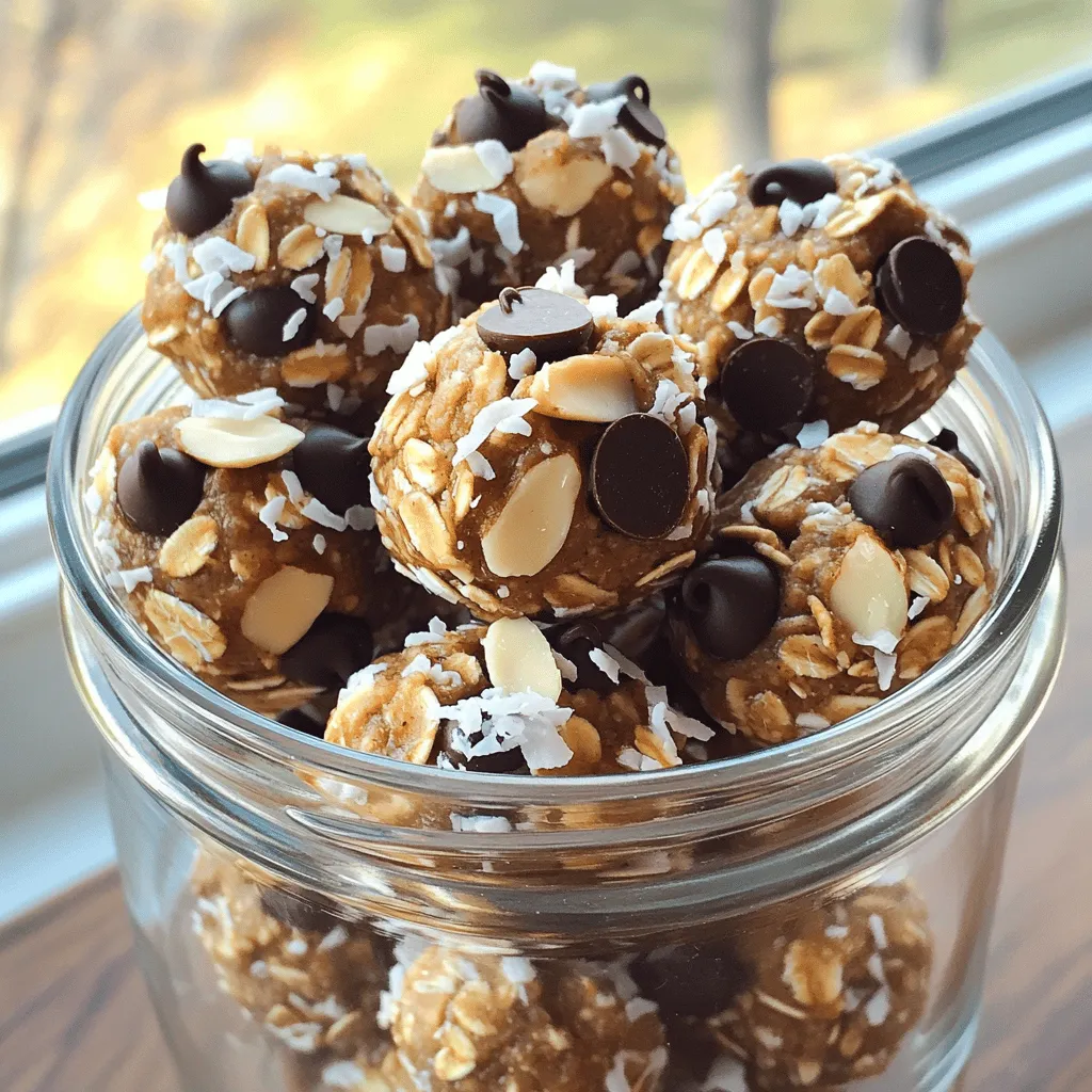 - 1 cup rolled oats - 1 cup almond butter - 1/2 cup shredded unsweetened coconut These main ingredients are the heart of your Almond Joy Energy Bites. Rolled oats provide fiber, giving you energy and keeping you full. Almond butter adds healthy fats and protein, making these bites more satisfying. Shredded coconut brings a delicious tropical flavor and a nice texture. - 1/4 cup honey or maple syrup - 1 teaspoon vanilla extract - 1/2 teaspoon sea salt For sweetness, you can use honey or maple syrup. Both options add a rich flavor. Vanilla extract enhances the overall taste, making it more delightful. Sea salt balances the sweetness and adds depth to every bite. - 1/4 cup mini dark chocolate chips - 1/4 cup chopped almonds Mini dark chocolate chips make these bites even more fun. They add a sweet, chocolatey burst in every mouthful. Chopped almonds give a crunch that contrasts with the softness of the other ingredients. This mix of textures makes them exciting to eat. You can find the complete recipe [Full Recipe]. - Step 1: Combine ingredients in a large mixing bowl. Start with rolled oats, almond butter, shredded coconut, honey, and vanilla extract. Mix these until you see a smooth blend. - Step 2: Ensure all ingredients are thoroughly mixed. You want a thick, sticky mixture that holds well together. - Step 3: Scoop and roll the mixture into bite-sized balls. Aim for about one inch in diameter. This size is easy to eat and perfect for snacking. - Step 4: Place on a parchment-lined baking sheet. This helps prevent sticking and makes cleanup easier. - Step 5: Refrigerate for at least 30 minutes. This step helps the bites firm up nicely. - Step 6: Transfer to an airtight container. Store them in the fridge where they can last up to a week. Enjoy them whenever you need a tasty pick-me-up! For the full recipe, check out the complete instructions above. To get the best Almond Joy Energy Bites, use room temperature almond butter. This makes mixing much easier. You can also change the size of the bites. Make them big or small based on what you like. When you serve these bites, arrange them nicely on a plate. You can use a clear glass jar for a fun look. For extra charm, sprinkle some shredded coconut or chopped almonds on top. This makes the bites more eye-catching. These energy bites taste great with a glass of milk or nut milk. They also work well as a post-workout snack or a treat during lunch. Feel free to enjoy them any time you need a boost. If you want to make them even better, check out the Full Recipe for more tips! {{image_2}} You can easily change the taste of your Almond Joy Energy Bites. Try swapping almond butter for another nut butter, like peanut or cashew. This simple switch gives a new flavor twist. You can also add different mix-ins. Consider using dried fruits like cranberries or raisins. Seeds, like chia or pumpkin, add crunch and nutrition. The texture of these bites can be fun to play with too. Experiment with different types of chocolate. Use dark, milk, or even white chocolate for a sweet touch. If you want to boost the nutrition, add protein powder. This makes your bites more filling and adds a protein punch. You can make these bites fit various diets. To make them vegan, just use maple syrup instead of honey. This keeps them sweet and plant-based. If you need them gluten-free, check that your oats are not cross-contaminated with gluten. This way, everyone can enjoy these tasty snacks. For the full recipe, check out the complete guide to making these delicious bites. To keep your Almond Joy Energy Bites fresh, store them in an airtight container in the refrigerator. This helps maintain their texture and flavor. Always keep them away from direct sunlight and heat. This prevents them from getting too warm and losing their yummy taste. These energy bites are good for up to a week in the fridge. If you want to store them for longer, you can freeze them. They can last in the freezer for up to three months. Just make sure to keep them in an airtight container to avoid freezer burn. When you’re ready to enjoy your frozen energy bites, leave them at room temperature for a few minutes. This makes them easy to eat. For the best results, refrigerate them overnight if they are frozen. This way, they will taste fresh and delightful when you’re ready to snack. Yes, adjust honey or maple syrup to taste. If you want less sweetness, start with half. You can always add more later if you need it sweeter. This way, you control the flavor to match your liking. They are a nutritious snack that kids generally enjoy. The mix of oats, chocolate, and nuts makes them tasty. Plus, they are fun to eat! Kids love the chewy texture and the sweet bits of chocolate. Yes, they can be prepared in advance and stored for later use. Make a batch over the weekend and enjoy them all week. This saves time and gives you quick snacks ready to go. They should be firm after chilling for at least 30 minutes. Check them by pressing gently. If they hold their shape, they are ready to eat. Enjoy your Almond Joy Energy Bites as a quick treat or snack! You learned how to make Almond Joy Energy Bites with simple ingredients. Combine oats, almond butter, and coconut for a tasty mix. Sweeten with honey or maple syrup, and add chocolate chips for fun. Follow the steps to roll and chill the bites. These treats are easy to customize and store well. Enjoy them as snacks or post-workout fuel. With endless variations, you can always explore new flavors. Get ready to share these tasty bites with friends and family!