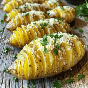 - 4 medium russet potatoes - 4 tablespoons unsalted butter, melted - 4 cloves garlic, minced - 1 teaspoon dried thyme - 1 teaspoon dried oregano - Salt and pepper to taste - Fresh parsley, chopped (for garnish) - 1 cup grated Parmesan cheese The main ingredients in this dish create a rich and satisfying flavor. The russet potatoes serve as a hearty base. Their starchy texture makes them perfect for baking. The melted butter adds a creamy touch while the minced garlic gives it a bold kick. For seasoning, dried thyme and oregano bring out herbal notes. Salt and pepper help balance the dish. Fresh parsley adds a burst of color and freshness at the end. The cheese component is key. Grated Parmesan cheese melts beautifully and provides a salty, nutty flavor. It also creates a lovely golden crust on top. This mix of ingredients turns simple potatoes into an irresistible delight. You can find the full recipe to make these Garlic Parmesan Hasselback Potatoes and enjoy this delicious dish. - Preheat the oven to 425°F (220°C). - Wash and scrub the potatoes thoroughly. This step cleans off dirt and helps the skin crisp up. - Make horizontal slices to create Hasselback cuts. - Cut about 1/8 inch apart, but do not cut all the way through. This keeps the potato intact. The cuts allow for crispiness and flavor to soak in. - Mix the melted butter, minced garlic, dried thyme, oregano, salt, and pepper in a bowl. - Brush this garlic butter mix over each potato. Let it seep into the cuts for maximum flavor. - Place the potatoes on a baking sheet lined with parchment paper. This helps with easy cleanup. - Bake the potatoes for 40-45 minutes, brushing with more garlic butter halfway through for extra flavor. These steps will help you create perfectly crispy and tasty Garlic Parmesan Hasselback Potatoes. For the complete recipe, check the Full Recipe section. To make sure your Hasselback potatoes cook evenly, slice them correctly. Cut the potatoes into thin slices, about 1/8 inch apart. Do not cut all the way through. Leave about 1/4 inch at the bottom. This helps the potato hold its shape and cook evenly. If your potatoes are larger, make deeper cuts. Always check if they are tender by sticking a fork in them. You can add more flavor to your Garlic Parmesan Hasselback potatoes. Try using smoked paprika for a smoky taste. A sprinkle of red pepper flakes gives it a nice kick. You can also add fresh herbs like rosemary or basil. Just chop them finely and mix them into your garlic butter. This will make the dish even more exciting. For a stunning presentation, arrange the potatoes on a serving platter. You can fan them out slightly for a beautiful look. Drizzle some of the leftover garlic butter over the top before serving. This adds shine and extra flavor. Finally, sprinkle chopped parsley on top. The green color will pop against the golden potatoes. For the best effect, serve them right away while they are hot. For the complete recipe, check out the [Full Recipe]. {{image_2}} You can easily change the herbs in this recipe. Use fresh herbs for a brighter taste. Here are some options to try: - Rosemary: Adds a pine-like flavor that pairs well with garlic. - Basil: Offers a sweet, slightly peppery taste. - Sage: Provides a warm, earthy flavor that complements the potatoes. Feel free to mix and match these herbs. Each one brings its unique touch, making your dish special. If you want to switch up the cheese, there are many tasty options. Each type of cheese gives a different flavor. Here are a few ideas: - Cheddar: Sharp and creamy, cheddar melts beautifully. - Gruyère: This Swiss cheese adds a nutty flavor. - Feta: Crumbled feta gives a salty and tangy twist. Experiment with these cheeses to find your favorite combination. You can make this recipe fit different diets. Here are some easy swaps: - Gluten-Free: Use certified gluten-free breadcrumbs instead of regular ones. - Dairy-Free: Replace butter with olive oil and use a dairy-free cheese option. These changes make it easier for everyone to enjoy this dish. Don't hesitate to customize it to fit your needs. For the complete recipe, check the Full Recipe section. To store leftover Garlic Parmesan Hasselback Potatoes, let them cool first. Place them in an airtight container. Make sure to keep them in the fridge. They will stay fresh for about three to four days. If you want to enjoy them later, store them without the cheese on top. This way, the potatoes will hold up better. When reheating, the goal is to keep the crispness. The best method is to use an oven. Preheat it to 350°F (175°C). Place the potatoes on a baking sheet. Heat them for about 15 to 20 minutes. This helps restore their crunch. You can cover them loosely with foil to prevent drying out. If you like, add a bit more cheese on top before reheating for extra flavor. Yes, you can freeze these delicious potatoes! To do this, let them cool completely. Wrap each potato tightly in plastic wrap. Then place them in a freezer-safe bag. They can last up to two months in the freezer. When you want to eat them, thaw them in the fridge overnight. After that, reheat in the oven as mentioned above. This keeps them tasty and fresh! For the full recipe, check out the details and get cooking! Hasselback potatoes are a fun and tasty style of baked potato. They have thin, evenly spaced slices cut into the potato, but not all the way through. This style lets the butter and seasonings seep in, making every bite delicious. The name comes from a restaurant in Sweden called Hasselbacken, where this style first appeared. The crispy edges and tender inside make them a favorite! Yes, you can! To prepare these potatoes ahead of time, follow these steps: - Wash and slice the potatoes as directed in the recipe. - Mix your garlic butter, but don't bake them yet. - Place the sliced potatoes in a bowl of water with lemon juice to stop browning. - Cover and store in the fridge for up to 24 hours. - When ready, brush with the garlic butter and bake according to the full recipe. This way, you can save time on busy days. Hasselback potatoes pair well with many dishes. Here are some ideas: - Grilled chicken for a hearty meal - A fresh salad to balance the flavors - Steamed vegetables for a healthy side - Steak or pork for a filling dinner These sides enhance the meal while keeping the focus on the garlic parmesan goodness of the potatoes. Enjoy your cooking! In this article, we explored making Garlic Parmesan Hasselback Potatoes. You learned about the ingredients, from russet potatoes to cheese options. I shared step-by-step instructions, helpful tips, and variations for personalization. Storing and reheating methods ensure delicious leftovers. Remember, this dish not only dazzles your guests but also adds a tasty twist to meals. Try different herbs and cheeses to make it your own. Enjoy the cooking process and share your creations!