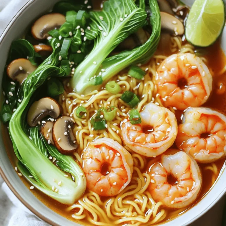 - 200g fresh shrimp, peeled and deveined - 150g ramen noodles - 4 cups vegetable or seafood broth The main ingredients give this dish its heart. Fresh shrimp brings sweet seafood flavor. Ramen noodles add a chewy texture. Vegetable or seafood broth serves as a warm base. - 2 tablespoons soy sauce - 2 teaspoons sriracha (adjust to taste) - 1 teaspoon sesame oil Flavor enhancers turn good into great. Soy sauce deepens the umami taste. Sriracha adds heat and excitement. Sesame oil gives a nutty richness to the broth. - 1 tablespoon ginger, grated - 2 cloves garlic, minced - 1 green onion, finely sliced - 1 cup baby bok choy, halved - 1/2 cup shiitake mushrooms, sliced Fresh additions make the dish vibrant. Ginger and garlic offer aromatic notes. Green onions add a fresh crunch. Baby bok choy and shiitake mushrooms provide color and nutrition. This is a full flavor experience. Each ingredient plays a role, creating a balanced and delicious bowl. For complete details, check out the Full Recipe. Start by heating sesame oil in a large pot over medium heat. Add minced garlic and grated ginger. Sauté them for about one minute until they smell great. Next, pour in four cups of vegetable or seafood broth. Bring it to a gentle simmer. Add soy sauce and sriracha to the broth. You can adjust the sriracha for your heat level. Let this simmer for five minutes to blend all the flavors. While the broth simmers, it's time to cook the ramen noodles. Follow the package instructions, which usually takes about four to five minutes. Once done, drain the noodles and set them aside, keeping them warm. In the simmering broth, add the fresh shrimp. Cook them for about three to four minutes until they turn pink and opaque. Then, toss in sliced shiitake mushrooms and halved baby bok choy. Cook for another two to three minutes until the bok choy is tender. Now, divide the cooked ramen noodles into bowls. Carefully ladle the shrimp broth mixture over the noodles. For a beautiful finish, garnish with sliced green onions and sesame seeds. Serve with lime wedges on the side for that zesty touch. Enjoy your flavor-packed delight! For the complete cooking guide, check the Full Recipe. To make your spicy shrimp ramen bowls shine, adjust the spice to your taste. Start with a small amount of sriracha and add more if you want more heat. Simmer your broth gently. This helps the flavors mix and grow. A longer simmer means a deeper taste. Cooking shrimp well is key. Add shrimp to the broth when it simmers, and cook for just 3-4 minutes. Watch them closely. Once they turn pink and opaque, they are done. For ramen, follow the package directions closely. Drain them lightly, so they stay firm and do not get mushy. Make your dish visually appealing. Garnish with sliced green onions and a sprinkle of sesame seeds. This adds color and crunch. Serve with lime wedges on the side. This adds a fresh burst of flavor right before you eat. For the complete dish, check out the Full Recipe. {{image_2}} You can easily swap shrimp for tofu or chicken. Tofu gives a nice plant-based vibe. Chicken adds heartiness and flavor. Both options work well in this dish. For vegetables, consider using: - Spinach instead of bok choy - Bell peppers for a crunch - Carrots for sweetness These swaps keep your ramen exciting and fresh. You have two main choices for broth: homemade or store-bought. Homemade broth is rich and full of flavor. It takes time but is worth it. Store-bought broth is quick and convenient. Choose a high-quality brand for the best taste. You can also experiment with different flavors. Try adding miso for depth. Coconut milk can bring creaminess. Adjust the spices to create a unique broth each time. Extra toppings can elevate your ramen bowls. Consider these garnishes: - Sliced radishes for crunch - Fresh cilantro for brightness - Soft-boiled eggs for richness You can also add more protein and veggies. Try using: - Grilled chicken for extra protein - Edamame for a boost of nutrients - Snap peas for a fresh bite These additions keep your meal fun and flavorful. For the full recipe, check the section above! To keep your spicy shrimp ramen fresh, store it in the fridge. Use an airtight container to prevent any smells from mixing. Ideally, you should eat leftovers within 2 days. This will ensure it stays tasty and safe to eat. When you are ready to reheat, the best method is on the stove. Pour the ramen into a pot over medium heat. Stir gently to warm it evenly. If you use a microwave, place it in a safe dish and cover it loosely. Heat in short bursts, checking often. This helps keep the noodles from getting mushy. Yes, you can freeze spicy shrimp ramen bowls! However, it’s best to freeze the broth and noodles separately. Use freezer-safe containers and leave some space for expansion. It can stay fresh in the freezer for up to 3 months. When you want to eat it, thaw overnight in the fridge and reheat as mentioned above. Enjoy your meal anytime! I always prefer fresh shrimp. Fresh shrimp tastes better and has a firmer texture. It cooks quickly and absorbs flavors well. However, frozen shrimp is also a good option. It is often just as tasty if thawed properly. Make sure to buy high-quality shrimp whether fresh or frozen for the best results. Yes, you can easily make this dish gluten-free. Look for gluten-free ramen noodles in stores. There are many options available now. For the broth, choose a gluten-free soy sauce. This way, you can enjoy a tasty bowl without gluten. If you want to lower the heat, reduce the amount of sriracha. You can also skip the chili flakes altogether. Add more broth or coconut milk to balance the spice. This will still keep your ramen flavorful without the burn. For a complete meal, try serving this ramen with a simple salad. A cucumber salad or a side of edamame works well. You can also add some spring rolls or dumplings for a fun twist. Each side complements the noodles and shrimp nicely. You now know how to make spicy shrimp ramen bowls. We covered main ingredients like shrimp and ramen. We explored flavorful additions like ginger, soy sauce, and sriracha. I shared step-by-step instructions to help you succeed. You learned tips for turning up the flavor and cooking shrimp perfectly. Finally, we discussed ways to store and reheat your dish. With these insights, you can enjoy a tasty, satisfying meal anytime. Get cooking and enjoy your delicious creation!