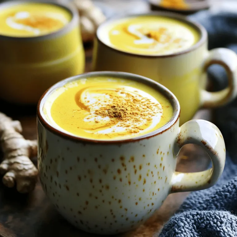 - 2 cups unsweetened almond milk (or any milk of your choice) - 1 tablespoon turmeric powder - 1 tablespoon fresh ginger, grated (or 1 teaspoon ginger powder) - 1-2 tablespoons maple syrup or honey (to taste) - 1/2 teaspoon cinnamon powder - A pinch of black pepper (enhances turmeric absorption) - 1/2 teaspoon vanilla extract (optional) - A sprinkle of gold dust or ground nutmeg for garnish (optional) The ingredients for the Turmeric Ginger Golden Milk Latte are simple but powerful. Each one brings its own flavor and health benefits. I love using almond milk, but you can choose any milk you like. The creaminess of the milk makes it a cozy drink. Turmeric powder gives the latte its bright color and health benefits. Fresh ginger adds a spicy kick. Honey or maple syrup balances the spices with sweetness. Cinnamon brings warmth and a hint of sweetness, too. Black pepper is a key ingredient. It helps your body absorb turmeric. The vanilla extract gives a lovely aroma. If you want to impress, a sprinkle of gold dust or nutmeg makes it look fancy. - Turmeric: This spice is known for its anti-inflammatory and antioxidant properties. It fights free radicals and helps your body heal. - Ginger: Ginger supports digestion and may reduce nausea. It can ease stomach issues and boost your immune system. - Cinnamon: This spice may help regulate blood sugar levels. It adds a sweet flavor while keeping your body balanced. These ingredients not only make this drink tasty, but they also promote wellness. Enjoying a cup of this latte can be a great way to support your health. For the full recipe, check the details above. - Combine 2 cups of unsweetened almond milk, 1 tablespoon of turmeric, 1 tablespoon of grated ginger, and a pinch of black pepper in a saucepan. - Use medium heat and whisk constantly to prevent lumps. This step is key for a smooth drink. - Incorporate 1 to 2 tablespoons of maple syrup or honey, 1/2 teaspoon of cinnamon, and 1/2 teaspoon of vanilla extract if you like. - Whisk continuously for about 2-3 minutes. This helps blend all the flavors well. - Strain the latte into mugs to remove any ginger bits. This makes your drink silky and pleasant. - Serve hot and add optional garnishes like a sprinkle of gold dust or ground nutmeg for a special touch. For the full recipe, check the section above. Enjoy your energizing comfort drink! - Use fresh ingredients for the best flavor. Fresh ginger and turmeric give the drink a vibrant taste. - Adjust sweetness according to your taste preference. You can add more or less maple syrup or honey. - Black pepper is key for turmeric absorption. It helps your body use turmeric better. - Try alternative spices for flavor variations. Cardamom, nutmeg, or even cayenne can add a twist. - Pair with healthy snacks. This latte goes well with nuts or whole-grain toast. - Enjoy as a morning energizer. It’s also perfect for cozy evenings or as a comforting drink. {{image_2}} You can make your turmeric ginger golden milk latte dairy-free easily. Instead of almond milk, try these options: - Coconut milk - Oat milk - Soy milk Each milk brings its own flavor. Coconut milk adds a creamy sweetness. Oat milk gives a nutty taste. Soy milk offers a rich texture. Adjust your spices to match the milk you choose. If you use coconut milk, you might want less sweetener. This helps keep the balance. Want a kick? Add cayenne pepper to your latte! Just a pinch can wake up your taste buds. It adds warmth and spice. You can also mix in chai spices for a fun twist. Think about cardamom, cloves, and black pepper. These spices work well with turmeric and ginger. They make your drink even more exciting. If you want a low-calorie option, use stevia or agave instead of sugar. Both sweeteners blend nicely. You can also try flavored syrups, like vanilla or caramel. These add a fun twist to the drink. If you like it sweet, taste as you go. Adjust until it’s just right for you. For the full recipe, check out the complete list of ingredients and instructions. After making your delicious Turmeric Ginger Golden Milk Latte, store any leftovers in an airtight container. This keeps it fresh for up to 3 days. When you’re ready to enjoy it again, reheat it gently. You can use the stove or the microwave. Just make sure not to let it boil. You can freeze this latte if you want to keep it longer. Pour the cooled latte into ice cube trays or freezer-safe containers. Make sure to leave some space for expansion. When you’re ready to drink it, thaw it overnight in the fridge. To heat, warm it gently on the stove. You can also blend it with a little fresh milk for a smooth texture. I love using unsweetened almond milk for its light flavor and creaminess. It blends well with spices. Coconut milk adds a rich taste, while oat milk gives a smooth texture. You may also try soy milk if you prefer a protein boost. Each type of milk changes the drink’s flavor. Experiment to find your favorite! Yes, this latte is easy to make vegan! Use almond milk, coconut milk, or any plant-based milk. Substitute honey with maple syrup for sweetness. This keeps your drink vegan-friendly while still tasting great. You won't miss the dairy at all! Turmeric is known for its anti-inflammatory properties. It helps reduce pain and improves your immune system. Ginger aids digestion and can soothe nausea. The combination of these two spices can boost your overall wellness. Regularly enjoying this latte may help keep you healthy and feeling good. You can easily tailor the latte to match your taste! For sweetness, add more or less maple syrup or honey. If you like spice, increase the ginger or add a pinch of cayenne pepper. Want it creamier? Use full-fat coconut milk. Don't hesitate to play with the recipe until it’s perfect for you. For the full recipe, check the earlier section. Making a Turmeric Ginger Golden Milk Latte is simple and rewarding. You learned about the key ingredients and their health benefits, how to prepare it step-by-step, and ways to tweak the recipe. You can even store or freeze your leftovers for later. This drink not only warms you up but also brings health benefits to your day. Enjoying this latte can boost your wellness routine. Remember, feel free to experiment and make it your own!
