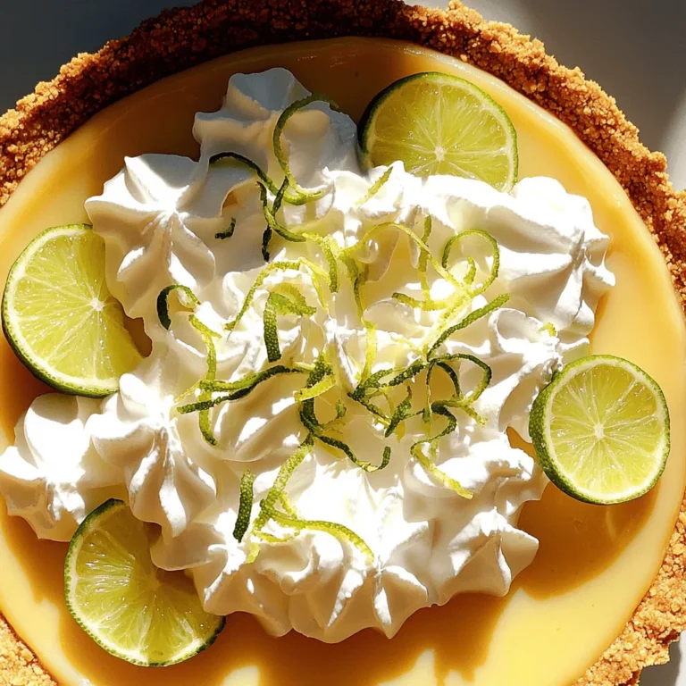 To make a classic key lime pie, gather these simple ingredients: - 1 ½ cups graham cracker crumbs - ½ cup unsweetened coconut flakes - ⅓ cup granulated sugar - ½ cup unsalted butter, melted - 4 large egg yolks - 1 (14 oz) can sweetened condensed milk - ½ cup freshly squeezed key lime juice (about 12 key limes) - Zest of 2 key limes - 1 cup heavy whipping cream - 2 tablespoons powdered sugar - Lime slices and extra zest for garnish These ingredients create a sweet and tangy pie that sings with flavor. The graham cracker crust gives a crunchy base. The filling is creamy and zesty, thanks to the key lime juice. If you need to swap ingredients, here are a few ideas: - Use regular limes instead of key limes if they are hard to find. The taste will change slightly but still be good. - Swap coconut flakes for crushed nuts for a different texture in the crust. - Use light sweetened condensed milk to cut some calories. - If you want a dairy-free option, use coconut cream instead of heavy whipping cream. These substitutions can make the pie fit your needs while keeping it tasty. To pick the best key limes, look for these signs: - Choose limes that feel heavy for their size. This means they have more juice. - Look for limes that are smooth and firm. Avoid any that feel soft or have blemishes. - If you can, smell the limes. A sweet, fresh scent means they are ripe. Fresh key limes can elevate your pie to a whole new level. You’ll notice the bright flavor in every bite! For the full recipe, visit the [Full Recipe]. Making classic key lime pie is easy and fun. You will need to follow a few simple steps. First, you will prepare the crust. Next, you will mix the lime filling. Finally, you will bake and cool the pie. This recipe takes about 20 minutes to prep and 2 hours to chill. To start, gather your ingredients for the crust. You will need: - 1 ½ cups graham cracker crumbs - ½ cup unsweetened coconut flakes - ⅓ cup granulated sugar - ½ cup unsalted butter, melted 1. Preheat your oven to 350°F (175°C). 2. In a mixing bowl, mix the graham cracker crumbs, coconut flakes, and granulated sugar. 3. Pour in the melted butter and stir until it looks like wet sand. 4. Firmly press the mixture into the bottom and sides of a 9-inch pie pan. 5. Bake the crust for 8-10 minutes, until the edges are lightly golden. 6. Remove the crust from the oven and let it cool completely. Now, let’s make the lime filling. You will need: - 4 large egg yolks - 1 (14 oz) can sweetened condensed milk - ½ cup freshly squeezed key lime juice (about 12 key limes) - Zest of 2 key limes 1. In a large bowl, whisk the egg yolks until they turn pale. 2. Add the sweetened condensed milk to the bowl. 3. Pour in the key lime juice and lime zest. 4. Whisk the mixture until it is smooth and well combined. Next, it’s time to bake the filling. 1. Pour the lime mixture into your cooled crust. 2. Bake in the oven for 15 minutes, just until the filling is set. 3. After baking, remove the pie from the oven and let it cool at room temperature. 4. Refrigerate the pie for at least 2 hours to chill completely. Once chilled, you can top it with whipped cream and garnish it with lime slices and zest. Enjoy this zesty treat! For the complete details on how to make this pie, refer to the Full Recipe. To get the best texture for your Key Lime Pie, the filling needs to be smooth. Start by whisking the egg yolks until they look pale and creamy. This adds air and helps the pie rise slightly. Mix in the sweetened condensed milk slowly, then add the lime juice and zest. Make sure to whisk until everything blends well. This will give your pie that perfect creamy feel. Bake it just long enough to set, but not too long. Overbaking can make it rubbery. Making whipped cream at home is easy and fun! You will need heavy whipping cream and powdered sugar. Start with cold cream. Pour it into a bowl and use an electric mixer. Beat it on medium speed until soft peaks form. This usually takes about 2-3 minutes. Gradually add the powdered sugar and keep beating until stiff peaks form. This means the cream will hold its shape. Use it right away to top your chilled pie. You can even add a little vanilla for extra flavor! If your pie cracks, it may have baked too long. Make sure to check your filling after 15 minutes. A slight jiggle is okay! If your crust is too crumbly, try adding a bit more melted butter. When cooling, let it sit at room temperature before refrigerating. This helps avoid condensation. If your whipped cream doesn’t hold up, you might not have whipped it enough. Always use cold cream for the best results. For more details, check the Full Recipe. {{image_2}} Key lime pie is a classic dessert, but you can change it up in fun ways! If you love meringue, try adding it to your pie. Meringue is a light and fluffy topping made from egg whites. To make it, beat the egg whites until they form stiff peaks. Then, slowly add sugar until the mixture is glossy and thick. Spread it over the cooled pie and bake until golden. This adds a sweet and crunchy layer on top of the tart filling. For a gluten-free version of key lime pie, use almond flour or gluten-free graham crackers for the crust. You can also crush gluten-free cookies for a tasty base. The filling remains the same, so you still get that tangy flavor. This way, everyone can enjoy a slice! You can get creative with your crust. Instead of the classic graham cracker crust, think about using Oreo cookies or gingersnap cookies. Just crush them and mix with melted butter. You can also try a nut crust made from ground almonds or pecans. Each option gives a unique flavor that pairs well with the lime filling. For the full recipe, check out Zesty Classic Key Lime Pie. After enjoying your zesty classic key lime pie, you may have some leftovers. To keep it fresh, cover the pie with plastic wrap or foil. Store it in the fridge. This way, it stays cool and tasty. Make sure to eat it within three days for the best flavor. If you have slices, use an airtight container to keep them fresh. Freezing key lime pie is an excellent way to save it for later. First, let the pie cool completely after baking. Then, wrap it tightly in plastic wrap. After that, wrap it in foil for extra protection. You can also slice the pie before freezing for easy serving. When you’re ready to enjoy it, thaw the pie in the fridge overnight. This keeps the texture and flavor intact. Key lime pie can last in the refrigerator for about 3-4 days. If frozen, it stays good for about 2-3 months. You don’t need to reheat the pie; it’s best served cold. If you want to serve it warm, try putting it in the oven at a low temperature for a few minutes. Just be careful not to overheat it. The goal is to keep that creamy texture and tangy flavor. For the full recipe, check out the zesty classic key lime pie section! If you can't find key limes, use regular limes. They work well in this pie. The flavor will be slightly different but still tangy and tasty. You can also mix regular limes with a little lemon juice for extra zing. Yes, you can make Key Lime Pie ahead of time. It tastes even better after chilling. Just bake the pie, let it cool, and then refrigerate it. You can prepare it a day or two before serving. Just add the whipped cream before serving for the best texture. To check if the filling is set, gently shake the pie. If the center slightly jiggles but is firm, it’s ready. The filling will firm up more as it cools. Bake it for about 15 minutes to help it set properly. Key Lime Pie pairs well with fresh fruit. Berries or mango slices make great sides. You can also serve it with whipped cream on top. Some people enjoy a scoop of vanilla ice cream with it, too. For extra flair, add lime zest or slices as a garnish. For the full recipe, check out the Zesty Classic Key Lime Pie section above. Key lime pie is a simple and delicious treat. We explored the ingredients, substitutions, and tips for fresh key limes. I shared step-by-step instructions for the crust and filling, plus baking tips. You learned tricks for the perfect pie texture and homemade whipped cream. Variations include meringue and gluten-free options. We covered best storage methods and answered common questions about making this classic dessert. Now, you have everything you need to make a great key lime pie! Enjoy your baking adventure.