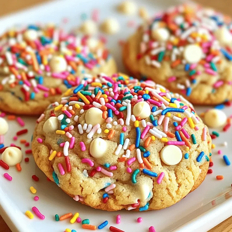 To make Funfetti Birthday Cake Cookies, gather these ingredients: - 1 cup unsalted butter, softened - 1 cup granulated sugar - 1/2 cup brown sugar, packed - 2 large eggs - 2 teaspoons vanilla extract - 3 cups all-purpose flour - 1 teaspoon baking soda - 1/2 teaspoon salt - 1 cup rainbow sprinkles (plus extra for topping) - 1 cup white chocolate chips You will need some basic kitchen tools to make these cookies: - Mixing bowls - Whisk - Cookie scoop or tablespoon - Baking sheets - Parchment paper - Oven To get the best flavors and textures, consider these tips: - Use fresh eggs for a light and fluffy cookie. - Choose high-quality vanilla extract for deeper flavor. - Opt for unsalted butter to control the saltiness. - Select vibrant rainbow sprinkles for a fun look. - Use good-quality white chocolate chips for a rich taste. These choices help create delicious cookies that everyone will love. For the full recipe, refer to the top of this section. First, gather all your ingredients. You will need butter, sugar, eggs, and more. Start by preheating your oven to 350°F (175°C). Line two baking sheets with parchment paper. This helps the cookies not stick. In a big bowl, cream the softened butter, granulated sugar, and brown sugar. Mix until it’s light and fluffy. This usually takes about 3-4 minutes. Next, add the eggs one at a time. Then, stir in the vanilla extract. Mix well after each egg. In another bowl, whisk together the flour, baking soda, and salt. Now, add this dry mix to the wet ingredients. Mix until just combined. Do not overmix. It’s fine if there are some lumps. Then, gently fold in the rainbow sprinkles and white chocolate chips. Make sure they are spread evenly throughout the dough. Using a cookie scoop or tablespoon, drop balls of dough onto the prepared baking sheets. Leave about 2 inches of space between each cookie. This allows them to spread as they bake. For a fun touch, sprinkle a few extra rainbow sprinkles on top of each cookie. Bake in your preheated oven for 10-12 minutes. Look for lightly golden edges and soft centers. Keep an eye on them to avoid overbaking. Once baked, let the cookies cool on the baking sheets for about 5 minutes. This helps them firm up a bit. After that, transfer the cookies to a wire rack to cool completely. These cookies are best served fresh. They pair well with milk or can be enjoyed on their own. For the full recipe, just refer back to the earlier section! To make these cookies perfect, use room-temperature butter. This helps the butter mix well with sugar. Cream the butter and sugars for a fluffy texture. Mix until it looks light and soft. Add the eggs one by one. This way, your dough stays smooth. Be careful when mixing the dry and wet ingredients. Mix only until you see no flour. Overmixing can make your cookies tough. Gently fold in the sprinkles and white chocolate chips. This keeps them bright and colorful. One common mistake is using cold butter. Cold butter will not cream well with sugars. This can lead to dense cookies. Another mistake is overbaking. Watch your cookies closely. They should be lightly golden at the edges and soft in the center. Avoid skipping the resting time. Let the cookies cool on the baking sheet before moving them. This helps them set up right. The best temperature for baking cookies is 350°F (175°C). Make sure your oven is preheated. This helps cookies bake evenly. Use parchment paper on your baking sheets. It prevents sticking and makes cleanup easy. If you live in a humid area, you might need to adjust the flour. Too much moisture can make your cookies spread too much. Keep your dough in the fridge for a short time if it seems too sticky. This helps it hold its shape better. For more details on making these delicious cookies, check the Full Recipe. {{image_2}} You can easily make these cookies gluten-free. Use a 1:1 gluten-free flour blend instead of all-purpose flour. For a vegan version, swap the butter for coconut oil and the eggs for flax eggs. Just mix one tablespoon of flaxseed meal with three tablespoons of water and let it sit for five minutes. This will create a great egg substitute. Both options keep the cookie's texture soft and chewy. You can switch up the flavors to fit your taste. Try using chocolate sprinkles instead of rainbow ones for a rich twist. Adding in crushed Oreos or chopped nuts can give your cookies extra crunch. You might even add a hint of almond extract for a unique flavor. The mix of flavors helps keep things fun and fresh! Presentation can make your cookies shine at any event. Stack the cookies in a tall glass jar for a fun display. You can also drizzle melted chocolate on top for an extra treat. Use colorful plates or napkins for a festive look. Feel free to add a birthday candle on top for a special touch. These simple ideas can elevate your cookie game! To keep your Funfetti Birthday Cake Cookies fresh, store them in an airtight container. Use a container that fits the cookies snugly, but not too tight. This helps keep them soft and chewy. You can add a slice of bread to the container. The bread helps maintain moisture. Store the cookies at room temperature for up to a week. You can freeze these cookies for later enjoyment. First, let the cookies cool completely. Then, place them in a single layer on a baking sheet. Freeze them for about an hour. Once frozen, transfer the cookies to a freezer-safe bag. Remove as much air as possible. They can last for up to three months in the freezer. You can thaw them at room temperature when you’re ready to eat. To keep your cookies fresh after baking, avoid stacking them directly on top of each other. Instead, layer them with parchment paper in between. This prevents them from sticking together. If you notice them getting hard, you can microwave them for a few seconds. This will help restore their softness. Enjoy your cookies any time with these easy storage tips! Funfetti cookies come from the classic funfetti cake. This cake first appeared in the 1980s. It features colorful sprinkles mixed into the batter. The bright colors bring joy and celebration. Many people love this cake for birthdays and parties. Funfetti cookies take that same fun and make it portable. They are perfect for sharing and snacking. Yes, you can make these cookies ahead of time! You can prepare the dough and chill it in the fridge. Chilling the dough helps the cookies keep their shape. You can bake them fresh later. Just scoop the dough onto a baking sheet and freeze. Once frozen, store them in a bag for up to three months. Bake them straight from the freezer when you want a treat. To adjust the recipe, simply multiply or divide the ingredients. For smaller batches, cut the ingredients in half. For larger batches, double the amounts. Always keep the same ratio of wet to dry ingredients. This will help your cookies turn out right. Remember to keep an eye on baking time if you change the batch size. If you want to swap white chocolate chips, try dark or milk chocolate chips. You can also use butterscotch or peanut butter chips. If you prefer a fruity flavor, try dried fruit or nuts. Each option will add a unique twist to your Funfetti cookies. Just keep the amount the same as the original recipe. For the full recipe, check the main section. This blog post covered everything you need for Funfetti Birthday Cake Cookies. We explored key ingredients, step-by-step baking instructions, and essential tips for making these cookies perfect. I shared ways to customize the recipe for different diets and fun variations. You learned about proper storage to maintain freshness and answered common questions. Now, you have all the tools to bake delicious cookies. Enjoy the process and have fun sharing them!