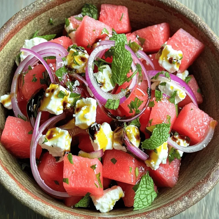 - 4 cups watermelon, cubed - 1 cup feta cheese, crumbled - 1/2 cup fresh mint leaves, chopped - 1/4 cup red onion, thinly sliced - 2 tablespoons balsamic glaze - 1 tablespoon olive oil - Salt and pepper to taste Watermelon is full of water. It helps you stay hydrated in summer heat. This sweet fruit is low in calories, making it a smart choice for snacks. One cup of watermelon gives you vitamins A and C, plus some potassium. Feta cheese adds a salty taste. It has protein and calcium, which are good for bones. Feta also contains probiotics, which can help your gut health. Fresh mint brings a cool flavor. It can help with digestion and has antioxidants. Mint can also freshen breath, making it nice in salads. Using these ingredients together creates a vibrant, tasty salad. For the full recipe, you can check out the details above. Enjoy making your Watermelon Feta Mint Salad! - Step 1: Combine watermelon and feta. Start by taking a large bowl. Add 4 cups of cubed watermelon. Then, add 1 cup of crumbled feta cheese. This mix gives a sweet and salty base. - Step 2: Add fresh mint and onion. Next, chop 1/2 cup of fresh mint leaves. Toss them in with the watermelon and feta. Then, slice 1/4 cup of red onion thinly. Add this to the bowl for a nice crunch. - Step 3: Drizzle with balsamic glaze and olive oil. Now, take 2 tablespoons of balsamic glaze and drizzle it over the salad. Then, add 1 tablespoon of olive oil. These will add depth and richness to the taste. - Step 4: Toss salad gently. Use a spatula to toss everything together. Be gentle to keep the watermelon cubes intact. You want a nice mix without smashing the fruit. - Step 5: Season with salt and pepper. Sprinkle some salt and pepper to taste. This step is crucial to enhance the flavors. Adjust the seasoning based on your preference. - Step 6: Let flavors meld. Allow the salad to sit for about 10 minutes. This time lets the flavors blend well. It enhances the overall taste of the dish. - Prep time: 10 minutes - Total time: 20 minutes - Servings: 4 For the full recipe, check out the details above. Enjoy this refreshing dish! Cutting watermelon can be tricky. Here are my tips for cutting watermelon efficiently: - Choose a ripe watermelon. Look for a yellow spot on the skin. - Use a sharp knife. This will help you cut through the thick rind easily. - Cut the watermelon in half. Stand it on one end, and slice downwards. - Slice into chunks. Make cuts lengthwise and crosswise for even cubes. Next, crumbling feta cheese can create a mess. Here’s how to do it without fuss: - Use a fork to break it apart gently. This method works best. - Keep feta chilled until you're ready to use it. It crumbles better this way. - Work over a bowl or plate. This helps catch any small pieces. When mixing your salad, be gentle. Here are my recommendations to avoid breaking watermelon: - Use a large spoon or spatula. This will help you toss without squishing. - Mix in batches. Combine small amounts at a time to maintain shape. - Toss lightly. The goal is to mix, not mash. Now, let’s talk about flavor. Using fresh mint is key to this salad. Here’s why: - Fresh mint has a bright, lively taste that dried mint lacks. - Chop mint leaves finely for a more even flavor spread. - Avoid dried mint unless you’re in a pinch. It’s not the same! For the balsamic glaze, consider these adjustments: - Add a touch of honey if you want more sweetness. - Use a flavored glaze, like fig or raspberry, for a twist. - Drizzle just before serving. This keeps the salad fresh and crisp. Pairing suggestions can make your meal complete: - Serve with grilled chicken for protein and a hearty dish. - Add crusty bread to soak up the flavors. - Try it with a light white wine. This salad pairs well with crisp, fruity wines. For more details on making this dish, check out the Full Recipe. {{image_2}} You can easily change this recipe to fit your needs. If you want a vegan option, try using vegan feta cheese. It has a similar taste and texture, making it a great choice. Other herbs like basil or cilantro can also add fun flavors. When it comes to melons, watermelon is not your only option. Try cantaloupe or honeydew for a new twist. These fruits can bring a sweeter taste that pairs well with feta. If you want to make your salad heartier, adding nuts or seeds is a great idea. Chopped walnuts or sunflower seeds add crunch and healthy fats. For more protein, consider grilled chicken or chickpeas. Both options will make your salad more filling and satisfying. Flavored balsamic glazes can also enhance the taste of your salad. Look for varieties with honey or fig for a sweet touch. For the full recipe, just follow the steps mentioned earlier. To keep your Watermelon Feta Mint Salad fresh, use an airtight container. Glass containers work well and do not hold smells. You can also use plastic containers, just make sure they seal tightly. Store the salad in the fridge. It will stay good for about 1 to 2 days. After this time, the watermelon may get mushy. Leftover salad is not just for eating as is. You can mix it into yogurt for a refreshing snack. Try adding it to a wrap with grilled chicken for a tasty lunch. You can also toss it into a grain bowl with quinoa or rice. Other dishes that can use similar ingredients include smoothies or salsas. The flavors blend well and keep meals interesting! For the full recipe, check out the details above. Yes, you can make this salad ahead. However, I suggest serving it fresh. If you make it early, the watermelon may lose its crunch. To keep it fresh, mix the salad just before serving. I prefer using creamy feta cheese. It adds a nice texture and flavor. Look for blocks of feta, as crumbled feta can be too dry. You can also try goat feta for a different taste. Canned or frozen watermelon isn’t ideal for this salad. They lose their crispness and juicy bite. Fresh watermelon gives the best flavor and texture. Always choose ripe, juicy watermelon for this recipe. To make more servings, simply double or triple the recipe. Keep the same ratios for the ingredients. For example, use 8 cups of watermelon and 2 cups of feta. Adjust the seasoning to taste. You can use lemon juice or lime juice instead of balsamic glaze. A splash of olive oil mixed with vinegar works great, too. Experiment with your favorite dressings to find what you love! For the complete recipe, check the Full Recipe section. This blog post shared a simple and tasty Watermelon Feta Mint Salad recipe. You learned about the fresh ingredients and their health benefits. I provided easy steps for preparation, tips for the best results, and ways to make this dish your own. Don’t forget that this salad can easily be stored and adapted with extra ingredients. Enjoy making it for you and your loved ones. Fresh flavors make everything better. Happy cooking!