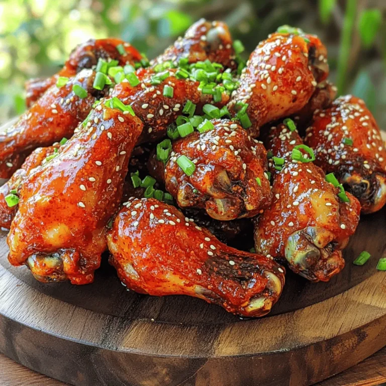 - 2 lbs chicken wings - 3 tablespoons gochujang (Korean chili paste) - 2 tablespoons soy sauce - 1 tablespoon honey - 1 tablespoon sesame oil - 2 cloves garlic, minced - 1 tablespoon ginger, minced - 1 tablespoon rice vinegar - 1 teaspoon ground black pepper - 1 tablespoon sesame seeds for garnish - 2 green onions, finely chopped for garnish Gochujang is a thick, spicy paste. It brings heat and a sweet flavor to dishes. Soy sauce adds saltiness and umami. Honey provides sweetness and helps caramelize the wings. Sesame oil adds a nutty taste. Garlic and ginger give the wings a warm, aromatic flavor. Rice vinegar adds a nice tang that balances the sweetness. Black pepper enhances all the flavors. Sesame seeds and green onions are great garnishes that add crunch and color. You can swap chicken wings for drumsticks if you prefer. If you want less heat, use less gochujang. You can also use sriracha for a different flavor. Honey can be replaced with maple syrup for a unique twist. If you don't have rice vinegar, apple cider vinegar works well too. To make the marinade, you need a few easy ingredients. In a medium bowl, mix together the following: - 3 tablespoons gochujang (Korean chili paste) - 2 tablespoons soy sauce - 1 tablespoon honey - 1 tablespoon sesame oil - 2 cloves garlic, minced - 1 tablespoon ginger, minced - 1 tablespoon rice vinegar - 1 teaspoon ground black pepper Stir these ingredients well until they become smooth. This mixture is what gives the chicken wings their great flavor. Now it's time to marinate the chicken wings. Take 2 lbs of chicken wings and put them into a large resealable bag or bowl. Pour the marinade over the wings. Make sure each wing gets coated. Seal the bag tightly or cover the bowl. Let the wings sit in the fridge for at least 1 hour. For the best taste, marinate overnight. First, preheat your oven to 425°F (220°C). This heat helps the wings cook and get crispy. Next, line a baking sheet with aluminum foil. This makes cleaning up easier. Place a wire rack on top of the sheet. This allows air to flow around the wings while they bake. Take the marinated wings out of the fridge. Let the extra marinade drip off. Arrange the wings on the wire rack in a single layer, skin side up. Bake them for 35-40 minutes. Flip the wings halfway through cooking to help them brown evenly. Once they are golden and crispy, take them out of the oven. Garnish with sesame seeds and chopped green onions. Serve hot and enjoy your tasty Korean Gochujang chicken wings! You can find the Full Recipe for more details. To make your chicken wings crispy, start with dry wings. Pat them with paper towels. This helps the skin get crispy in the oven. Using a wire rack is key too. It lets the hot air flow around the wings. Bake them at 425°F for 35-40 minutes. Flip them halfway to get both sides nice and brown. If you want extra crunch, broil them for the last few minutes. Watch them closely so they don’t burn. The marinade makes these wings shine. Use gochujang for a spicy kick. Mix it with soy sauce and honey for sweetness. Sesame oil adds a nutty flavor. Don’t forget garlic and ginger for depth. For the best taste, marinate the wings overnight. This allows the flavors to soak in deeply. If short on time, at least marinate them for one hour. The longer, the better! Serve these wings hot for the best taste. Garnish with sesame seeds and green onions for color and crunch. Offer dipping sauces like ranch or blue cheese for fun. These wings pair well with cold beer or a sweet soda. You can also serve them with rice or veggies for a complete meal. For more ideas, check out the Full Recipe for variations and tips! {{image_2}} If you love spice, add more gochujang. You can also add fresh chili peppers. Just slice them up and mix them into the marinade. This will give your wings a fiery kick. If you want an even bolder flavor, add a splash of hot sauce. This extra heat will make your wings unforgettable. For a sweeter take, try a honey garlic glaze. You start with the same marinade, but add more honey. Mix in minced garlic and a bit of soy sauce. This combo will balance the heat of gochujang. The result is a sweet, sticky glaze that clings to the wings. You’ll want to lick your fingers after every bite! Want a quicker cooking method? Use an air fryer. It gives you crispy wings without all the oil. First, marinate the wings as usual. Preheat your air fryer to 380°F (193°C). Place the wings in a single layer in the basket. Cook for about 25 minutes, flipping halfway through. Your wings will come out crispy and delicious! For the full recipe, check out the detailed instructions above. After enjoying your gochujang chicken wings, let them cool. Place the wings in an airtight container. Store them in the fridge for up to three days. Make sure to separate layers with parchment paper to keep them from sticking together. To reheat, preheat your oven to 350°F (175°C). Place the wings on a baking sheet. Heat them for about 10 to 15 minutes. This keeps the wings crispy and juicy. You can also use a microwave for quick reheating. Just use a microwave-safe plate and cover the wings with a damp paper towel. Heat in short bursts to avoid drying them out. If you want to save wings for later, freezing works great. First, let the wings cool completely. Then, wrap each wing in plastic wrap. Place them in a freezer bag, removing as much air as possible. You can freeze them for up to three months. To enjoy later, thaw overnight in the fridge before reheating. For the full recipe, refer to the instructions provided earlier. Gochujang is a thick, red Korean chili paste. It has a sweet and spicy flavor. Made from fermented soybeans, glutinous rice, and chili powder, it adds depth to dishes. You can use it in marinades, soups, and stews. It gives Korean Gochujang Chicken Wings a unique taste that you can’t resist. Yes, you can use other meats. Chicken thighs or drumsticks work well. You can also try pork or tofu for a vegetarian option. Just adjust the cooking time as needed. Each meat will soak up the gochujang flavor, making each bite delicious. You should marinate the wings for at least 1 hour. For the best taste, marinate them overnight. This allows the flavors to penetrate deeply into the meat. The longer they sit, the juicier and more flavorful they become. Many sauces complement these wings. A classic option is a simple soy sauce dip. You can also try a sweet chili sauce for extra sweetness. For a refreshing flavor, serve with a yogurt-based sauce. Each option adds a new twist to your meal. This blog post covered all you need for delicious Gochujang chicken wings. We detailed the key ingredients and provided smart substitutes. You learned how to prepare the marinade, marinate the wings, and bake them to perfection. I shared tips for extra crispiness and tasty serving ideas. You can even try fun variations like spicy wings or air-fried options. Lastly, I outlined how to store or reheat leftovers. Enjoy your wings, and don't forget to experiment!