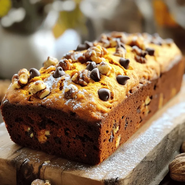 To make this delightful chocolate chip pumpkin bread, gather these simple ingredients: - 1 ½ cups all-purpose flour - 1 cup pumpkin puree - ¾ cup granulated sugar - ½ cup brown sugar - ½ cup vegetable oil - 2 large eggs - 1 teaspoon vanilla extract - 1 teaspoon baking soda - ½ teaspoon baking powder - ½ teaspoon salt - 1 teaspoon ground cinnamon - ½ teaspoon ground nutmeg - ½ teaspoon ground ginger - 1 cup chocolate chips - ¼ cup chopped walnuts (optional) Each item brings a unique flavor and texture. The pumpkin puree gives moisture and a lovely color. The sugars add sweetness, while the spices create warmth. The chocolate chips are the star. They melt slightly and make every bite a treat. If you choose to add walnuts, they provide a nice crunch. Now that you have your ingredients, you are ready to start mixing them together. For the full recipe, check out the complete guide. Each step builds on these basics, so make sure you have everything ready! - Preheat the oven to 350°F (175°C). - Grease and flour a 9x5-inch loaf pan. This helps the bread come out easily. - In a medium bowl, whisk together: - 1 ½ cups all-purpose flour - 1 teaspoon baking soda - ½ teaspoon baking powder - ½ teaspoon salt - 1 teaspoon ground cinnamon - ½ teaspoon ground nutmeg - ½ teaspoon ground ginger - Mix well and set aside. This ensures even flavors. - In a large bowl, mix together: - 1 cup pumpkin puree - ¾ cup granulated sugar - ½ cup brown sugar - ½ cup vegetable oil - 2 large eggs - 1 teaspoon vanilla extract - Beat until smooth. This creates a rich base for the bread. - Gradually add the dry mix to the wet ingredients. - Stir gently until just combined. A few lumps are okay. Do not overmix; this keeps the bread soft. - Fold in: - 1 cup chocolate chips - ¼ cup chopped walnuts (optional) - Make sure they are evenly mixed. This adds texture and sweetness. - Pour the batter into the prepared loaf pan. - Smooth the top with a spatula. - Bake for 55-65 minutes. Check with a toothpick; it should come out clean. - Remove the bread from the oven. - Let it cool in the pan for about 10 minutes. - Transfer it to a wire rack to cool completely. - Slice and serve! Enjoy each bite. For a treat, dust with powdered sugar or serve with whipped cream. To get the best texture, avoid overmixing your batter. Overmixing can make the bread tough. Mix until just combined. Leave a few lumps; they are okay! Make sure your ingredients are at room temperature. Room temperature helps the bread rise and stay moist. You can add spices to boost the flavor. Try a pinch of cloves or allspice for warmth. Vanilla extract also adds a nice touch. For chocolate lovers, experiment with different types of chocolate. Using dark chocolate gives a rich flavor. Semi-sweet chocolate adds sweetness; both options are great! Make your bread look fancy! Dust the top with powdered sugar for a sweet effect. You can also add a dollop of whipped cream. To serve, pair your slices with hot coffee or tea. This makes for a cozy snack, perfect for fall. For the full recipe, check out the details above! {{image_2}} For a gluten-free version, you can use almond flour or a gluten-free all-purpose flour. These substitutes work well and keep the bread moist. You may need to add a bit more liquid to the mix, so keep an eye on the batter's consistency. Always check your flour blend to ensure it contains xanthan gum for the best texture. If you want to make this bread vegan, replace the eggs with flax eggs. To do this, mix 1 tablespoon of ground flaxseed with 2.5 tablespoons of water. Let it sit for a few minutes until it thickens. You can also use unsweetened applesauce or mashed bananas as a substitute. They add moisture and keep the bread soft. You can get creative with flavors! Adding chopped apples or pears gives a nice fruity twist. Dried cranberries or raisins can add sweetness and chewiness. Nuts like pecans or almonds also enhance the texture and flavor. Remember, balance is key—don’t overload the batter so it bakes evenly. For the full recipe, you can refer to the earlier section. To keep your chocolate chip pumpkin bread fresh, wrap it well. Use plastic wrap or foil for best results. You can also place it in an airtight container to seal in moisture. This will help keep the bread soft. Store at room temperature for up to three days. If you want to keep it longer, consider freezing. To freeze the bread, first let it cool completely. Next, wrap it tightly in plastic wrap. Then, place it in a freezer bag. This will prevent freezer burn and keep it tasty. You can freeze the bread for up to three months. When you’re ready to enjoy it, move it to the fridge overnight to thaw. For the best taste, reheat slices in the oven. Preheat the oven to 350°F (175°C). Place slices on a baking sheet and heat for about 10 minutes. You can also use a microwave for quick reheating. Heat each slice for about 15-20 seconds. Enjoy the warm, gooey chocolate chips! For a treat, add a little butter or whipped cream on top. You can use a toothpick test. Insert a toothpick into the center of the bread. If it comes out clean, the bread is done. If you see batter on the toothpick, it needs more time. Baking usually takes 55 to 65 minutes. Keep an eye on the bread during the last few minutes. Yes, you can use fresh pumpkin. First, you need to cook the pumpkin. Cut it, remove the seeds, and bake it until soft. Then, scoop out the flesh and mash it. For this recipe, use about one cup of fresh pumpkin. This will give your bread a fresh taste. You have many options to replace chocolate chips. Dried fruits like raisins or cranberries add natural sweetness. Chopped nuts, like walnuts or pecans, give a nice crunch. You can also use white chocolate chips or butterscotch chips for a different flavor. Get creative with your swaps! Absolutely! To make mini loaves, use smaller pans. Bake them for about 30 to 40 minutes. Check for doneness with the toothpick test. Mini loaves are great for sharing or gifting. They also bake faster, so keep an eye on them. This blog post shared a simple recipe for delicious pumpkin bread. You learned the key ingredients and steps to create it. I also gave tips for perfect texture and variations like gluten-free or vegan options. Pumpkin bread is a fun treat to make and enjoy. Experiment with flavors and share with others. Trust me, your kitchen will smell amazing while baking. Enjoy your tasty creation!
