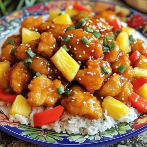 - 1 lb chicken breast, cut into bite-sized pieces - 1 cup cornstarch - 2 eggs, beaten - 1 cup vegetable oil (for frying) - 1 bell pepper, chopped (any color) - 1 cup pineapple chunks (canned or fresh) - 1 medium onion, chopped - 3 cloves garlic, minced - 1/2 cup sugar - 1/2 cup apple cider vinegar - 1 tablespoon soy sauce - 1 tablespoon ketchup - 1 tablespoon ginger, grated - Salt and pepper to taste - 2 green onions, chopped (for garnish) - Sesame seeds (for garnish) I love using fresh and vibrant ingredients for Sweet and Sour Chicken. The chicken breast serves as a tender base. Dredging it in cornstarch gives it a nice crunch. The bell pepper adds color and a slight crunch. Pineapple brings sweetness and tang, which makes the dish pop. Garlic and onion add depth to the flavor. The sauce combines sugar, apple cider vinegar, soy sauce, and ketchup for a balanced taste. Ginger gives it a warm kick. Don't forget salt and pepper to enhance all the flavors. Garnishing with green onions and sesame seeds adds a great finish. These ingredients together create a dish that's fun and full of flavor. If you're ready to cook, check out the Full Recipe for step-by-step instructions. Enjoy crafting this delicious meal! Start by seasoning the chicken pieces with salt and pepper. This step is vital for flavor. Next, dredge the chicken in cornstarch. Make sure to shake off any extra cornstarch. After that, dip each piece into the beaten eggs. This coating helps create a crispy crust when frying. In a large skillet or wok, heat the vegetable oil over medium-high heat. You want enough oil to cover the bottom of the pan. Fry the chicken in batches. Each piece should cook for about 4-5 minutes, until golden brown and crispy. Once done, place the fried chicken on paper towels to drain any excess oil. In the same skillet, remove most of the oil, leaving about one tablespoon. Sauté the chopped onion and bell pepper for 2-3 minutes. They should soften but still have some crunch. Add the minced garlic and grated ginger. Cook for another minute. This will make your kitchen smell amazing! In a small bowl, mix together the sugar, apple cider vinegar, soy sauce, and ketchup. Pour this sauce over the sautéed vegetables. Now add the pineapple chunks and stir well. Let it cook for 2-3 minutes until heated through. Finally, gently fold in the fried chicken. Make sure each piece is well coated with the sauce. Cook for one more minute. Serve it hot and enjoy this Crispy Citrus Sweet and Sour Chicken. For the full recipe, check out the complete guide! To get crispy chicken, focus on temperature control while frying. Heat the oil to a medium-high setting. This helps the chicken cook fast and stay crunchy. If the oil is too cool, your chicken can turn soggy. Avoid overcrowding in the pan. Fry the chicken in small batches. Giving each piece space allows hot oil to surround them. This way, they fry evenly and get that perfect golden color. Adjusting sweetness and tanginess is key to a great sweet and sour dish. If you find it too sweet, add a touch more vinegar. A splash of soy sauce can also enhance the flavor. You can try alternative ingredients for diverse flavors. Swap pineapple for mango for a tropical twist. Use lime juice instead of vinegar for a zesty kick. These changes keep your meal exciting and fresh. Serving with rice or quinoa adds a nice touch. Place the sweet and sour chicken on a vibrant plate filled with steamed rice. This color contrast makes the dish more appealing. For garnishing ideas, consider adding chopped green onions and sesame seeds. These small details make the dish look professional and inviting. A sprinkle of sesame seeds catches the eye and adds crunch. For the full recipe, check out the details above! {{image_2}} For a vegetarian twist, you can use tofu or tempeh instead of chicken. Both options soak up flavors well. If you choose tofu, press it first to remove excess water. This helps it get crispy when cooked. You can pan-fry the tofu in a bit of oil until golden. Alternatively, you can bake it for a healthier option. If you need a gluten-free version, you can swap regular soy sauce with tamari. Tamari has a similar flavor but is free from gluten. For cornstarch, you can also use arrowroot powder. It works great for coating your protein or thickening the sauce. To add some heat, try mixing in chili paste or sliced peppers. Start with a small amount, then taste and adjust. You can use jalapeños for a mild kick or habaneros for more spice. Adding heat can make this dish exciting and bold, perfect for those who love a fiery flavor. For the full recipe, check out the details above to create your own sweet and sour chicken masterpiece! To keep your Sweet and Sour Chicken fresh, use a tight container. Place it in the fridge right after it cools. It will stay good for about three days. Always let it cool first. This helps prevent moisture build-up. When you reheat leftover Sweet and Sour Chicken, do it gently. Use a skillet over medium heat. Stir often to keep the chicken crispy. You can also use a microwave, but keep it short. Heat in 30-second bursts to avoid overcooking. Freezing is a great option if you have extra. First, let it cool completely. Then, divide it into small portions. Use freezer-safe bags or containers. When you're ready to eat, thaw it overnight in the fridge. Reheat it as mentioned above for the best results. Check out the Full Recipe for more tips! Yes, you can prepare components in advance. This helps save time later. Cook the chicken and sauce separately. Store them in airtight containers. Keep the chicken crispy by frying it just before serving. You can also chop the vegetables and fruit early. This makes the cooking process quick and easy. Sweet and Sour Chicken pairs well with many sides. Here are some great options: - Steamed rice - Fried rice - Quinoa - Noodles - Stir-fried vegetables - Egg rolls - A simple green salad These sides balance the flavors and add nutrition to your meal. Making homemade sweet and sour sauce is easy. Here’s a quick guide: 1. Combine 1/2 cup sugar, 1/2 cup apple cider vinegar, 1 tablespoon soy sauce, and 1 tablespoon ketchup in a bowl. 2. Mix well until sugar dissolves. 3. Add ginger and garlic for extra flavor if you like. This sauce is perfect for dipping or drizzling over your dish. Enjoy the fresh taste of homemade sauce! You can find the full recipe for Sweet and Sour Chicken in this article. Sweet and sour chicken is a fun dish to make at home. You can start with simple ingredients, and follow easy steps. Remember to coat your chicken well for crispiness and balance your sauce for flavor. Consider tasty variations to suit your diet. Store leftovers properly for later enjoyment. With practice, you'll impress everyone with your cooking skills. This dish brings joy and flavor to your table. Enjoy your culinary adventure!
