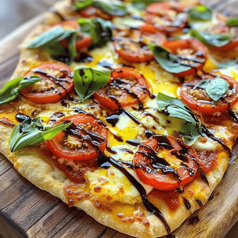 To make Margherita Flatbread Pizza, you will need: - 4 flatbreads or naan breads - 1 cup marinara sauce - 8 ounces fresh mozzarella cheese, sliced - 2 large tomatoes, thinly sliced - Fresh basil leaves - 2 tablespoons olive oil - 1 teaspoon dried oregano - Salt and pepper, to taste - Balsamic glaze (optional for drizzling) - Flatbreads or Naan: These serve as the base. They are easy to work with and cook quickly. - Marinara Sauce: This adds moisture and a rich tomato flavor. It’s the heart of the pizza. - Fresh Mozzarella Cheese: This cheese melts beautifully. It gives that classic pizza taste and texture. - Tomatoes: Fresh tomatoes add brightness and flavor. They create a juicy topping. - Fresh Basil Leaves: These lend a sweet, herbal note. They enhance the pizza's aroma. - Olive Oil: This adds richness and helps with browning. It enhances the overall flavor. - Dried Oregano: This herb adds depth and warmth. It’s a key pizza seasoning. - Salt and Pepper: These simple seasonings brighten the flavors. They balance the dish. - Balsamic Glaze: This is optional but adds a sweet tang. A drizzle brings extra flair. This Margherita Flatbread Pizza is not just tasty; it's satisfying too. Here’s a quick look at its nutritional benefits: - Calories: A serving has about 300-350 calories, depending on the toppings. - Protein: Thanks to the mozzarella, you get around 15 grams of protein. - Carbohydrates: Each serving contains about 30 grams, mostly from the flatbread. - Fat: It has around 15 grams of fat, mostly healthy fats from the olive oil and cheese. - Vitamins: The fresh basil and tomatoes provide vitamins A and C. This pizza is a great option for a quick, healthy meal. You can enjoy it while feeling good about what you eat. For the full recipe, you can follow the instructions and tips provided. To start, I preheat the oven to 450°F (230°C). This high heat makes the flatbread crisp. Next, I place the flatbreads on a baking sheet lined with parchment paper. The parchment keeps the flatbreads from sticking and makes cleanup easy. I spread an even layer of marinara sauce over each flatbread, leaving about a half-inch edge. This edge will help hold the toppings in. Now comes the fun part! I layer slices of fresh mozzarella cheese over the sauce. I make sure to cover every bit of the sauce. Then, I arrange the thinly sliced tomatoes on top of the cheese. This adds a fresh taste that blends well with the cheese. Next, I drizzle olive oil over the toppings. I sprinkle dried oregano, salt, and pepper to taste. These spices enhance the flavors and make each bite special. I bake the flatbreads in the oven for 10-12 minutes. I watch closely until the cheese melts and bubbles. Once they are done, I remove them from the oven and immediately top them with fresh basil leaves. If I want an extra kick, I drizzle balsamic glaze over the top. Finally, I cut them into slices and serve them hot. These Margherita Flatbread Pizzas are ready to enjoy! For the full recipe, check the earlier section. To make your Margherita flatbread pizza amazing, follow these tips: - Use fresh mozzarella. It melts beautifully and gives a creamy texture. - Choose ripe tomatoes. They add natural sweetness and great flavor. - Don’t skip the olive oil. It enhances the taste and helps the crust crisp up. - Preheat your oven well. A hot oven ensures a nice, crispy base. - Bake until the cheese bubbles. This shows it’s ready and adds a delightful texture. Even the best cooks can make mistakes. Here are some to watch for: - Overloading with toppings. It can make the flatbread soggy. Less is more. - Not using parchment paper. This helps with easy clean-up and prevents sticking. - Baking at too low a temperature. You want that crispy crust, so keep it hot. - Forgetting to season. A pinch of salt and pepper can make a big difference. - Skipping fresh herbs. They add color and flavor, making the dish pop. Serving your flatbread pizza well can impress your guests. Here are some ideas: - Serve on a wooden board for a rustic look. - Garnish with extra basil leaves for freshness. - Add a small bowl of balsamic glaze for dipping. - Pair with a simple salad. A light salad complements the pizza perfectly. - Offer a selection of beverages. A crisp white wine or sparkling water works great. These tips make your Margherita flatbread pizza a hit. For the full recipe, check earlier in this article. Enjoy your cooking adventure! {{image_2}} You can add many toppings to your Margherita flatbread pizza. Here are a few ideas: - Sliced black olives - Roasted red peppers - Artichoke hearts - Fresh arugula - Crumbled feta cheese Each topping brings its own taste. Try mixing and matching to find your favorite combo. If you need a gluten-free pizza, use gluten-free flatbreads or naan. Many brands offer great options. Check the store for ones made from almond or coconut flour. These can work well for your flatbread pizza. Use fresh, seasonal ingredients for more flavor. In the summer, add ripe heirloom tomatoes. In the fall, try butternut squash slices. You can even swap basil for fresh spinach or arugula. Seasonal swaps keep your pizza exciting and tasty. For the full recipe, check the earlier section. Enjoy making your flatbread pizza unique! To keep your leftover Margherita flatbread pizza fresh, place it in an airtight container. If you have several slices, separate them with parchment paper. This will help avoid soggy crusts. You can store the pizza in the fridge for up to three days. When you’re ready to enjoy your pizza again, preheat your oven to 375°F (190°C). Place the slices on a baking sheet. Bake for about 8 to 10 minutes. This will make the crust crispy and the cheese melty again. You can also reheat in a skillet on the stove for a quicker option. Just cover it with a lid to keep moisture in. If you want to save your Margherita flatbread pizza for later, freezing is a great choice. First, cool the pizza completely. Then, wrap each slice tightly in plastic wrap. After that, place the wrapped slices in a freezer bag. They can stay in the freezer for up to two months. When you're ready to eat, thaw in the fridge overnight and reheat as mentioned above. Enjoy your delicious pizza anytime! Yes, you can skip the marinara sauce. Instead, use olive oil or pesto. This gives the pizza a different flavor. You can also try a garlic oil base. Just brush it over the flatbread. It adds a nice touch of richness. Remember, the key is to keep the toppings fresh and flavorful. Making homemade flatbread is simple. You need just a few ingredients. Here’s a quick way to do it: 1. Mix: Combine 2 cups of all-purpose flour, 1 teaspoon of salt, and 1 teaspoon of baking powder in a bowl. 2. Add Water: Gradually stir in about 3/4 cup of warm water. Mix until it forms a dough. 3. Knead: Knead the dough for about 5 minutes until smooth. 4. Roll: Divide the dough into small balls. Roll each ball into a flat circle. 5. Cook: Heat a skillet over medium heat. Cook each flatbread for about 1-2 minutes on each side. This method gives you fresh flatbread. It’s easy and fast, perfect for your Margherita Flatbread Pizza. Using fresh ingredients makes a big difference. They enhance flavor and provide better texture. Fresh mozzarella melts nicely and tastes creamy. Fresh tomatoes bring juiciness and brightness. Basil adds a sweet, aromatic touch. Moreover, fresh ingredients are healthier. They pack in more vitamins and nutrients. They also have fewer preservatives. This means you get a meal that's both tasty and good for you. Enjoy the flavors of fresh ingredients in every bite! In this blog post, we covered the essential ingredients, preparation steps, and tips for making Margherita flatbread pizza. You learned about key ingredients, how to build your pizza, and ways to avoid common mistakes. Remember, fresh ingredients make a real difference. Whether you try new toppings or keep it classic, enjoy every bite. Perfect your technique and share your creation with friends. Flatbread pizza is simple, tasty, and fun to make. Enjoy this tasty treat anytime!