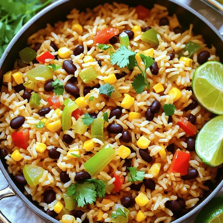 To make One Pot Fiesta Rice, you need the following main ingredients: - 1 cup long-grain rice - 2 cups vegetable broth - 1 can (15 oz) black beans, drained and rinsed - 1 cup corn kernels (fresh, frozen, or canned) - 1 red bell pepper, diced - 1 green bell pepper, diced - 1 small onion, finely chopped - 2 cloves garlic, minced - 1 teaspoon ground cumin - 1 teaspoon chili powder - 1 tablespoon olive oil - Salt and pepper to taste These ingredients create a colorful and hearty dish. The rice serves as a base, soaking up all the delicious flavors. The black beans and corn add protein and sweetness. The bell peppers and onions provide crunch, while garlic and spices give it a warm kick. You can use these optional ingredients to enhance the dish: - Fresh cilantro for garnish - Lime wedges for serving - Other toppings (e.g., avocado, cheese) Adding fresh cilantro brightens the dish. Lime wedges give a tangy flavor that pairs well with the spices. Toppings like avocado or cheese can make it even richer. For the full recipe, check out the complete details on how to prepare this easy and tasty meal. 1. Start by heating olive oil in a large pot over medium heat. 2. Add the finely chopped onion and minced garlic. Sauté them for about 3-4 minutes. The onion should turn soft and translucent. 3. Next, add the diced red and green bell peppers. Cook these for another 2-3 minutes until they soften. 4. Now, stir in the ground cumin and chili powder. Cook for about 1 minute to bring out their flavors. 1. Pour in the long-grain rice. Stir it well to coat the grains with the spices and vegetables. This step adds depth to the dish. 2. Add 2 cups of vegetable broth to the pot and bring the mix to a boil. 3. Once it boils, reduce the heat to a simmer and cover the pot. Let it simmer for about 15-20 minutes. The rice will absorb the liquid and become tender. 1. After the rice is cooked, gently fold in the black beans and corn. Cook for an additional 5 minutes to warm everything through. 2. Season the dish with salt and pepper to taste. Use a fork to fluff the rice and mix it well. 3. Let it sit for a few minutes before serving. For a lovely touch, serve it in bowls garnished with fresh cilantro and lime wedges. Enjoy your One Pot Fiesta Rice! For the full recipe, check out the details above. Rinsing rice is key. It removes extra starch, which keeps rice from getting sticky. Rinse it under cold water until the water runs clear. The type of rice you use affects cooking time. Long-grain rice cooks faster than brown rice. Always check the package for the right times. Want to spice things up? Try adding smoked paprika or cayenne pepper. Both add a nice kick. Using vegetable broth instead of water makes a big difference. The broth brings out great flavors. For a lovely look, serve the rice in bowls. Garnish with fresh cilantro and lime wedges. This adds color and flavor. If you prefer plates, make a colorful mound. Top it with the cilantro and a lime wedge. This makes the dish pop. {{image_2}} You can easily swap beans or vegetables in your One Pot Fiesta Rice. If you want a twist, try using pinto beans or kidney beans instead of black beans. You can also add zucchini or diced tomatoes for extra flavor. If you want to change the rice, consider using brown rice. It has more fiber and a nutty taste. Just remember, brown rice takes longer to cook, so adjust the liquid and time accordingly. This dish is great for everyone! You can make it vegan by using vegetable broth and skipping any meat. It’s also gluten-free as long as you use certified gluten-free broth. If you like heat, add jalapeños or hot sauce to your rice. For a milder taste, skip the chili powder or use less. Taste as you go, and make it just how you like it! Adding proteins makes this dish even better. You can mix in cooked chicken, shrimp, or tofu. Each protein gives a unique flavor. For chicken, cook bite-sized pieces in the pot before adding the rice. If you use shrimp, add them during the last five minutes. They cook quickly and will turn pink when ready. If you want to use tofu, make sure to press it first to remove excess moisture. You can sauté it and then add it at the end. Adjust cooking times based on the protein you choose. For the full recipe, check out the instructions above. Enjoy your cooking adventure! To store leftovers properly, let the One Pot Fiesta Rice cool down first. Then, place it in an airtight container. This way, it will stay fresh longer. Cooked rice can last in the fridge for about 4 to 5 days. If you want to keep it longer, consider freezing it. The best methods for reheating rice include using the microwave or stovetop. If using the microwave, add a splash of water to keep it moist. Heat for 1-2 minutes, stirring halfway. For the stovetop, warm it in a pan over low heat. Add a little broth or water. This helps maintain flavor and texture. To freeze One Pot Fiesta Rice, let it cool completely. Then, place it in a freezer-safe bag or container. Remove as much air as possible to avoid freezer burn. Frozen rice can last up to 3 months. When ready to eat, thaw it in the fridge overnight. Reheat it in the microwave or on the stovetop as described above. To add heat, you can use several methods. Here are some easy tips: - Add diced jalapeños or serrano peppers. - Sprinkle in some red pepper flakes. - Use spicy chili powder instead of regular. - Add a splash of hot sauce while cooking. Start with small amounts. You can always add more if needed. Heat can change how we enjoy the dish, so make it your own! Yes! You can make One Pot Fiesta Rice ahead of time. Here are some tips for meal prep: - Cook the rice and store it in an airtight container. - Refrigerate it for up to three days. - Reheat in a pot or microwave with a splash of broth to keep it moist. - You can also freeze it for up to three months. Just remember to cool it first before freezing. One Pot Fiesta Rice is great on its own, but you can pair it with many sides: - Grilled chicken or shrimp for protein. - A fresh green salad for crunch. - Guacamole or avocado slices for creaminess. - Tortilla chips for some extra fun. These options will create a well-rounded meal. Explore and find your favorite combinations! Yes, you can double the recipe! Here’s how to adjust cooking: - Use a larger pot to hold all the ingredients. - Keep the cooking times the same, but check for doneness. - Make sure the rice is fully cooked and has absorbed the broth. Doubling the recipe is a great way to feed a crowd or have leftovers for later. Enjoy! One Pot Fiesta Rice is a simple, fun dish. We covered key ingredients, like rice, beans, and spices. I shared steps for cooking and tips for great flavor. You can even adjust it for dietary needs or add proteins. Store your leftovers properly for future meals. Enjoy experimenting with flavors and textures. I hope this inspires you to dive into cooking. You have the tools to make it a hit in your kitchen!