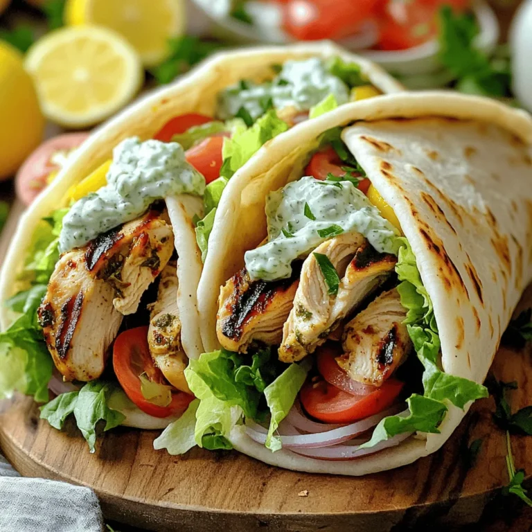 - 4 boneless, skinless chicken thighs - 3 tablespoons olive oil - 2 teaspoons dried oregano - 1 teaspoon garlic powder - 1 teaspoon paprika - Salt and pepper, to taste - 4 pita breads - 1 cup tzatziki sauce - 1 cup shredded lettuce - 1 medium tomato, diced - ½ red onion, thinly sliced - Fresh parsley, for garnish When I think about creating Greek Chicken Gyros, I focus on fresh and vibrant flavors. The chicken thighs are my star ingredient. They stay juicy and tender when grilled. I love using olive oil for marinating. It adds flavor and helps the spices stick well. Dried oregano gives the gyros a classic taste. I use garlic powder and paprika for a flavor boost. Salt and pepper round out the seasoning. These simple ingredients work together to make the chicken shine. Next, I grab fluffy pita bread to wrap around my filling. The tzatziki sauce adds a cool, creamy touch. Fresh lettuce, diced tomatoes, and thinly sliced onions bring crunch and brightness. I always finish with a sprinkle of parsley for color. This collection of ingredients makes my gyros truly special. You can find the full recipe above to create your own tasty version! - In a bowl, combine 3 tablespoons of olive oil, 2 teaspoons of dried oregano, 1 teaspoon of garlic powder, 1 teaspoon of paprika, salt, and pepper. - Mix well until all the ingredients blend. - Take 4 boneless, skinless chicken thighs and coat them completely in this marinade. - Let the chicken sit in the fridge for at least 30 minutes to soak up the flavors. - Preheat your grill or grill pan over medium-high heat. - Remove the chicken from the marinade and place it on the grill. - Cook the chicken for 6-7 minutes on each side until fully cooked and nicely marked. - Once done, take the chicken off the grill and let it rest for a few minutes. - Slice the rested chicken into thin strips for easy assembly. - While the chicken rests, warm 4 pita breads on the grill for about 1 minute per side. - Place the sliced chicken in the center of each pita. - Add toppings like 1 cup of tzatziki sauce, 1 cup of shredded lettuce, 1 diced medium tomato, and ½ thinly sliced red onion. - Wrap the pita around the filling and garnish with fresh parsley. For the Full Recipe, check out the detailed steps and tips. For the best flavor, marinate your chicken for at least 30 minutes. If you can, let it sit for up to 2 hours. This extra time allows the flavors to soak in deeply. You can mix things up too! Try adding lemon juice or a pinch of cumin for a twist. These changes make the marinade more exciting. To get those perfect grill marks, preheat your grill well. Cook the chicken for about 6-7 minutes on each side. If your chicken is thinner, reduce the cooking time to 4-5 minutes. Always check that the chicken is cooked through. The inside should reach 165°F to ensure it’s safe to eat. For a festive table, serve the gyros on a wooden board. Add extra tzatziki sauce for dipping. Squeeze some lemon wedges on top for a fresh kick. Pair your gyros with a crisp Greek salad or a refreshing drink. A light white wine or iced tea complements the flavors well. Try this Full Recipe for a delicious Greek Chicken Gyros experience! {{image_2}} You can switch up the protein in your gyros. Instead of chicken, try beef or lamb. This can give your gyros a new taste. If you want a meat-free option, consider using grilled vegetables. Eggplant, zucchini, or peppers work well. You can also use tempeh for a hearty vegetarian choice. Each swap changes the flavor and makes the dish your own. The sauce can change your gyros' taste too. While tzatziki is classic, you can play with its flavors. Try adding fresh herbs like dill or mint for a new twist. You can also mix in spices like cumin or paprika. If you want something different, hummus is a great alternative. Garlic sauce is another tasty choice that adds a punch. Each sauce brings its own unique flair to the dish. Don’t be afraid to add extra fillings. More vegetables can make your gyros even better. Consider adding crunchy cucumbers, sweet bell peppers, or even olives. You can also include cheese like feta for a creamy texture. Pickled items, like red onions or radishes, can add a nice tang. Customizing your fillings lets you enjoy the gyros just how you like them. To keep your Greek chicken gyros fresh, store them in the fridge. First, place leftovers in an airtight container. This helps prevent moisture loss and keeps flavors intact. You can keep them in the fridge for up to three days. If you want to keep them longer, consider freezing. Wrap each gyro tightly in plastic wrap, then place them in a freezer bag. Frozen gyros can last up to three months. When you're ready to eat leftovers, reheating is key. For chicken, you can use a microwave or a skillet. If you use the microwave, heat it in short bursts. This prevents drying out the chicken. For the skillet, warm it over medium heat until hot. To reheat pita bread, I suggest using the oven or a toaster. Wrap the pita in foil and place it in a preheated oven at 350°F (175°C) for about 10 minutes. This will make the pita warm and soft again. If you want it crispy, you can toast it for a few minutes. Just watch it closely to avoid burning. Restoring crispness to the pita is simple. Just give it a quick toast on a dry skillet for a minute or two. This adds a nice crunch to your gyros. Enjoy your delicious meal again! If you want the full recipe, check it out. Gyros come from Greece and have a long history. They are similar to the Turkish döner kebab. The name "gyros" means "turn" in Greek, referring to the way meat cooks on a vertical spit. This cooking method creates juicy, flavorful meat. Gyros gained popularity in the 1920s when Greeks migrated to the U.S. It became a staple street food. Today, you can find gyros all over the world. They are beloved for their taste and ease of eating. Yes, you can prepare many parts of gyros ahead. Marinate the chicken the day before. This gives it more flavor. You can also chop vegetables and store them in the fridge. Prepare the tzatziki sauce a day ahead for better taste. Warm the pita bread just before serving. This keeps it soft and fresh. Many sides go well with Greek Chicken Gyros. Here are some great options: - Greek salad with cucumbers, tomatoes, and feta - Tzatziki with pita chips for dipping - Hummus served with fresh veggies - Roasted potatoes with lemon and herbs - Spanakopita or other Greek pastries These sides add color and flavor to your meal. Enjoy them with your gyros! For the full recipe, check out Greek Chicken Gyros . This article detailed how to make delicious Greek Chicken Gyros. You learned about essential ingredients, marinating chicken, and grilling to perfection. Assembling the gyros with tasty toppings made it a fun meal. We also covered tips, variations, and storage advice for leftovers. Enjoy experimenting with flavors and customizing your gyros. This dish can bring joy to any table. Follow these steps for a tasty experience that you can share with family and friends.