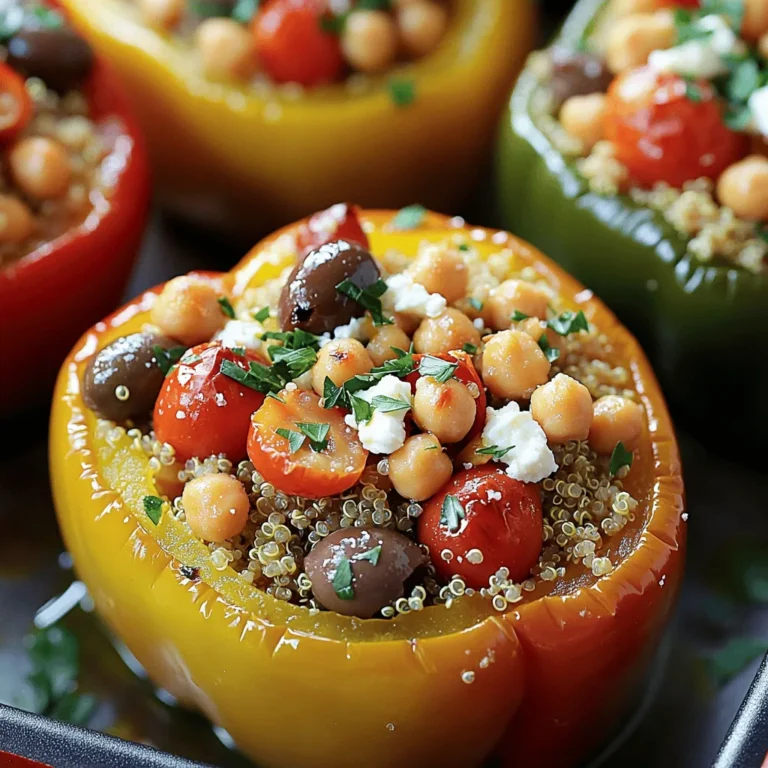 - 4 large bell peppers (any color) - 1 cup quinoa, rinsed - 2 cups vegetable broth - 1 can (15 oz) chickpeas, rinsed and drained - 1 cup cherry tomatoes, halved - 1/2 cup Kalamata olives, pitted and chopped - 1/2 cup feta cheese, crumbled - 1 teaspoon dried oregano - 1 teaspoon garlic powder - 1/2 teaspoon paprika - 1 tablespoon olive oil - Salt and pepper to taste - Fresh parsley, for garnish These ingredients make a colorful and tasty dish. I love using fresh bell peppers. They add a nice crunch. You can choose red, yellow, or green. Each color has a unique flavor. Quinoa is the star here. It is a healthy grain full of protein. Rinsing it removes any bitterness. I do this step every time. Use vegetable broth instead of water for extra flavor. Chickpeas add heartiness. They also boost fiber, making this meal filling. Cherry tomatoes bring sweetness and juiciness. Kalamata olives give a salty punch. Feta cheese adds creaminess and tang. For seasonings, oregano and garlic powder work well together. Paprika adds a hint of smokiness. Olive oil is essential for richness. Don’t forget salt and pepper to taste. - Alternatives for quinoa: Use rice, bulgur, or couscous if needed. - Different types of bell peppers: Try mini peppers or sweet peppers for variety. - Dairy-free options for feta cheese: Use tofu or a dairy-free cheese. Feel free to mix and match. Cooking should be fun and flexible! For more details, check the Full Recipe. To start, prep the bell peppers. Cut the tops off each pepper and remove the seeds. This step is key for a nice filling. Lightly drizzle the outsides with olive oil and sprinkle with salt. This adds flavor and helps with cooking. Place the peppers cut-side up in a baking dish. Next, cook the quinoa properly. In a medium pot, combine one cup of rinsed quinoa and two cups of vegetable broth. Bring it to a boil. Then, reduce the heat to low. Cover the pot and let it simmer for about 15 minutes. The quinoa is ready when the liquid is absorbed and it looks fluffy. Now for the fun part: combining the stuffing ingredients. In a large bowl, mix the cooked quinoa, one can of chickpeas, halved cherry tomatoes, chopped Kalamata olives, and crumbled feta cheese. Add a teaspoon each of dried oregano and garlic powder, along with half a teaspoon of paprika. Drizzle everything with a tablespoon of olive oil. Season with salt and pepper. Mix well to ensure every bite is tasty. Once your mixture is ready, it's time to fill the peppers. Spoon the quinoa mix generously into each pepper. Pack it down lightly. This helps the filling stay inside during baking. Cover the baking dish with aluminum foil. This keeps the moisture in while baking. Place it in your preheated oven at 375°F (190°C). Bake for 25 minutes. After that, remove the foil. Bake for an additional 10 minutes. This helps the peppers become tender and the tops brown slightly. To check for doneness, pierce a pepper with a fork. It should be soft but not mushy. The flavors meld beautifully at this stage. Once done, remove the dish from the oven. Let the peppers cool slightly before serving. Garnish with fresh parsley for a pop of color and flavor. Enjoy your meal! To achieve fluffy quinoa, start with a good rinse. Rinsing removes the bitter coating called saponin. It helps the quinoa taste great. After rinsing, use a ratio of one cup quinoa to two cups vegetable broth. Bring it to a boil, then lower the heat. Cover the pot and let it simmer for about 15 minutes. When done, let it rest for five minutes before fluffing it with a fork. To make your dish pop, add more spices. Consider cumin or coriander for warmth. A pinch of red pepper flakes brings heat. You can also use fresh herbs like basil or mint. They add color and flavor when you garnish your stuffed peppers. Fresh parsley is a great choice, too. Pair your stuffed peppers with a fresh salad. A simple green salad with lemon dressing works well. You might also serve them with a side of warm pita bread. For presentation, slice the peppers in half to show off the colorful filling. Drizzle a little olive oil on top for shine. This makes your dish look even more tempting. Check out the Full Recipe for more cooking tips. {{image_2}} You can make Mediterranean quinoa stuffed peppers heartier by adding protein. For meat lovers, grilled chicken or beef works well. Simply chop the cooked meat into small pieces and mix it with your stuffing. This will add flavor and texture. If you prefer a plant-based option, try adding tofu or tempeh. These vegan proteins soak up flavors and provide a filling meal. Just cube your choice and sauté it with spices before mixing it into the quinoa. For those who crave heat, spice up your stuffed peppers! You can easily incorporate jalapeños or drizzle some sriracha into the filling. Chop the jalapeños finely and mix them with the quinoa. This adds a nice kick to every bite. Another option is to sprinkle red pepper flakes into your stuffing mix. This gives the dish a warm, spicy flavor without overwhelming the other ingredients. Just a pinch can make a big difference! Feel free to explore different cuisine inspirations. To give your stuffed peppers a Mediterranean twist, add sun-dried tomatoes or artichoke hearts. These ingredients bring a burst of flavor and color. You can also draw from global flavors. Consider adding curry powder for a touch of Indian flair. Or mix in black beans and corn for a Mexican spin. The beauty of this recipe is its flexibility; you can create endless variations to suit your taste. For the complete recipe, check out the Full Recipe section. To keep your Mediterranean quinoa stuffed peppers fresh, store them in the fridge. Make sure they cool down first. Use airtight containers to prevent moisture loss. These containers help keep the flavors locked in. You can also wrap them tightly in plastic wrap. This method will help them stay fresh for a longer time. If you want to save stuffed peppers for later, freezing is a great option. First, let the peppers cool completely. Then, wrap each pepper in plastic wrap. Place the wrapped peppers in a freezer-safe bag or container. This prevents freezer burn. When you are ready to eat, take the peppers out of the freezer. Thaw them in the fridge overnight. Reheat them in the oven at 350°F (175°C) until heated through. In the fridge, your stuffed peppers will last about 3 to 5 days. Always check for signs of spoilage. If you see mold or smell something off, it’s best to throw them away. Fresh is always best when it comes to enjoying your meal. For longer storage, freezing is the way to go. You can enjoy your Mediterranean quinoa stuffed peppers later with great taste by following these steps. For the full recipe, check out the recipe section. Yes, you can make these stuffed peppers ahead of time. This saves you time on busy days. To prep, cook the quinoa and mix it with the other ingredients. Stuff the peppers but do not bake them yet. Place them in the fridge for up to 24 hours. When ready, bake them as instructed. This method keeps the flavors fresh and tasty. If you want a change, you can use other grains like rice or couscous. Both work well and offer different tastes. You can also try farro or bulgur for a nutty flavor. If you prefer a gluten-free option, consider using lentils. Each alternative brings a unique twist to the stuffed peppers. To check if the peppers are done, look for tenderness. The peppers should be soft and slightly wrinkled. You can poke them gently with a fork. They should yield easily. Also, give them a taste to see if the flavors blend well. Perfectly cooked peppers are not only soft but also full of flavor. Stuffed peppers offer a colorful and tasty meal. We covered ingredients, substitutions, and cooking steps. Whether you choose quinoa or an alternative, the result is satisfying. Add proteins or spices for an extra kick. Don't forget to store leftovers safely to keep them fresh. These peppers are fun to make and share. Explore different flavors and variations for more enjoyment. Get creative and make this dish your own!