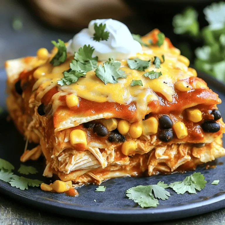 To make a tasty Chicken Enchilada Casserole, you need some basic ingredients. Here’s what you will need: - 2 cups cooked chicken, shredded - 1 can (10 oz) red enchilada sauce - 1 can (15 oz) black beans, rinsed and drained - 1 cup corn kernels (fresh, frozen, or canned) - 1 small onion, finely chopped - 2 cloves garlic, minced - 2 cups shredded Mexican cheese blend - 8 small corn tortillas, cut into quarters - 1 teaspoon ground cumin - 1 teaspoon chili powder - ½ teaspoon salt - ¼ teaspoon black pepper - 1 cup sour cream (for serving) - Fresh cilantro, chopped (for garnish) These ingredients create a mix of flavors and textures. The shredded chicken brings protein, while the black beans add fiber. The corn adds sweetness, and the spices give depth. You can also adjust the heat by changing the chili powder. If you want to know more about this recipe, check the Full Recipe. - Preheat the oven to 350°F (175°C). - Sauté onion until translucent and add minced garlic. - Combine chicken, enchilada sauce, black beans, corn, and spices in the skillet. First, I set my oven to 350°F. This ensures an even heat for baking. Next, I heat a splash of oil in a large skillet. I add the chopped onion. I cook it until it turns soft and clear, about 3 to 4 minutes. Then, I add the minced garlic. I stir it for one more minute. The aroma fills the kitchen, and it smells amazing. Now, I grab my cooked chicken. You can use leftover chicken or rotisserie chicken for this dish. I add it to the skillet along with the enchilada sauce, rinsed black beans, corn, and spices. I mix everything well. I cook it for about 5 to 7 minutes until it's warm. This step brings all the flavors together. - Arrange half of the tortilla quarters in a greased baking dish. - Add half of the chicken mixture and sprinkle with cheese. - Repeat layering with remaining ingredients. For the layering, I take a greased 9x13 inch baking dish. I place half of the tortilla quarters on the bottom. Then, I spoon half of the chicken mixture over the tortillas. I make sure to spread it evenly. After that, I sprinkle one cup of shredded cheese on top. The cheese melts beautifully while baking. Next, I repeat the steps with the remaining tortilla quarters and chicken mixture. Finally, I top it all with the last of the cheese. This layered structure gives the casserole its tasty texture. - Cover with foil and bake for 20 minutes before removing the foil. - Bake for an additional 10-15 minutes until the cheese is bubbly. - Allow cooling and serve with sour cream and cilantro. Now, I cover the casserole with foil. I bake it for 20 minutes to let the flavors meld. After that, I remove the foil. I bake it for another 10 to 15 minutes. I watch for the cheese to turn bubbly and golden. Once done, I let it cool for about 5 minutes. This helps the layers set and makes servings easier. I love serving it with a dollop of sour cream and a sprinkle of fresh cilantro. It's a colorful and tasty finish! For the full recipe, check the section above. - Use leftover rotisserie chicken for quicker prep. - Adjust spice levels by adding more or less chili powder. These tips help save time and fit your taste. Leftover chicken makes this dish quick and easy. You get great flavor without all the work. If you love heat, add extra chili powder. If you prefer mild, cut back on the spice. Everyone can enjoy this meal. - Pair with a side salad or tortilla chips. - Offer various toppings like avocado or jalapeños. Serving this dish is fun. A fresh salad adds crunch and color. Tortilla chips give a nice texture too. You can let everyone choose their own toppings. Fresh avocado or spicy jalapeños work well. This makes each plate special and personal. - Store leftovers in an airtight container in the fridge. - Reheat in oven or microwave before serving. Leftovers are great for busy nights. Keep them in an airtight container in the fridge. They stay fresh for a few days. Reheat in the oven to keep the cheese melty. The microwave works for quick meals too. Enjoy your savory chicken enchilada casserole again! {{image_2}} You can mix things up with your Chicken Enchilada Casserole. Swap chicken for ground turkey or beef for a different flavor. This change keeps the meal hearty and delicious. You can also utilize green enchilada sauce instead of red. This swap will give the dish a fresh taste. If you want a meat-free dish, replace chicken with black beans or grilled vegetables. These options add protein and texture. You can also enhance your casserole with extra cheese and seasonal veggies. This will make the dish satisfying and colorful. To take your casserole to the next level, add diced bell peppers for crunch. They bring a nice bite and sweetness. You can also incorporate different types of cheese for depth of flavor. Mixing cheddar, Monterey Jack, or even pepper jack can make each bite exciting. For the full recipe, check out the Cheesy Chicken Enchilada Casserole! - Refrigerate leftovers for up to 4 days. - Freeze assembled casserole before baking for up to 3 months. Storing your Chicken Enchilada Casserole is easy and smart. After you enjoy a meal, let the casserole cool. Then, transfer it to an airtight container. This keeps your food fresh and tasty. If you plan to save it for later, freezing is a great option. Just wrap it well before storing. - Thaw overnight in the fridge before baking. - Bake from frozen, adding extra cooking time. When you’re ready to eat your frozen casserole, move it to the fridge. Let it thaw overnight. This way, it cooks evenly. If you forget to thaw it, no problem! You can bake it straight from the freezer. Just remember to add some extra time to the cooking. - Reheat in the microwave for individual portions. - Use the oven for large servings to maintain texture. Reheating is simple, too. For quick meals, pop a portion in the microwave. Heat it for a minute or two until warm. If you have a large serving, use your oven. This keeps the cheese bubbly and the texture just right. Enjoy those tasty layers again! Yes, you can prepare and assemble it the night before. Just bake it when you're ready to eat. This makes dinner easy and stress-free. Serve your casserole with rice, beans, or simple green salads. These sides balance the flavors and add freshness to your meal. Look for bubbly cheese and golden brown edges. These signs show that your casserole is cooked perfectly and ready to enjoy. The spice level can change based on the chili powder you use. For a milder taste, use less chili powder or choose a mild sauce. This way, everyone can enjoy it! This casserole is a tasty mix of chicken, beans, and cheese. Each step is simple and fun. You can swap ingredients or add flair to suit your taste. Whether you're busy or just planning meals, this dish is quick and easy. With great tips on storage, you'll have delicious leftovers too. Enjoy this meal with friends or family any night of the week. It's sure to please everyone and keep them coming back for more!