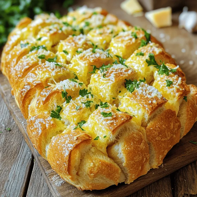 To make this tasty bread, you need a few key items: - 1 loaf of fresh Italian bread (round or rectangular) - 8 tablespoons unsalted butter, melted - 4 cloves garlic, minced - 1 cup grated Parmesan cheese - 2 tablespoons fresh parsley, chopped - 1 teaspoon Italian seasoning - 1/2 teaspoon salt - 1/4 teaspoon black pepper These ingredients come together to create a rich, flavorful pull-apart bread. The garlic and butter mix with the cheese, making each bite super cheesy. If you want to change up the taste a bit, you can add: - 1/2 teaspoon red pepper flakes for heat This extra kick makes the bread even more exciting. You can adjust the heat to your taste. Not all ingredients have to be set in stone. Here are some easy swaps: - Use garlic powder if you don't have fresh garlic. One teaspoon works well. - Try another cheese like mozzarella or cheddar if you want a different flavor. - Swap fresh parsley for dried herbs if you don't have fresh on hand. These substitutions can help you use what you already have at home. Embrace your creativity in the kitchen! For the full recipe, check the earlier section. First, preheat your oven to 375°F (190°C). This helps the bread bake evenly. Next, take your loaf of fresh Italian bread. Carefully make cuts in the bread in a grid pattern. Make sure not to cut all the way through. You want small squares that will pull apart easily. In a small bowl, mix the melted butter, minced garlic, Italian seasoning, salt, pepper, and optional red pepper flakes. This garlic butter mixture gives the bread its rich flavor. Use a brush to coat the insides of the cuts in the bread. Get that garlic butter into every crevice for maximum taste. Now, sprinkle the grated Parmesan cheese over the bread. Press it slightly to make sure it sticks in the cuts. Place the bread on a baking sheet lined with parchment paper or foil. Cover the bread loosely with aluminum foil and bake for 15 minutes. This keeps the bread soft inside. After 15 minutes, remove the foil. Bake for another 10-15 minutes or until the bread turns golden brown and crispy on the outside. Keep an eye on it to prevent burning. Once done, take the bread out of the oven. Sprinkle fresh parsley over the top for color and freshness. Serve the bread warm, pulling apart the pieces. Enjoy the cheesy, garlicky goodness. Pair it with your favorite dip or soup for a perfect meal. For the full recipe, check the details above. When you cut the bread, use a sharp knife. Make cuts that form a grid pattern. Cut deep, but do not slice all the way through. Leave the base intact. This helps the bread stay together. Each piece will pull apart easily. Aim for about one-inch squares. This size allows for even flavor and crispy edges. To make the garlic butter mixture, melt the butter first. Add minced garlic and stir well. This step is key; the garlic needs to infuse. I like to add Italian seasoning, salt, and pepper. If you want heat, add red pepper flakes. Brush the mixture generously into every cut. Don’t hold back! The more garlic butter, the better the flavor. For the best texture, bake the bread covered for part of the time. This helps it cook through without burning. Then, remove the foil to let it crisp up. The bottom should be golden brown. The cheese should melt and create a nice crust. To finish, sprinkle fresh parsley on top. This adds a burst of color and flavor. Enjoy your warm, cheesy, and garlicky pull-apart bread! {{image_2}} You can switch up the cheese in this recipe. Try using mozzarella for a gooey pull. Cheddar adds a sharp bite that many love. You could even mix cheeses for a richer taste. A blend of mozzarella and parmesan gives both creaminess and a nice crisp. Adding herbs and spices can boost the flavor. Try fresh rosemary or thyme for an earthy touch. A sprinkle of oregano brings a classic Italian taste. Don't forget about garlic powder for an extra garlic kick. You can also add a hint of cayenne for heat. You can make this bread vegan by using plant-based butter and cheese. Look for vegan parmesan or another nut-based cheese. For gluten-free bread, choose a gluten-free loaf. There are many options now that taste great, so you won’t miss the gluten. Check out the Full Recipe for more ideas. Once you enjoy your Garlic Parmesan Pull-Apart Bread, you may have leftovers. To store them, wrap the bread in plastic wrap or foil. This keeps the bread from drying out. Place it in a cool, dry place, like your kitchen counter. If you plan to eat it within two days, this method works well. For longer storage, consider freezing. When you're ready to enjoy your leftover bread, reheating is key. Preheat your oven to 350°F (175°C). Unwrap the bread and place it on a baking sheet. Bake for about 10 minutes. This warms the bread and brings back its crispy texture. If you want a softer option, you can microwave it for 15-20 seconds. Just be careful not to overheat. If you want to save your bread for later, freezing is a great option. Wrap the bread tightly in plastic wrap. Then, place it in a freezer bag. This helps prevent freezer burn. You can freeze it for up to three months. When you're ready to eat it, let the bread thaw in the fridge overnight. After that, reheat using the oven for the best taste. For the full recipe, be sure to check out the instructions above and enjoy this delicious treat! You can prepare the bread a few hours in advance. Cut the loaf and mix the garlic butter. Brush the mixture into the cuts of the bread. Wrap it tightly in plastic wrap to keep it fresh. When you are ready to bake, just remove the wrap. Bake it as directed in the Full Recipe. This way, you save time when serving. Yes, you can use many types of bread. French bread or sourdough work well. You can even try whole wheat bread for a different taste. Just make sure the bread has a good crust to hold the toppings. This helps keep the cheese and butter inside. Many dips work great with this bread. Cheesy dips, like spinach or artichoke, add flavor. A simple marinara sauce gives a nice touch, too. You can also try ranch dressing or a garlic aioli. These dips will enhance the cheesy, garlicky flavor of the bread. Absolutely! You can mix in mozzarella for extra stretch. Cheddar adds a sharp taste that pairs nicely. Just keep the balance of flavors in mind. Too much cheese can overwhelm the garlic and parsley notes. The bread is done when it turns golden brown. You should also hear a nice crisp sound when you tap it. If you want a crunchier crust, leave it in the oven a little longer. Just keep an eye on it to avoid burning. Yes, you can add heat easily! Just include red pepper flakes in the garlic butter mix. You can also use a spicy cheese, like pepper jack. This gives the bread a nice kick! To keep the bread warm, wrap it in aluminum foil after baking. Place it in a warm oven set to low heat. This will keep it warm without overcooking. Just be careful not to let it dry out. Serve the bread warm and fresh from the oven. Place it on a large platter for sharing. You can add small bowls of dips around it. This invites everyone to dig in and enjoy! Garlic Parmesan pull-apart bread is simple and fun to make. We covered essential ingredients, easy steps, and helpful tips. You can add your favorite cheeses, herbs, or even go vegan. Proper storage lets you enjoy it later, too. Remember, the best bread has a crispy crust and soft middle. Try these recipes and make your family smile. Enjoy your cooking and tasty bread!