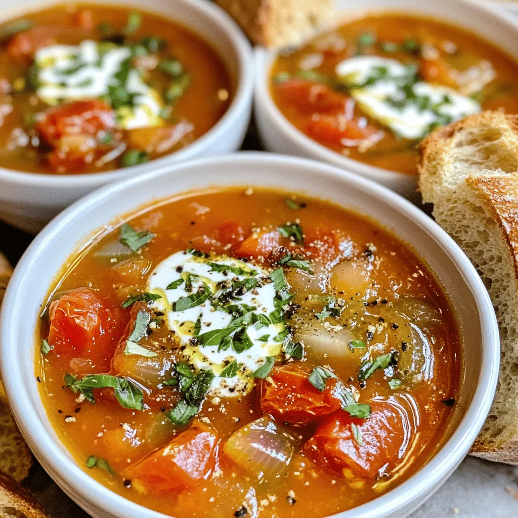 - 2 pounds ripe tomatoes, chopped - 1 large onion, diced - 4 cloves garlic, minced - 3 tablespoons olive oil - 1 teaspoon balsamic vinegar - 1 teaspoon sugar - Salt and pepper to taste - 2 cups vegetable broth - 1 cup fresh basil leaves, packed - ½ cup heavy cream (optional) - Crusty bread or croutons for serving This recipe uses simple measurements to ensure easy cooking. You need 2 pounds of ripe tomatoes. Pick ones that feel heavy and smell sweet. One large onion adds depth. Four cloves of garlic give a nice kick. The olive oil helps roast the veggies and blend flavors. Balsamic vinegar adds a slight tang. Sugar balances the natural acidity of the tomatoes. You can adjust salt and pepper to your taste. Use 2 cups of vegetable broth to give the soup a hearty base. Fresh basil leaves add that bright, herbal note. If you want a creamier texture, add ½ cup of heavy cream. When choosing tomatoes, look for vibrant colors and smooth skin. Avoid any with soft spots or wrinkles. Fresh basil should be bright green with no browning. Smell the leaves for a strong, pleasant aroma. For onions, pick firm ones with dry, papery skins. Garlic should be plump and free of mold. Always check the expiry date on your vegetable broth. Choosing fresh ingredients makes a big difference in flavor. I recommend visiting your local farmer's market for the best produce. You can find a great selection of ripe tomatoes and fresh herbs. Check out the Full Recipe for more details! First, gather your ingredients. You will need ripe tomatoes, a large onion, garlic, olive oil, balsamic vinegar, sugar, salt, pepper, vegetable broth, fresh basil, and heavy cream if you like it creamy. Start by preheating your oven to 400°F (200°C). This helps the vegetables roast perfectly. In a big bowl, mix the chopped tomatoes, diced onion, and minced garlic. Drizzle with olive oil and balsamic vinegar. Sprinkle in some sugar, salt, and pepper. Toss everything to coat well. This step is key for great flavor. Next, spread the mixture on a baking sheet. Make sure it’s in a single layer for even roasting. Place it in the preheated oven. Roast for about 30 to 35 minutes. You want them to be caramelized and slightly charred. This brings out the natural sweetness of the tomatoes and onions. Once they're done, take the baking sheet out and let the veggies cool for a few minutes. This will make them easier to handle. Transfer the roasted veggies to a large pot. Pour in the vegetable broth. Bring the mixture to a simmer over medium heat. This warms everything up and helps the flavors blend. Stir in fresh basil leaves and let it simmer for another 5 to 7 minutes. Now, it’s time to blend! Use an immersion blender to puree the soup until smooth. If you want some texture, blend only half the soup and mix it back in. For a creamier soup, stir in heavy cream now. Taste and adjust the seasoning with salt and pepper if needed. When you’re ready, serve your soup hot. Garnish with a few fresh basil leaves and enjoy it with crusty bread or croutons. For the complete recipe, check out the Full Recipe. To make your roasted tomato basil soup shine, focus on quality ingredients. Fresh tomatoes bring bright flavors. Roasting them adds depth through caramelization. Use ripe, seasonal tomatoes whenever possible. They taste sweeter and richer. Don't skip the garlic and onion; they add layers of flavor. A splash of balsamic vinegar gives a hint of sweetness and acidity. Balance this with a bit of sugar. Avoid using under-ripe tomatoes; they can taste bland. Don’t rush the roasting process. Take your time to let the veggies caramelize. This step is crucial for flavor. Be careful not to over-blend the soup. You want a smooth texture, but some chunks add character. Finally, taste and adjust the seasoning before serving. Too little salt can dull the flavors. Fresh tomatoes are great but can be tricky to find out of season. Canned tomatoes are a solid choice, too. They offer convenience and are often picked at peak ripeness. If you use canned tomatoes, opt for whole or crushed ones in juice, not puree. This keeps the texture intact. Just remember to adjust your seasonings, as canned tomatoes may be saltier. Both options can create a delicious soup. Choose what works best for you. For the full recipe, check out the details above and get cooking! {{image_2}} If you want a vegan option, skip the heavy cream. You can still enjoy a rich taste by adding a bit more olive oil at the end. The roasted tomatoes and basil provide enough flavor to make this soup shine. You can also blend in some cooked potatoes for creaminess without dairy. This keeps it smooth and filling. This soup is naturally gluten-free. Use fresh ingredients and watch for any added seasonings. Always check labels on broth and other items. Most vegetable broths are gluten-free, but some brands do add gluten. To elevate your soup, consider adding spices like cumin or smoked paprika. A sprinkle of red pepper flakes adds a nice kick, too. If you love cheese, top your bowl with grated Parmesan or crumbled feta. This adds a salty, savory note that pairs well with the sweet tomatoes. A drizzle of olive oil before serving enhances the flavors even more. For a fresh twist, try adding a squeeze of lemon juice or a few capers. For the full recipe, check out the details above. After enjoying your roasted tomato basil soup, let it cool. Transfer the soup to an airtight container. Make sure to seal it tightly. Store it in the fridge. Your leftovers will stay fresh for up to five days. Label the container with the date. This helps you keep track of freshness. If you want to save some soup for later, freezing is a great option. Pour the cooled soup into freezer-safe containers. Leave some space at the top, as the soup will expand when frozen. You can also use freezer bags. Make sure to remove excess air before sealing. This soup can last in the freezer for up to three months. When you’re ready to eat, just thaw it overnight in the fridge. Reheating your soup is easy. You can use a pot on the stove or the microwave. If using the stove, heat it over medium-low. Stir often to prevent sticking. For the microwave, heat in short bursts, stirring in between. If the soup is too thick, add a splash of broth or water. This will help restore its creamy texture. Enjoy your comforting bowl of roasted tomato basil soup! To make roasted tomato basil soup from scratch, start with fresh ingredients. You will need ripe tomatoes, onion, garlic, olive oil, balsamic vinegar, sugar, salt, pepper, vegetable broth, and fresh basil. First, preheat the oven to 400°F. Mix the chopped tomatoes, diced onion, and minced garlic in a bowl with olive oil and vinegar. Spread this on a baking sheet and roast for 30-35 minutes. After roasting, blend it with vegetable broth and basil. For a creamy touch, add heavy cream. This delicious soup is easy to make, and you can find the full recipe above. Roasted tomato basil soup pairs well with many sides. You can enjoy it with crusty bread or crunchy croutons. A fresh salad adds a nice balance. Grilled cheese sandwiches are also a classic choice. You can even serve it with a light pasta dish for a full meal. Each option enhances the soup's flavors and makes your meal comforting. Roasted tomato basil soup can last about 4 to 5 days in the fridge. Make sure to store it in an airtight container. This keeps the soup fresh and tasty. If you notice any changes in color or smell, it’s best to discard it. Always check before enjoying leftovers. Yes, you can make roasted tomato basil soup ahead of time. It tastes great when prepared a day or two in advance. Just store it in the fridge. The flavors deepen as it sits, making it even better. To reheat, warm it on the stove over low heat or in the microwave. Enjoy the ease of having a warm bowl ready when you need it! Roasted tomato basil soup is simple and rewarding. We covered the key ingredients, how to prepare and roast them, and the blending process. I shared tips for enhancing flavor and avoiding common errors. You can adjust the recipe for vegan and gluten-free needs. Proper storage and reheating help keep it fresh. Overall, I hope this guide inspires you to make this delicious soup. Enjoy your cooking and the warmth it brings!