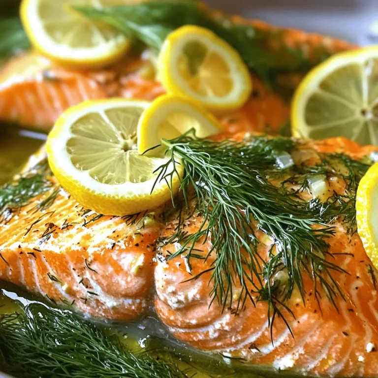 - 4 salmon fillets (6 ounces each) - 2 tablespoons olive oil - 2 tablespoons fresh lemon juice - Zest of 1 lemon - 2 tablespoons fresh dill, chopped (or 1 tablespoon dried dill) - 3 cloves garlic, minced - Salt and pepper to taste - Lemon slices for garnish - Fresh dill sprigs for garnish These ingredients come together to create a simple yet tasty dish. Salmon is the star here, and it pairs well with lemon and dill. The olive oil adds richness, while garlic brings depth. Together, they make the salmon flavorful and juicy. - Capers for a salty bite - Honey for a touch of sweetness - Red pepper flakes for heat You can add capers if you like a briny taste. Honey can balance the acidity of lemon, making it sweeter. If you want some spice, red pepper flakes can do the trick. Feel free to mix and match these to suit your taste! - Baking dish - Mixing bowl - Measuring spoons - Knife and cutting board - Oven These tools make the cooking process easy. A baking dish holds the salmon, and a mixing bowl helps combine your marinade. Use a knife and cutting board to prepare your ingredients. Lastly, make sure your oven is ready for roasting. For the complete recipe, check out the Full Recipe section! To start, gather your ingredients. You need olive oil, lemon juice, lemon zest, dill, garlic, salt, and pepper. In a small bowl, mix the olive oil, lemon juice, and zest. Add chopped dill and minced garlic. Stir until everything blends well. This mix will add great taste to the salmon. Now, take your salmon fillets. Place them in a baking dish. Pour the marinade over the salmon. Make sure each fillet is fully covered. This step is key for flavor. Let the salmon sit for 15 to 20 minutes at room temperature. This gives time for the flavors to soak in. Preheat your oven to 400°F (200°C). After marinating, place the salmon skin-side down in the dish. Put the dish in the oven. Roast for 12 to 15 minutes. You’ll know it’s ready when it flakes easily with a fork. Once done, take it out and let it rest for a few minutes. Serve it with lemon slices and fresh dill sprigs for a nice touch. For the full recipe, check out the detailed instructions. To get flaky salmon, cook it at the right temperature. Preheat your oven to 400°F (200°C). This heat cooks the salmon evenly. Use a fork to test for doneness. If it flakes easily, it’s ready. The ideal cooking time is 12-15 minutes. Don’t overcook it; this will dry out the fish. One common mistake is not marinating long enough. Allow your salmon to soak in the marinade for 15-20 minutes. This helps to infuse flavor. Another mistake is using too much heat. High heat can burn the outside while leaving the inside raw. Lastly, avoid overcrowding the baking dish. Give each fillet space to cook properly. Lemon dill roasted salmon pairs well with various sides. Serve it with a fresh green salad for a light meal. Roasted vegetables also complement the flavors nicely. For a heartier option, try quinoa or rice. Garnish with extra lemon slices and dill sprigs for a touch of color. You can find the full recipe to guide you through the process. {{image_2}} If you want to change things up, many fish work well here. You can use trout, cod, or halibut instead of salmon. Each fish has a different taste but can soak up the lemon and dill flavors nicely. Make sure to adjust the cooking time based on the thickness of the fish. Lemon and dill give a bright taste, but you can try other flavors too. For a spicy kick, add red pepper flakes to the marinade. If you love a sweet touch, mix in some honey or maple syrup. You might even swap dill for fresh parsley or basil for a different twist. These changes can make your dish unique. Baking is easy and keeps the fish moist. Preheat your oven to 400°F and place the salmon on a baking dish, as shown in the Full Recipe. Grilling adds a nice char and smoky flavor. If you choose to grill, use medium heat and cook the salmon for about 5-7 minutes per side. The grilling method also gives a crisp texture to the fish. To store leftover salmon, first let it cool. This prevents sogginess. Place the salmon in an airtight container. Make sure to add a layer of parchment paper between the fish and the lid. This keeps it fresh. If you follow these steps, your salmon will taste great later. When reheating salmon, you want to keep it moist. Preheat your oven to 275°F (135°C). Place the salmon on a baking sheet. Cover it with foil to trap steam. Heat for about 15 minutes. This method helps keep the flavor strong. You can also use a microwave, but watch the time. Heat it in short bursts to avoid drying it out. Refrigerating is best for short-term storage. Leftover salmon stays good for about three days. If you want to keep it longer, freezing is the way to go. Wrap the salmon tightly in plastic wrap. Then, place it in a freezer bag. It can last up to three months in the freezer. Just remember to label the bag with the date. When you're ready to eat it, thaw it in the fridge overnight. This method helps maintain flavor and texture. For more details, check out the Full Recipe. You should bake Lemon Dill Roasted Salmon for 12-15 minutes. Check the salmon at 12 minutes. It is ready when it flakes easily with a fork. Cooking time may vary based on the thickness of your fillets. If your fillets are thicker, you might need a few more minutes. Always check to avoid overcooking. Yes, you can use dried dill. Use 1 tablespoon of dried dill for this recipe. Dried herbs have a stronger flavor than fresh herbs. If you choose dried dill, add it to the marinade as you would fresh. The taste will still be great, but fresh dill adds a special touch. You can serve Lemon Dill Roasted Salmon with many sides. Some good choices include: - Steamed green beans - Roasted potatoes - Quinoa salad - Mixed greens with a light vinaigrette These sides balance the rich salmon flavor. They also offer a nice pop of color on your plate. For more ideas, check the Full Recipe for serving suggestions. You now have all the tools to make delicious Lemon Dill Roasted Salmon. Use the essential and optional ingredients to enhance your dish. Follow the step-by-step instructions for perfect results every time. Remember the tips to avoid common mistakes and achieve flaky salmon. Don’t hesitate to explore variations, and always store leftovers properly. By following these steps, you’ll impress your friends and family. Lemon Dill Roasted Salmon is not just a meal; it’s an experience worth sharing. Enjoy your cooking journey!