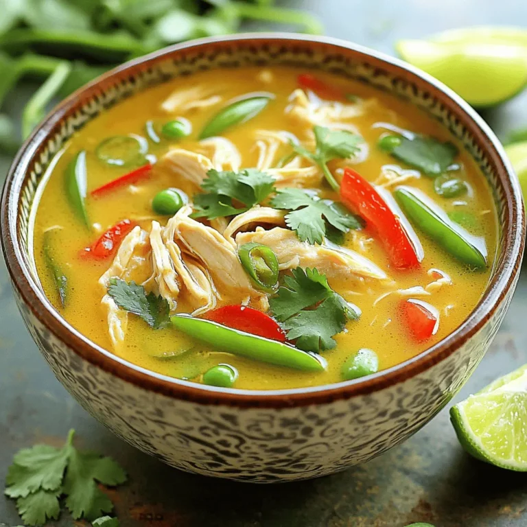 - 1 lb boneless, skinless chicken thighs - 1 can coconut milk - 4 cups chicken broth The main ingredients are the heart of this dish. Chicken thighs add tenderness and flavor. Coconut milk brings creaminess and a hint of sweetness. Chicken broth enhances the soup's depth. Together, they create a rich base that warms you up. - 1 tablespoon red curry paste - 1 tablespoon fish sauce - 1 tablespoon lime juice These flavor enhancers give the soup its signature taste. Red curry paste adds a spicy kick. Fish sauce brings umami and saltiness. Lime juice balances the flavors with a refreshing zing. Each ingredient plays a role in making the soup burst with flavor. - 1 red bell pepper, sliced - 1 cup snap peas - 1 small onion, finely chopped - 3 cloves garlic, minced - 1 tablespoon fresh ginger, grated Vegetables add color and texture to the soup. The red bell pepper adds sweetness and crunch. Snap peas contribute a fresh snap. Onion, garlic, and ginger build a fragrant base. Together, they make each spoonful a delight. - Placing chicken in the slow cooker Start by placing 1 lb of boneless, skinless chicken thighs in the bottom of the slow cooker. This chicken will soak up all the flavors as it cooks. - Preparing the coconut mixture In a medium bowl, whisk together 1 can of coconut milk, 4 cups of chicken broth, 1 tablespoon of red curry paste, 1 tablespoon of fish sauce, 1 tablespoon of lime juice, and 1 tablespoon of brown sugar. Mix well until everything is combined. This mixture adds richness and depth to the soup. - Layering vegetables and seasoning Pour the coconut mixture over the chicken. Next, add sliced red bell pepper, 1 cup of snap peas, 1 small finely chopped onion, 3 cloves of minced garlic, and 1 tablespoon of grated ginger. Season with salt and pepper to taste. Stir gently to mix all the ingredients well. - Cooking times for low and high settings Cover the slow cooker. Cook on low for 6-7 hours or on high for 3-4 hours. The chicken will become tender and flavorful during this time. - Shredding chicken Once cooked, carefully remove the chicken. Use two forks to shred it into bite-sized pieces. Return the shredded chicken to the slow cooker and stir to combine. - Adjusting seasoning Taste the soup and adjust the seasoning if needed. Add more lime juice for tanginess or salt for flavor. This step helps you find the perfect balance for your dish. To get the best flavor, always use fresh ingredients. Fresh herbs and veggies make a big difference. When cooking, balance sweetness and acidity well. Use lime juice to brighten the soup. The brown sugar adds sweetness, so taste as you go. To avoid overcooking, set your slow cooker on low. This allows the chicken to cook slowly and stay juicy. Check the chicken after six hours. If you want a thicker soup, remove some broth and let it reduce. For a thinner soup, add more broth or coconut milk. Garnish your soup with fresh cilantro and sliced green onions. These add color and flavor. Serve lime wedges on the side for extra tang. Pair the soup with rice or crusty bread to soak up the broth. Enjoy your meal! {{image_2}} You can switch proteins for this soup. Chicken breasts work well if you prefer them. Tofu is a great option for a plant-based meal. Both choices will absorb the flavors nicely. For those watching sodium, use low-sodium chicken broth. You can also find low-sodium fish sauce. These swaps help make the soup healthier without losing taste. Add different vegetables to change up the soup. Bamboo shoots or mushrooms can give it a new texture. You can also try using zucchini or carrots for more color. If you like heat, adjust the spices. Add more red curry paste or some chili flakes. This lets you find the right heat level for your taste. You can make this soup in an Instant Pot. This method cuts down on cooking time. Cook on high pressure for about 15 minutes. Make sure to let the steam release naturally. For a stovetop version, use a pot and simmer everything. It takes about 30 minutes on medium heat. Both methods keep the flavors rich and delicious. To keep your Slow Cooker Thai Coconut Chicken Soup fresh, follow these tips: - Refrigerating: Place the soup in an airtight container. Let it cool first. Store it in the fridge for up to 3 days. - Freezing: If you want to keep it longer, freeze the soup. Use freezer bags or containers. It can last for up to 3 months in the freezer. Make sure to leave some space in the container for expansion. When you are ready to enjoy your soup again, here’s how to reheat it: - Methods: You can use the microwave or the stove. If using the microwave, heat it in intervals. Stir in between to keep it even. On the stove, heat it on low. Stir often for best results. - Duration: Reheating in the microwave usually takes about 3 to 5 minutes. On the stove, it might take about 10 minutes. Make sure it is hot throughout. Knowing how long your soup lasts is key: - Fridge: The soup will stay tasty for about 3 days in the fridge. - Signs of spoilage: Look for changes in smell or color. If it smells off or looks weird, it’s best to toss it out. Always trust your senses! If you cannot use coconut milk, try using almond milk or soy milk. You can also blend silken tofu with a bit of water for a creamy texture. These options work well but may change the flavor slightly. Yes, you can make this soup ahead of time. Cook it and let it cool. Store it in the fridge for up to three days. Reheat on the stove or in the microwave before serving. To make this soup vegan, replace the chicken with tofu or chickpeas. Use vegetable broth instead of chicken broth. Also, skip the fish sauce and use soy sauce or a vegan alternative. To adjust the spiciness, add more or less red curry paste. For a milder soup, use just a small amount. For a spicier kick, add extra paste or sliced fresh chili peppers. Serve this soup hot with fresh cilantro and green onions on top. Lime wedges add a nice zing. Pair it with rice or crusty bread for a complete meal. This blog post detailed how to make a tasty Slow Cooker Thai Coconut Chicken Soup. We covered the main ingredients, important flavor enhancers, and vibrant veggies to use. You'll find step-by-step instructions for easy preparation and cooking. My tips and tricks will help you nail the flavor and texture. We explored variations for different diets and storage info to keep your leftovers fresh. In the end, this dish is simple and delicious. Enjoy your cooking and make it your own!