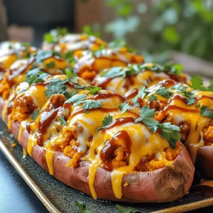 For this dish, you'll need 4 medium sweet potatoes. Choose ones that feel firm and heavy. They should have smooth skin without any bruises or dark spots. Sweet potatoes are sweet and soft when cooked. They make the perfect base for our BBQ chicken filling. To make the BBQ chicken, gather these ingredients: - 2 cups cooked shredded chicken - 1 cup BBQ sauce (store-bought or homemade) - 1 cup corn kernels (fresh, frozen, or canned) - ½ cup red onion, finely diced - Salt and pepper to taste Cooked shredded chicken works best. You can use rotisserie chicken for ease. The BBQ sauce adds flavor, and corn gives a nice crunch. Red onion brings a sweet bite. Don't forget to season with salt and pepper. You can make your dish even better with optional toppings. Consider these: - ½ cup shredded cheddar cheese - ¼ cup fresh cilantro, chopped Cheddar cheese melts well and adds creaminess. Fresh cilantro brings a burst of flavor. Feel free to add as much or as little as you like. These toppings make the dish look great and taste even better. Start by preheating your oven to 400°F (200°C). This helps cook the sweet potatoes evenly. Wash the sweet potatoes well under running water. Use a fork to prick each potato in several spots. This allows steam to escape while baking. Place the sweet potatoes on a baking sheet lined with foil or parchment paper. Bake them for 45-60 minutes. They are ready when a fork easily pierces them. While the sweet potatoes bake, grab a bowl. Mix 2 cups of cooked shredded chicken with 1 cup of BBQ sauce. You can use store-bought or homemade sauce. Adjust the sauce to your taste. If you like it tangy, add a bit more. In a small skillet, heat some oil over medium heat. Add ½ cup finely diced red onion and sauté for 3-4 minutes. When the onion softens, combine it with the BBQ chicken. Stir in 1 cup of corn kernels. Season this mixture with salt and pepper. Once the sweet potatoes are cool, cut each in half lengthwise. Use a fork to gently mash the insides. Spoon the BBQ chicken mixture into each half of the sweet potato. Make sure to fill them well. If you want to add cheese, sprinkle ½ cup of shredded cheddar cheese on top. This adds a creamy texture and great flavor. Return the stuffed sweet potatoes to the oven for 5-10 minutes. Bake them until the cheese melts and bubbles. After that, remove them from the oven. Garnish with fresh chopped cilantro for a burst of color and flavor. When you pick sweet potatoes, look for ones that are firm. Avoid any with spots or soft areas. The skin should be smooth and free of wrinkles. A medium size is perfect for stuffing. Sweet potatoes can vary in color. Orange ones are sweet, while purple ones have a nutty flavor. Choose the type that you enjoy most. You can use store-bought BBQ sauce for quick prep. It saves time and still tastes great. Many brands offer unique flavors, so try a few to find your favorite. If you want to make your own sauce, mix ketchup, apple cider vinegar, brown sugar, and spices. Homemade sauce can add a personal touch and extra flavor. Adjust the sweetness and tanginess to suit your taste. For shredding chicken, use boneless, skinless chicken breasts or thighs. You can bake, boil, or use a slow cooker. Baking at 375°F (190°C) for 25-30 minutes works well. Boiling takes about 15-20 minutes. If using a slow cooker, cook on low for 6-8 hours. After cooking, let the chicken rest for a few minutes. Use two forks to shred it easily. Shredded chicken blends well with BBQ sauce, making it juicy and flavorful. {{image_2}} You can make a tasty vegetarian version of this dish. Instead of chicken, use black beans or chickpeas. Mix them with BBQ sauce to get that smoky flavor. You can add sautéed mushrooms for extra texture. Roasted vegetables like bell peppers or zucchini also work well. These swaps keep the dish hearty and satisfying. Experiment with different BBQ sauces for a unique twist. Try a spicy sauce if you love heat. A sweet sauce with honey or maple syrup adds a nice touch. For a tangy bite, use a vinegar-based BBQ sauce. Each sauce changes the dish's taste, making it fun to try new flavors. Toppings can elevate your stuffed sweet potatoes. Add avocado slices for creaminess. A dollop of sour cream gives a nice contrast to the BBQ. You can sprinkle crispy bacon bits for crunch. Fresh jalapeños add heat and color. Don't forget to experiment with herbs like parsley or dill for freshness. To keep your BBQ chicken stuffed sweet potatoes fresh, follow these steps: - Let them cool to room temperature. - Place leftovers in an airtight container. - Store in the fridge for up to three days. This keeps the flavors nice and helps maintain their texture. Reheating is simple and can be done in a few ways: - Microwave: Place a stuffed sweet potato on a plate. Heat for 1-2 minutes, or until warm. - Oven: Preheat the oven to 350°F (175°C). Wrap the potatoes in foil and heat for about 15-20 minutes. - Air Fryer: If you have one, set it to 350°F (175°C) and heat for 5-7 minutes. Each method keeps the dish tasty and enjoyable. Freezing can help you save time for later. Here’s how: - Wrap each stuffed sweet potato tightly in plastic wrap. - Place them in a freezer-safe bag or container. - Label with the date and freeze for up to three months. When you’re ready to eat, thaw in the fridge overnight before reheating. This method preserves flavor and texture. Yes, you can use other types of potatoes. Russet or Yukon Gold potatoes work well. They are starchy and creamy, making them a good choice. Keep in mind, these potatoes will taste different from sweet potatoes. The sweetness in the dish comes from the sweet potatoes. If you want to keep that flavor, stick with sweet potatoes. You can tell when sweet potatoes are done by poking them with a fork. If the fork goes in easily, they are ready. This usually takes 45 to 60 minutes at 400°F. Look for a soft skin and tender flesh inside. If they resist your fork, give them more time in the oven. Yes, you can make this dish ahead of time. You can prepare the sweet potatoes and BBQ chicken mix separately. Store each item in the fridge for up to three days. When you are ready to serve, reheat the sweet potatoes and fill them with the chicken mix. This makes for a quick meal on busy days. You can serve BBQ Chicken Stuffed Sweet Potatoes with a simple side salad. A fresh green salad adds crunch and color. You can also pair it with roasted veggies or coleslaw. If you want something heartier, serve with rice or quinoa. These sides balance the meal and add variety. This blog post covered how to make BBQ Chicken Stuffed Sweet Potatoes. We discussed key ingredients like sweet potatoes and BBQ chicken. You learned the steps for preparation and assembly, plus tips on selecting and cooking. I also shared variations, storage tips, and answered common questions. Now, get creative! Customize your dish and enjoy the flavors. This meal is healthy, fun, and easy to share. Try making it for your next gathering. You’ll impress your friends and family!