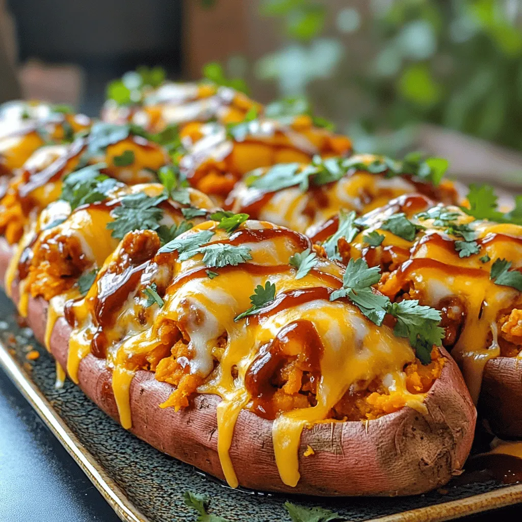 For this dish, you'll need 4 medium sweet potatoes. Choose ones that feel firm and heavy. They should have smooth skin without any bruises or dark spots. Sweet potatoes are sweet and soft when cooked. They make the perfect base for our BBQ chicken filling. To make the BBQ chicken, gather these ingredients: - 2 cups cooked shredded chicken - 1 cup BBQ sauce (store-bought or homemade) - 1 cup corn kernels (fresh, frozen, or canned) - ½ cup red onion, finely diced - Salt and pepper to taste Cooked shredded chicken works best. You can use rotisserie chicken for ease. The BBQ sauce adds flavor, and corn gives a nice crunch. Red onion brings a sweet bite. Don't forget to season with salt and pepper. You can make your dish even better with optional toppings. Consider these: - ½ cup shredded cheddar cheese - ¼ cup fresh cilantro, chopped Cheddar cheese melts well and adds creaminess. Fresh cilantro brings a burst of flavor. Feel free to add as much or as little as you like. These toppings make the dish look great and taste even better. Start by preheating your oven to 400°F (200°C). This helps cook the sweet potatoes evenly. Wash the sweet potatoes well under running water. Use a fork to prick each potato in several spots. This allows steam to escape while baking. Place the sweet potatoes on a baking sheet lined with foil or parchment paper. Bake them for 45-60 minutes. They are ready when a fork easily pierces them. While the sweet potatoes bake, grab a bowl. Mix 2 cups of cooked shredded chicken with 1 cup of BBQ sauce. You can use store-bought or homemade sauce. Adjust the sauce to your taste. If you like it tangy, add a bit more. In a small skillet, heat some oil over medium heat. Add ½ cup finely diced red onion and sauté for 3-4 minutes. When the onion softens, combine it with the BBQ chicken. Stir in 1 cup of corn kernels. Season this mixture with salt and pepper. Once the sweet potatoes are cool, cut each in half lengthwise. Use a fork to gently mash the insides. Spoon the BBQ chicken mixture into each half of the sweet potato. Make sure to fill them well. If you want to add cheese, sprinkle ½ cup of shredded cheddar cheese on top. This adds a creamy texture and great flavor. Return the stuffed sweet potatoes to the oven for 5-10 minutes. Bake them until the cheese melts and bubbles. After that, remove them from the oven. Garnish with fresh chopped cilantro for a burst of color and flavor. When you pick sweet potatoes, look for ones that are firm. Avoid any with spots or soft areas. The skin should be smooth and free of wrinkles. A medium size is perfect for stuffing. Sweet potatoes can vary in color. Orange ones are sweet, while purple ones have a nutty flavor. Choose the type that you enjoy most. You can use store-bought BBQ sauce for quick prep. It saves time and still tastes great. Many brands offer unique flavors, so try a few to find your favorite. If you want to make your own sauce, mix ketchup, apple cider vinegar, brown sugar, and spices. Homemade sauce can add a personal touch and extra flavor. Adjust the sweetness and tanginess to suit your taste. For shredding chicken, use boneless, skinless chicken breasts or thighs. You can bake, boil, or use a slow cooker. Baking at 375°F (190°C) for 25-30 minutes works well. Boiling takes about 15-20 minutes. If using a slow cooker, cook on low for 6-8 hours. After cooking, let the chicken rest for a few minutes. Use two forks to shred it easily. Shredded chicken blends well with BBQ sauce, making it juicy and flavorful. {{image_2}} You can make a tasty vegetarian version of this dish. Instead of chicken, use black beans or chickpeas. Mix them with BBQ sauce to get that smoky flavor. You can add sautéed mushrooms for extra texture. Roasted vegetables like bell peppers or zucchini also work well. These swaps keep the dish hearty and satisfying. Experiment with different BBQ sauces for a unique twist. Try a spicy sauce if you love heat. A sweet sauce with honey or maple syrup adds a nice touch. For a tangy bite, use a vinegar-based BBQ sauce. Each sauce changes the dish's taste, making it fun to try new flavors. Toppings can elevate your stuffed sweet potatoes. Add avocado slices for creaminess. A dollop of sour cream gives a nice contrast to the BBQ. You can sprinkle crispy bacon bits for crunch. Fresh jalapeños add heat and color. Don't forget to experiment with herbs like parsley or dill for freshness. To keep your BBQ chicken stuffed sweet potatoes fresh, follow these steps: - Let them cool to room temperature. - Place leftovers in an airtight container. - Store in the fridge for up to three days. This keeps the flavors nice and helps maintain their texture. Reheating is simple and can be done in a few ways: - Microwave: Place a stuffed sweet potato on a plate. Heat for 1-2 minutes, or until warm. - Oven: Preheat the oven to 350°F (175°C). Wrap the potatoes in foil and heat for about 15-20 minutes. - Air Fryer: If you have one, set it to 350°F (175°C) and heat for 5-7 minutes. Each method keeps the dish tasty and enjoyable. Freezing can help you save time for later. Here’s how: - Wrap each stuffed sweet potato tightly in plastic wrap. - Place them in a freezer-safe bag or container. - Label with the date and freeze for up to three months. When you’re ready to eat, thaw in the fridge overnight before reheating. This method preserves flavor and texture. Yes, you can use other types of potatoes. Russet or Yukon Gold potatoes work well. They are starchy and creamy, making them a good choice. Keep in mind, these potatoes will taste different from sweet potatoes. The sweetness in the dish comes from the sweet potatoes. If you want to keep that flavor, stick with sweet potatoes. You can tell when sweet potatoes are done by poking them with a fork. If the fork goes in easily, they are ready. This usually takes 45 to 60 minutes at 400°F. Look for a soft skin and tender flesh inside. If they resist your fork, give them more time in the oven. Yes, you can make this dish ahead of time. You can prepare the sweet potatoes and BBQ chicken mix separately. Store each item in the fridge for up to three days. When you are ready to serve, reheat the sweet potatoes and fill them with the chicken mix. This makes for a quick meal on busy days. You can serve BBQ Chicken Stuffed Sweet Potatoes with a simple side salad. A fresh green salad adds crunch and color. You can also pair it with roasted veggies or coleslaw. If you want something heartier, serve with rice or quinoa. These sides balance the meal and add variety. This blog post covered how to make BBQ Chicken Stuffed Sweet Potatoes. We discussed key ingredients like sweet potatoes and BBQ chicken. You learned the steps for preparation and assembly, plus tips on selecting and cooking. I also shared variations, storage tips, and answered common questions. Now, get creative! Customize your dish and enjoy the flavors. This meal is healthy, fun, and easy to share. Try making it for your next gathering. You’ll impress your friends and family!