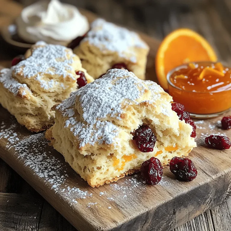 - 2 cups all-purpose flour - 1/3 cup granulated sugar - 1 tablespoon baking powder - 1/2 teaspoon salt - 1/4 cup cold unsalted butter, cubed - 1/2 cup dried cranberries - Zest of 1 medium orange - 1/2 cup heavy cream - 1 large egg - 1 teaspoon vanilla extract - Egg wash ingredients (1 egg beaten with 1 tablespoon water) - Optional: Turbinado sugar for sprinkling Gathering the right ingredients is key to making perfect cranberry orange scones. First, choose high-quality all-purpose flour for a light texture. The granulated sugar adds just the right amount of sweetness, while baking powder helps the scones rise. The salt balances flavors and enhances the taste. Use cold unsalted butter, as it keeps the scones flaky. Dried cranberries bring a sweet-tart flavor that pairs perfectly with the fresh zest of an orange. Heavy cream gives the scones richness, while the egg adds moisture and binds everything together. You can also add a touch of vanilla extract for depth. Finally, brushing the tops with an egg wash gives the scones a beautiful golden color. If you like, sprinkle some turbinado sugar on top for a nice crunch. This mix of ingredients creates a delightful treat you will love! 1. Preheating the oven Start by preheating your oven to 400°F (200°C). This step is crucial for even baking. 2. Mixing dry ingredients In a large bowl, whisk together 2 cups of all-purpose flour, 1/3 cup of granulated sugar, 1 tablespoon of baking powder, and 1/2 teaspoon of salt. Make sure there are no lumps. 3. Incorporating butter Add 1/4 cup of cold unsalted butter, cubed, into the flour mixture. Use a pastry cutter or your fingertips to blend it until it looks like coarse crumbs. This step gives the scones a light texture. 4. Adding cranberries and orange zest Next, stir in 1/2 cup of dried cranberries and the zest of 1 medium orange. Mix until they are evenly spread throughout the flour. The zest adds a fresh flavor that pairs well with the cranberries. 1. Whisking wet ingredients In a separate bowl, whisk together 1/2 cup of heavy cream, 1 large egg, and 1 teaspoon of vanilla extract. This mixture provides moisture to the dough. 2. Mixing the dough Gradually pour the wet mixture into the dry ingredients. Stir gently until just combined. Be careful! Overmixing can make your scones tough. 1. Forming the scones Turn the dough onto a lightly floured surface. Gently pat it into a rectangle about 1-inch thick. Cut the dough into triangles or use a round biscuit cutter to form scones. 2. Applying egg wash and sugar Place the scones on a prepared baking sheet. Brush the tops with an egg wash made from 1 beaten egg mixed with 1 tablespoon of water. If you want, sprinkle with turbinado sugar for a crunchy top. 3. Baking time and indicators Bake for 15-20 minutes. The scones should be golden brown on top and bottom. Remove them from the oven and let them cool slightly before serving. Enjoy your warm, fluffy scones! - Avoiding overmixing: Mix the dough gently. Overmixing makes scones tough. You want a light, flaky texture. - Proper technique for cutting scones: Use a sharp knife or biscuit cutter. Cut straight down without twisting. This keeps the edges sharp and helps the scones rise. - Suggested flavor add-ins: Try adding chopped nuts like walnuts or pecans. A sprinkle of cinnamon or nutmeg can also boost flavor. - Serving suggestions: Serve warm with orange marmalade or clotted cream. A drizzle of honey adds a nice touch, too. - Creative ways to display scones: Use a rustic wooden board for a warm feel. A light dusting of powdered sugar makes them look fancy. - Pairing recommendations: Serve with a cup of tea or coffee. A splash of fresh orange juice complements the flavors perfectly. {{image_2}} For those with dietary needs, you can make gluten-free scones. Use a gluten-free flour blend in place of all-purpose flour. This swap works well and keeps the texture light. If you need to avoid sugar, try using honey or maple syrup. These natural sweeteners add a nice flavor. You can also use coconut cream instead of heavy cream. This makes the scones dairy-free while keeping them rich and moist. You can get creative with flavors. Adding different fruits can change the whole taste. Try blueberries or raspberries in place of cranberries. Both add sweetness and a pop of color. You might also want to add spices. A pinch of cinnamon or nutmeg brings warmth to the scones. These spices pair nicely with the orange zest, enhancing the overall flavor. You can tweak this recipe for holidays or seasons. In the fall, add pumpkin spice to the dough. It gives a cozy, festive feel. For spring, consider adding lemon zest for a fresh twist. During winter, you can add chopped dried figs or nuts. These ingredients can give a heartier touch. Each season offers a chance to play with flavors and create something new. To keep your scones fresh, place them in an airtight container. This helps keep them soft. If you don’t have a container, wrap them well in plastic wrap. Store them at room temperature. Avoid keeping them in the fridge, as this can dry them out. Enjoy your scones within two days for the best taste. 1. First, let the scones cool completely. 2. Wrap each scone in plastic wrap. 3. Place the wrapped scones in a freezer bag. 4. Label the bag with the date. To thaw, take a scone out of the freezer and leave it at room temperature for about an hour. For a warm scone, heat it in the oven at 350°F (175°C) for about 5-10 minutes. Cranberry orange scones last about two days at room temperature. If you store them in the fridge, they can last up to a week. However, the texture may suffer. For the best flavor and texture, eat them fresh or freeze them as soon as possible. How can I make my scones lighter and fluffier? To make your scones lighter, use cold ingredients. Cold butter and cream create steam, which helps the scones rise. Mix the dough gently. Overmixing can make them tough. Use baking powder for a good lift. Can I use fresh cranberries instead of dried? Yes, you can use fresh cranberries. They add a nice tartness. However, fresh cranberries have more moisture. You may need to reduce the cream slightly. Also, chop them to avoid large pockets of tartness. What’s the difference between scones and biscuits? Scones are often sweeter and denser than biscuits. They may include eggs and cream, making them richer. Biscuits are usually flaky and light, with a buttery taste. Scones often have fruits or flavors mixed in, while biscuits are often plain. Can I prepare the dough ahead of time? Yes, you can prepare the dough ahead of time. Wrap it tightly and store it in the fridge for 1-2 days. When ready, cut and bake the scones. You might need to adjust the baking time slightly. In this post, I shared how to make delicious cranberry orange scones. We covered essential ingredients, step-by-step instructions, and tips for the best results. I also discussed variations to suit your taste and storage tips to keep them fresh. Now, you can enjoy these scones for breakfast or tea time. Experiment with flavors and presentations to make them your own. Enjoy baking and sharing these tasty treats with loved ones!