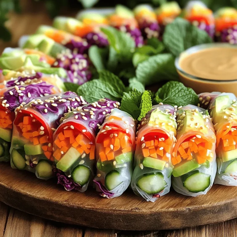 - Rice paper wrappers - Fresh vegetables: - 1 cup red cabbage, thinly sliced - 1 cup carrots, julienned - 1 cup cucumber, julienned - 1 cup red bell pepper, thinly sliced - 1 avocado, sliced - Fresh herbs: - 1 cup fresh mint leaves - 1 cup fresh cilantro leaves - Dipping sauce ingredients: - 1/4 cup peanut butter - 2 tablespoons soy sauce - 1 tablespoon lime juice - 1 tablespoon honey or agave syrup (optional) - Optional garnish: - Sesame seeds Gathering the right ingredients makes all the difference. Each veggie adds color and flavor. The rice paper wrappers are key for that fresh, crunchy bite. Fresh herbs like mint and cilantro give a bright, aromatic touch. The dipping sauce, with peanut butter and lime juice, ties everything together. You can adjust the sweetness with honey or agave syrup. Don’t forget sesame seeds for a sprinkle of crunch! These ingredients create a tasty and colorful dish. To make the filling, start by gathering your colorful veggies. Use red cabbage, carrots, cucumber, red bell pepper, and avocado. In a large bowl, combine these vegetables. Toss them gently to mix. This keeps the colors bright and fresh. When cutting vegetables, try to make even slices. Use a sharp knife for clean cuts. This helps them fit well in the rolls. Aim for thin strips, about the same size. This way, every bite will have a good mix of flavors. For the dipping sauce, take a small bowl. Add peanut butter, soy sauce, lime juice, and honey or agave. Use a whisk to mix everything until smooth. This makes a creamy sauce that pairs well with the rolls. Don’t forget to taste as you mix. You can adjust the flavors to suit your needs. Want it sweeter? Add more honey. Prefer it saltier? Just a dash more soy sauce will do! Next, you need to soften the rice paper wrappers. Fill a shallow dish with warm water. Submerge a rice paper wrapper for about 10-15 seconds. It should feel soft but not too soggy. Carefully lift it out and lay it flat on a clean surface. To assemble the spring roll, place 2-3 tablespoons of the vegetable filling near the bottom of the wrapper. Add a few mint and cilantro leaves on top for extra flavor. Then, fold the bottom over the filling. Fold in the sides and roll it up tightly, like a burrito. Repeat this process for the remaining wrappers and filling. Presenting your spring rolls makes them even more inviting. Arrange them neatly on a serving platter. You can drizzle the peanut sauce over the rolls or serve it on the side for dipping. For extra flair, sprinkle sesame seeds on top. This adds a nice crunch and makes the dish look beautiful. You can also pair these rolls with a fresh salad or a light soup for a complete meal. - Over-soaking rice paper wrappers: Rice paper wrappers need warmth and a bit of water. Soak them for only 10-15 seconds. If you soak them too long, they become too soft and hard to handle. - Filling too much into the spring rolls: Use 2-3 tablespoons of filling per roll. If you add too much, the rolls can burst. Keep it simple for the best crunch. - Substituting vegetables based on preference: Feel free to swap veggies! You can use bell peppers, zucchini, or even sprouts. Get creative with what you love! - Vegan and gluten-free adaptations: To make it vegan, skip honey and use agave syrup. For gluten-free, check your soy sauce for gluten-free options. Enjoy without worry! - Best practices for enjoying spring rolls: Serve fresh and cold. Pair with the dipping sauce on the side for a fun experience. Each bite should be crunchy and flavorful. - How to store leftovers: Wrap any leftovers in a damp paper towel and place them in an airtight container. This keeps them fresh for a day. Enjoy them cold for a tasty snack! {{image_2}} You can change up the flavors of your rainbow veggie spring rolls in fun ways. For an Asian twist, try different dipping sauces. You can mix soy sauce with a bit of garlic or ginger. This adds a bold flavor kick. You can also use sweet chili sauce for a sweet and spicy taste. You can also add proteins to your rolls. Shrimp is a great option for seafood lovers. It adds a nice texture and taste. If you want a plant-based choice, try tofu. It absorbs flavors well and makes the rolls more filling. Your spring rolls can fit the seasons. In summer, add fresh veggies like zucchini or bell peppers. They taste crisp and refreshing. In winter, you can use root veggies like sweet potatoes or beets. They give a heartier feel. Using pickled vegetables is another great idea. They add a tangy flavor that brightens the rolls. Try pickled carrots or radishes for a nice crunch. This way, you can enjoy your spring rolls all year round! To keep your spring rolls fresh, store them carefully. If you have rolled spring rolls, wrap them in damp paper towels. Place them in an airtight container. This helps keep them moist without making them soggy. For unrolled spring rolls, keep the filling and rice wrappers separate. This way, the rice paper will stay firm and not become sticky. To keep the ingredients fresh, store vegetables in the fridge. Use a sealed bag or container. This keeps them crisp and full of flavor. You can also store herbs like mint and cilantro in a glass of water. Cover the tops with a plastic bag to keep them fresh longer. When you want to enjoy your spring rolls again, reheating is easy. You can use a skillet. Heat it over medium heat and add a dash of water. Cover with a lid to create steam. This method warms them up without losing that nice crunch. You can also reheat them in the oven at 350°F (175°C) for 5-10 minutes. This method keeps them crispy. You may wonder, can spring rolls be frozen? Yes, you can freeze unrolled spring rolls. Just make sure to wrap them well. Use plastic wrap and then a freezer bag. This will help prevent freezer burn. To keep spring rolls from sticking, layer parchment paper between them. Place each roll flat on the paper. You can also lightly coat them with a bit of oil or use a damp cloth to cover them. This prevents them from drying out and sticking. Yes, you can make them ahead of time! Prepare the rolls and store them in an airtight container. Keep layers separated with parchment paper. They stay fresh for a few hours in the fridge. Just remember to enjoy them within one day for the best taste and texture. Spring rolls pair well with various dips. Try soy sauce, sweet chili sauce, or my special peanut sauce. You can also serve them with a side salad or a light soup for a complete meal. They make a fun appetizer for any gathering. Yes, rainbow veggie spring rolls are gluten-free! The rice paper wrappers do not contain wheat. Just ensure the soy sauce is gluten-free, as regular soy sauce has wheat. You can use tamari as a great alternative. You can store leftover spring rolls in the fridge for up to two days. Keep them in an airtight container. If they dry out, you can wrap them in a damp paper towel to help revive them. Just be aware that they are best when fresh! Making rainbow veggie spring rolls is fun and easy. You learned about the key ingredients and how to prepare them. We covered step-by-step instructions for making the filling, dipping sauce, and rolling. I shared tips to avoid common mistakes and customization ideas to suit your taste. Now you can impress friends with beautiful, tasty spring rolls. Enjoy experimenting with flavors, and share your creations. Your healthy snacks can be fun and colorful, making meal times exciting. So gather your ingredients and get rolling!