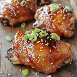 - 4 bone-in, skin-on chicken thighs - 1/4 cup honey - 1/4 cup low sodium soy sauce - 4 cloves minced garlic - 1 tablespoon grated fresh ginger - 1 tablespoon rice vinegar - 1 teaspoon sesame oil - 1/2 teaspoon black pepper - 1/2 teaspoon red pepper flakes (optional) - 2 green onions (for garnish) - Sesame seeds (for garnish) Gather these ingredients before you start cooking. The chicken thighs are key to this dish. They have a rich flavor and stay moist during cooking. Honey brings sweetness while soy sauce adds saltiness. Garlic and ginger give a lovely kick. Rice vinegar adds a touch of tang. Sesame oil brings a nutty depth, and black pepper adds warmth. If you like some heat, add red pepper flakes. For the finish, green onions and sesame seeds make the dish pop. They add color and crunch. Using fresh ingredients makes a big difference. Fresh ginger and garlic enhance the flavors. So, grab the best you can find. This recipe uses simple items, yet it creates a tasty dish. You’ll impress your friends and family with this easy meal. To start, you need to mix the marinade. In a bowl, combine these items: - 1/4 cup honey - 1/4 cup low sodium soy sauce - 4 cloves minced garlic - 1 tablespoon grated fresh ginger - 1 tablespoon rice vinegar - 1 teaspoon sesame oil - 1/2 teaspoon black pepper - 1/2 teaspoon red pepper flakes (optional) Whisk everything together until it blends well. This mixture will give the chicken its sweet and savory flavor. Next, take your 4 chicken thighs. Place them in a large resealable bag or a shallow dish. Pour the marinade over the chicken. Make sure each piece is well coated. Seal the bag or cover the dish. Let the chicken sit in the fridge. It should marinate for at least 1 hour. If you can, let it sit overnight. This gives the chicken more flavor. Now, let’s cook! Preheat your oven to 400°F (200°C). After marinating, take the chicken out of the fridge. Reserve the marinade for later. Heat a tablespoon of oil in a large oven-proof skillet over medium-high heat. Once hot, add the chicken thighs, skin side down. Sear them for 4-5 minutes until the skin turns golden and crispy. Next, flip the thighs over. Pour the reserved marinade over them. Bring this mixture to a gentle simmer. Carefully transfer the skillet to your preheated oven. Roast the chicken for 25-30 minutes. The chicken is done when it reaches an internal temperature of 165°F (75°C). Once cooked, remove the skillet from the oven. Let the chicken rest for about 5 minutes. This helps keep it juicy. The sauce will thicken a bit as it cools. To serve, drizzle some of the sauce over the chicken. Garnish it with sliced green onions and sesame seeds. Enjoy your delicious meal! To make a great marinade, balance is key. Use equal parts honey and soy sauce. Honey gives sweet flavor, while soy sauce adds salt. Add minced garlic and grated ginger for depth. Rice vinegar brightens the taste. If you like heat, add red pepper flakes. Whisk it all together well. For best results, marinate chicken overnight. This helps the flavors really soak in. You can cook honey soy garlic chicken thighs in different ways. Baking is simple and gives even heat. Grilling adds a smoky flavor. Pan-frying creates a nice sear. For baking, preheat the oven to 400°F (200°C). For grilling, heat your grill to medium. With pan-frying, use a hot skillet and some oil. Each method can make the chicken taste great. To get crispy skin, start by searing the chicken. Place the chicken skin-side down in a hot skillet. Cook for about 4-5 minutes until golden. Don’t rush this step; it’s important! When you flip it, pour the marinade over the chicken. This keeps it juicy while cooking. Finally, roast the chicken in the oven. This method gives you crispy skin and tender meat inside. {{image_2}} You can swap honey for maple syrup or agave nectar. Both offer a sweet touch. For soy sauce, try tamari or coconut aminos. They provide a similar flavor. If garlic isn’t your favorite, use shallots or onion. Fresh herbs like thyme or rosemary can replace ginger. Each change adds a new spin to this dish. You have options for cooking these chicken thighs. If you want a smoky taste, grill them. Preheat your grill and cook for about 30 minutes. Flip them halfway for even cooking. You can also bake the thighs as in the recipe. Baking keeps them juicy. For a quick fix, use the stovetop. Sear them in a pan, then cover to cook through. To add a twist, mix in fruits like pineapple or orange. They bring a bright, sweet flavor. Adding spices like cumin or smoked paprika gives depth. Fresh herbs, like cilantro or basil, can brighten the dish too. Experimenting with these ingredients keeps your meals exciting. Each choice opens up new taste experiences. To keep your honey soy garlic chicken thighs fresh, follow these easy steps. First, let the chicken cool down to room temperature. Then, place it in an airtight container. You can refrigerate it for up to four days. If you want to store it longer, freeze the chicken. Use freezer bags or containers to prevent freezer burn. You can freeze the chicken for up to three months. When you reheat your leftovers, keep the chicken juicy and tasty. The best way is to use the oven. Preheat it to 350°F (175°C). Place the chicken in a baking dish and cover it with foil. Heat for about 15 to 20 minutes. You can also use a microwave if you're in a hurry. Add a splash of water to keep it moist, and cover it. Heat for one to two minutes, checking frequently. Proper storage helps maintain flavor and safety. In the fridge, the chicken lasts about four days. If frozen, the chicken can last for three months without losing quality. Always check for off smells or changes in color before eating. This way, you can enjoy your delicious meal safely! You can pair this dish with many tasty sides. Here are some great options: - Steamed rice: White or brown rice works well. - Stir-fried veggies: Broccoli, bell peppers, or snap peas add color and crunch. - Mashed potatoes: Creamy potatoes balance the savory chicken. - Asian slaw: A crunchy salad with cabbage and carrots adds freshness. - Quinoa: A protein-packed choice for a healthy side. These sides create a balanced meal that complements the rich flavors of the chicken. Yes, you can use chicken breasts. They cook faster than thighs. Here are some tips: - Cut breasts into smaller pieces for even cooking. - Lower the cooking time to about 20-25 minutes in the oven. - Check the internal temperature with a meat thermometer. It should reach 165°F (75°C). - Consider adding some extra moisture, as breasts can dry out more easily. Chicken thighs are juicier, but breasts can still be delicious with these adjustments. To check if the chicken is done, use a meat thermometer. The safe internal temperature is 165°F (75°C). Here are some visual cues: - The juices should run clear, not pink. - The meat should be opaque, not shiny or translucent. - The skin should be golden and crispy. Using these tips ensures your chicken is safe and tasty. In this blog post, we explored a delicious recipe for honey soy garlic chicken thighs. We detailed the simple ingredients and provided a step-by-step guide for making this dish. You learned tips for perfecting flavors and cooking methods. Plus, we discussed ways to store leftovers and answered common questions. Cooking can be fun and easy with the right skills. Enjoy experimenting in your kitchen!
