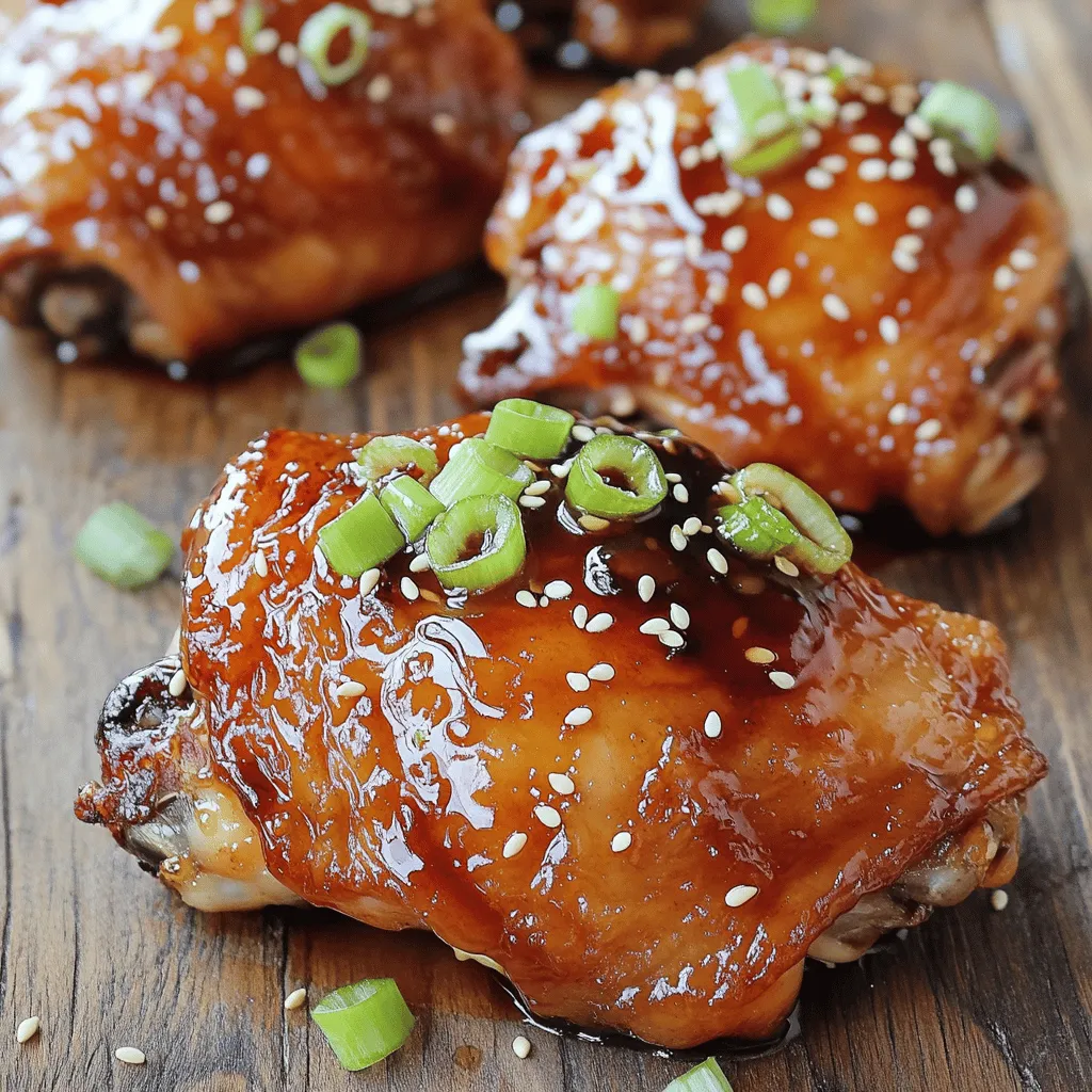 - 4 bone-in, skin-on chicken thighs - 1/4 cup honey - 1/4 cup low sodium soy sauce - 4 cloves minced garlic - 1 tablespoon grated fresh ginger - 1 tablespoon rice vinegar - 1 teaspoon sesame oil - 1/2 teaspoon black pepper - 1/2 teaspoon red pepper flakes (optional) - 2 green onions (for garnish) - Sesame seeds (for garnish) Gather these ingredients before you start cooking. The chicken thighs are key to this dish. They have a rich flavor and stay moist during cooking. Honey brings sweetness while soy sauce adds saltiness. Garlic and ginger give a lovely kick. Rice vinegar adds a touch of tang. Sesame oil brings a nutty depth, and black pepper adds warmth. If you like some heat, add red pepper flakes. For the finish, green onions and sesame seeds make the dish pop. They add color and crunch. Using fresh ingredients makes a big difference. Fresh ginger and garlic enhance the flavors. So, grab the best you can find. This recipe uses simple items, yet it creates a tasty dish. You’ll impress your friends and family with this easy meal. To start, you need to mix the marinade. In a bowl, combine these items: - 1/4 cup honey - 1/4 cup low sodium soy sauce - 4 cloves minced garlic - 1 tablespoon grated fresh ginger - 1 tablespoon rice vinegar - 1 teaspoon sesame oil - 1/2 teaspoon black pepper - 1/2 teaspoon red pepper flakes (optional) Whisk everything together until it blends well. This mixture will give the chicken its sweet and savory flavor. Next, take your 4 chicken thighs. Place them in a large resealable bag or a shallow dish. Pour the marinade over the chicken. Make sure each piece is well coated. Seal the bag or cover the dish. Let the chicken sit in the fridge. It should marinate for at least 1 hour. If you can, let it sit overnight. This gives the chicken more flavor. Now, let’s cook! Preheat your oven to 400°F (200°C). After marinating, take the chicken out of the fridge. Reserve the marinade for later. Heat a tablespoon of oil in a large oven-proof skillet over medium-high heat. Once hot, add the chicken thighs, skin side down. Sear them for 4-5 minutes until the skin turns golden and crispy. Next, flip the thighs over. Pour the reserved marinade over them. Bring this mixture to a gentle simmer. Carefully transfer the skillet to your preheated oven. Roast the chicken for 25-30 minutes. The chicken is done when it reaches an internal temperature of 165°F (75°C). Once cooked, remove the skillet from the oven. Let the chicken rest for about 5 minutes. This helps keep it juicy. The sauce will thicken a bit as it cools. To serve, drizzle some of the sauce over the chicken. Garnish it with sliced green onions and sesame seeds. Enjoy your delicious meal! To make a great marinade, balance is key. Use equal parts honey and soy sauce. Honey gives sweet flavor, while soy sauce adds salt. Add minced garlic and grated ginger for depth. Rice vinegar brightens the taste. If you like heat, add red pepper flakes. Whisk it all together well. For best results, marinate chicken overnight. This helps the flavors really soak in. You can cook honey soy garlic chicken thighs in different ways. Baking is simple and gives even heat. Grilling adds a smoky flavor. Pan-frying creates a nice sear. For baking, preheat the oven to 400°F (200°C). For grilling, heat your grill to medium. With pan-frying, use a hot skillet and some oil. Each method can make the chicken taste great. To get crispy skin, start by searing the chicken. Place the chicken skin-side down in a hot skillet. Cook for about 4-5 minutes until golden. Don’t rush this step; it’s important! When you flip it, pour the marinade over the chicken. This keeps it juicy while cooking. Finally, roast the chicken in the oven. This method gives you crispy skin and tender meat inside. {{image_2}} You can swap honey for maple syrup or agave nectar. Both offer a sweet touch. For soy sauce, try tamari or coconut aminos. They provide a similar flavor. If garlic isn’t your favorite, use shallots or onion. Fresh herbs like thyme or rosemary can replace ginger. Each change adds a new spin to this dish. You have options for cooking these chicken thighs. If you want a smoky taste, grill them. Preheat your grill and cook for about 30 minutes. Flip them halfway for even cooking. You can also bake the thighs as in the recipe. Baking keeps them juicy. For a quick fix, use the stovetop. Sear them in a pan, then cover to cook through. To add a twist, mix in fruits like pineapple or orange. They bring a bright, sweet flavor. Adding spices like cumin or smoked paprika gives depth. Fresh herbs, like cilantro or basil, can brighten the dish too. Experimenting with these ingredients keeps your meals exciting. Each choice opens up new taste experiences. To keep your honey soy garlic chicken thighs fresh, follow these easy steps. First, let the chicken cool down to room temperature. Then, place it in an airtight container. You can refrigerate it for up to four days. If you want to store it longer, freeze the chicken. Use freezer bags or containers to prevent freezer burn. You can freeze the chicken for up to three months. When you reheat your leftovers, keep the chicken juicy and tasty. The best way is to use the oven. Preheat it to 350°F (175°C). Place the chicken in a baking dish and cover it with foil. Heat for about 15 to 20 minutes. You can also use a microwave if you're in a hurry. Add a splash of water to keep it moist, and cover it. Heat for one to two minutes, checking frequently. Proper storage helps maintain flavor and safety. In the fridge, the chicken lasts about four days. If frozen, the chicken can last for three months without losing quality. Always check for off smells or changes in color before eating. This way, you can enjoy your delicious meal safely! You can pair this dish with many tasty sides. Here are some great options: - Steamed rice: White or brown rice works well. - Stir-fried veggies: Broccoli, bell peppers, or snap peas add color and crunch. - Mashed potatoes: Creamy potatoes balance the savory chicken. - Asian slaw: A crunchy salad with cabbage and carrots adds freshness. - Quinoa: A protein-packed choice for a healthy side. These sides create a balanced meal that complements the rich flavors of the chicken. Yes, you can use chicken breasts. They cook faster than thighs. Here are some tips: - Cut breasts into smaller pieces for even cooking. - Lower the cooking time to about 20-25 minutes in the oven. - Check the internal temperature with a meat thermometer. It should reach 165°F (75°C). - Consider adding some extra moisture, as breasts can dry out more easily. Chicken thighs are juicier, but breasts can still be delicious with these adjustments. To check if the chicken is done, use a meat thermometer. The safe internal temperature is 165°F (75°C). Here are some visual cues: - The juices should run clear, not pink. - The meat should be opaque, not shiny or translucent. - The skin should be golden and crispy. Using these tips ensures your chicken is safe and tasty. In this blog post, we explored a delicious recipe for honey soy garlic chicken thighs. We detailed the simple ingredients and provided a step-by-step guide for making this dish. You learned tips for perfecting flavors and cooking methods. Plus, we discussed ways to store leftovers and answered common questions. Cooking can be fun and easy with the right skills. Enjoy experimenting in your kitchen!
