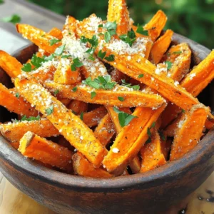 - 2 large sweet potatoes, peeled and cut into thin fries - 2 tablespoons olive oil - 3 cloves garlic, minced - 1/4 cup grated Parmesan cheese - 1 teaspoon smoked paprika - 1/2 teaspoon onion powder - 1/2 teaspoon salt - 1/4 teaspoon black pepper - Fresh parsley, chopped for garnish When picking sweet potatoes, choose firm ones with no soft spots. Look for deep orange flesh, as they tend to be sweeter. For olive oil, use good quality extra virgin for the best flavor. Fresh garlic is a must; avoid pre-minced garlic for better taste. Use finely grated Parmesan cheese, so it sticks to the fries well. Fresh ingredients make all the difference in this dish. Sweet potatoes should be vibrant and firm. Fresh garlic has a strong flavor that enhances the fries. If your Parmesan is fresh, it adds a rich, savory taste. Fresh parsley gives a pop of color and freshness. Always use fresh ingredients for the best results and flavor. Start with two large sweet potatoes. Peel them and cut them into thin fries. Aim for uniform size, so they cook evenly. Rinse the fries in cold water to remove excess starch. This helps them become crispier. Pat them dry with a clean towel. Moisture can make them soggy, so make sure they are dry. In a large bowl, combine the sweet potato fries with two tablespoons of olive oil. Add three minced garlic cloves, one teaspoon of smoked paprika, half a teaspoon of onion powder, and half a teaspoon of salt. Sprinkle in a quarter teaspoon of black pepper. Toss everything together until the fries are coated well. This mix adds a lot of flavor. Now, add a quarter cup of grated Parmesan cheese. Mix again to ensure the cheese sticks to the fries. Preheat your air fryer to 400°F (200°C) for about five minutes. Place the fries in a single layer in the air fryer basket. Do not overcrowd them; this helps them crisp up. You may need to do two batches. Air fry for 15 to 18 minutes. Shake the basket halfway through. This ensures that all sides get crispy. When they turn golden brown, remove them carefully. For a finishing touch, sprinkle more Parmesan cheese and chopped fresh parsley on top. Enjoy your crispy garlic Parmesan sweet potato fries! To get fries that are super crispy, start with thin cuts. Thin fries cook faster and crisp up better. Make sure you dry the sweet potatoes well after washing them. Water makes fries soggy. Coat them evenly in olive oil and spices. Oil helps with browning and crunch. Shake the basket halfway through cooking. This lets hot air move around the fries for even cooking. If you want more kick, add a pinch of cayenne pepper. For a sweeter taste, try adding cinnamon. You can also mix in other spices like garlic powder or chili powder. Feel free to swap the Parmesan for other cheeses like cheddar or feta. They bring different flavors to your fries. Experiment and find your favorite combination. Store leftover fries in an airtight container. They stay fresh for up to three days in the fridge. To reheat, use the air fryer set at 350°F. Heat them for about 5-7 minutes until crispy again. You can also use a toaster oven for reheating. Avoid the microwave, as it makes fries soft. Enjoy your crispy fries just like they were fresh! {{image_2}} You can change it up with different spices. Try chili powder for heat. Add cumin for a warm, earthy flavor. For a sweet twist, mix in cinnamon. You can even go bold with curry powder. Each spice adds a unique taste to your fries. Parmesan is great, but you can switch it out. Grated cheddar gives a sharp taste. For a tangy kick, try feta cheese. Vegan cheese works too if you want a dairy-free option. Each cheese will change the flavor while keeping it delicious. Dipping sauces can make your fries even better. A simple garlic aioli pairs well. You could use ranch dressing for a classic taste. Try spicy ketchup for a fun kick. For something fresh, make a yogurt dip with herbs. Dip away and enjoy! Store leftover fries in an airtight container. Let them cool first. Place a paper towel inside to absorb moisture. This helps keep them crispy. They will last in the fridge for 3 to 5 days. To freeze, first let the fries cool completely. Spread them in a single layer on a baking sheet. Freeze until solid, about 1 to 2 hours. Transfer the fries to a freezer bag. They can stay frozen for up to 3 months. Reheat fries in the air fryer for best results. Preheat the air fryer to 400°F (200°C). Place the frozen fries in the basket in a single layer. Cook for 8 to 10 minutes, shaking halfway. This will help them regain their crispiness. You can also reheat in an oven. Set it to 400°F (200°C) and bake for 10 to 15 minutes. You should cook sweet potato fries in the air fryer for 15 to 18 minutes. I recommend shaking the basket halfway through. This helps ensure that all sides get crispy and golden brown. Cooking time may vary based on your air fryer model and the thickness of your fries. Yes, you can use regular potatoes. However, the taste and texture will change. Sweet potatoes add a natural sweetness and a creamy interior. Regular potatoes will give you a different flavor and a more starchy bite. These fries pair well with many dishes. You can serve them with burgers, sandwiches, or grilled chicken. They also taste great with dipping sauces like ranch, ketchup, or garlic aioli. Soaking sweet potatoes is not necessary, but it can help. If you soak them in cold water for 30 minutes, it removes excess starch. This can lead to crispier fries, but many people skip this step and still get great results. Yes, you can make these fries without Parmesan cheese. Just leave it out of the recipe. You might want to add other seasonings or nutritional yeast for flavor. There are many ways to make them tasty without cheese! You now have all the tools to make crispy garlic Parmesan sweet potato fries. We covered the best ingredients, how to prep them, and the air frying process. I shared tips for achieving the perfect crisp and ways to store leftovers. You can even explore fun variations and answer common questions. Enjoy experimenting with flavors and sharing these fries with others. Your kitchen will be their new favorite spot!