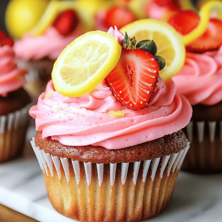 To make these delightful Strawberry Lemonade Cupcakes, you will need specific ingredients. Each component plays a role in creating that perfect sweet and tangy flavor. - For Cupcakes - 1 ½ cups all-purpose flour - 1 cup granulated sugar - ½ cup unsalted butter, softened - 2 large eggs - ½ cup buttermilk - Zest of 1 lemon - 2 tablespoons fresh lemon juice - 1 teaspoon baking powder - ½ teaspoon baking soda - ¼ teaspoon salt - 1 cup fresh strawberries, pureed - For Lemonade Frosting - 1 cup unsalted butter, softened - 4 cups powdered sugar - 2 tablespoons fresh lemon juice - 1 teaspoon lemon zest - Pinch of salt - Additional Garnishes - Fresh strawberries - Lemon slices These ingredients offer a balance of sweetness and zest. The fresh strawberries and lemon juice bring brightness to each bite. Using pureed strawberries adds moisture and flavor, enhancing the cupcake's texture. The lemonade frosting is rich, pairing perfectly with the fluffy cupcake base. This combination makes each cupcake a tasty treat that feels refreshing. - Preheating the Oven: Start by preheating your oven to 350°F (175°C). This ensures even baking for your cupcakes. - Lining the Cupcake Tin: Grab your cupcake tin and line it with paper liners. This makes it easy to remove the cupcakes after baking. - Combining Dry Ingredients: In a medium bowl, whisk together the all-purpose flour, baking powder, baking soda, and salt. Set this bowl aside for now. - Creaming Butter and Sugar: In a large bowl, use an electric mixer to beat the softened butter and granulated sugar. Mix until it becomes light and fluffy, which takes about 3 to 4 minutes. - Incorporating Eggs and Flavorings: Add the eggs one at a time. Make sure to mix well after each egg. Then, stir in the lemon zest and lemon juice until everything is well combined. - Filling the Liners: Take your batter and evenly distribute it into the cupcake liners. Fill each one about two-thirds full. - Baking Time: Place the tin in the oven and bake for 18 to 20 minutes. Use a toothpick to check if they are done. If it comes out clean, they are ready! - Cooling the Cupcakes: Let the cupcakes cool in the pan for 5 minutes. Then, transfer them to a wire rack to cool completely. - Mixing the Frosting Ingredients: In a bowl, beat the softened butter until it’s creamy. Gradually add the powdered sugar and mix until smooth. - Achieving the Right Consistency: Add the fresh lemon juice, lemon zest, and a pinch of salt. Mix until the frosting is well combined and has a spreadable texture. - Applying the Lemonade Frosting: Once the cupcakes are cool, frost each one with the lemonade frosting. You can use a piping bag or a spatula for this. - Adding Fresh Strawberry and Lemon Slice: Top each cupcake with a fresh strawberry and a thin lemon slice. This adds a bright touch to your tasty treats! Using Fresh vs. Frozen Strawberries I always prefer fresh strawberries for these cupcakes. Fresh berries give a bright flavor and a lovely texture. If you use frozen strawberries, thaw and drain them first. Frozen berries can add extra moisture, which may alter the cupcake's texture. Experimenting with Citrus Zest Adding citrus zest is a game changer! You can try lime or orange zest along with the lemon. This small twist brings a new layer of flavor. Just remember to use the zest from the fruit, not the juice. The zest holds essential oils that add a vibrant taste. Piping Tips for Decorative Frosting To make your cupcakes look stunning, use a piping bag. Choose a star tip for fun swirls. Start from the outside and work inwards. This way, you create a lovely spiral effect. Practice on a plate first if you feel unsure. Alternative Frosting Options If you want a different taste, try cream cheese frosting. It pairs well with the cupcake's sweet tartness. You can also mix in some strawberry puree to keep the flavor strong. This gives a nice twist and makes your cupcakes special. Best Drinks to Pair With These cupcakes go great with iced tea or lemonade. The tartness of lemonade balances the sweetness. For an adult twist, serve them with sparkling wine. This adds a fun touch to your gathering. Presentation Ideas for Events Make your cupcakes pop by using colorful liners. Arrange them on a tiered stand for a pretty display. You can also add fresh mint leaves to the plate for a splash of green. This adds style and freshness to your presentation. {{image_2}} You can make your strawberry lemonade cupcakes healthier in a few ways. - Gluten-Free Options: Use a gluten-free all-purpose flour blend. This lets everyone enjoy the cupcakes. - Sugar Substitutes: Try using coconut sugar or a stevia blend. These choices lower the sugar count and add a unique taste. Mix things up with different flavors to keep your cupcakes exciting. - Adding Other Fruits: Swap in blueberries or raspberries for a new twist. Just use the same amount as strawberries. - Infusing with Herbs: Add fresh mint or basil to the batter. This gives a fresh and unique flavor. You can also change the size of your cupcakes for fun presentations. - Mini Cupcakes Recipe: Use a mini cupcake tin. Bake for about 10-12 minutes. This makes cute, bite-sized treats. - Jumbo Cupcakes Adjustments: For jumbo cupcakes, fill the liners more and bake for 25-30 minutes. They will be big and impressive! Room Temperature Storage You can store your cupcakes at room temperature. Place them in an airtight container. This keeps them fresh for up to three days. Avoid direct sunlight and heat. Refrigerating or Freezing Cupcakes If you want to keep them longer, refrigerate or freeze them. In the fridge, they last about a week. For freezing, wrap each cupcake in plastic wrap. Then place them in a freezer bag. They can last for up to three months. Tips for Reheating Frozen Cupcakes To reheat frozen cupcakes, let them thaw in the fridge overnight. Once thawed, warm them in a microwave for about 10-15 seconds. This will bring back their soft texture. Best Practices for Keeping Frosting Fresh If you have leftover frosting, store it in the fridge. Use an airtight container to keep it fresh. When ready to use it again, let it sit at room temperature for about 30 minutes. Then, give it a quick whip to restore its fluffiness. Yes, you can make these cupcakes ahead of time. Here are the best practices: - Bake the Cupcakes: Make your cupcakes first. Let them cool completely. - Storing Frosted vs. Unfrosted: For best results, store them unfrosted. Place them in an airtight container at room temperature. If you frost them, keep them in the fridge to stay fresh. They can last up to three days this way. If you don't have buttermilk, don't worry! You can use: - Milk and Vinegar or Lemon Juice: Mix 1/2 cup of milk with 1/2 tablespoon of vinegar or lemon juice. Let it sit for five minutes. - Yogurt: Use 1/2 cup of plain yogurt. Thin it with a little milk if needed. - Sour Cream: Use the same amount. Thin it if it seems too thick. To make your cupcakes moist and fluffy, try these tips: - Use Fresh Strawberries: Fresh strawberries add natural moisture. Puree them well before mixing. - Do Not Overmix: Mix just until ingredients combine. Overmixing can make cupcakes dense. - Add an Extra Egg Yolk: This adds richness and moisture. - Check Oven Temperature: Make sure your oven is at the right heat. An oven that is too hot can dry out your cupcakes. In this blog post, we explored how to make delicious cupcakes with lemonade frosting. We covered ingredients, step-by-step instructions, tips for extra flavor, and variations. You learned about storage techniques to keep cupcakes fresh. Remember, whether you choose healthy alternatives or fun garnishes, it's all about enjoying the process. Don't be afraid to experiment and make these cupcakes your own. Happy baking!