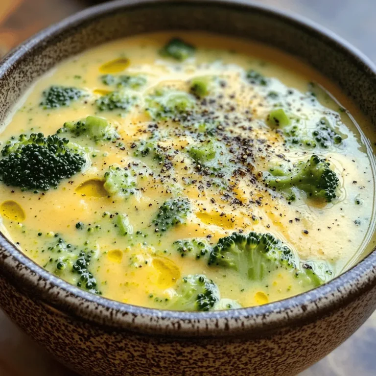 For this creamy broccoli cheddar soup, you will need: - 1 large head of broccoli, chopped into florets - 1 medium onion, diced - 2 cloves garlic, minced - 1 medium potato, peeled and diced I always choose fresh broccoli when I can. It tastes better and has more nutrients. Fresh broccoli also has a nice crunch. Frozen broccoli can work in a pinch, but it may be softer and lose some flavor. If you use frozen, make sure to adjust the cooking time so it doesn’t overcook. You will also need some key kitchen staples: - 2 cups vegetable broth - 1 cup heavy cream - 2 cups cheddar cheese, shredded For seasoning, gather these essentials: - Salt and pepper to taste - 1 teaspoon dried thyme - 1/2 teaspoon nutmeg (optional) Vegetable broth gives the soup a rich flavor. Heavy cream adds that creamy texture we love. Shredded cheddar cheese melts in beautifully, making the soup yummy and cheesy. Salt and pepper bring out the flavors, while thyme adds a nice herbal note. Nutmeg can enhance the soup’s warmth, but it’s up to you if you want to add it. To start, heat two tablespoons of olive oil in a large pot over medium heat. Add one medium onion, diced. Sauté the onion for about five minutes until it looks clear. Next, add two cloves of minced garlic. Cook this mix for another minute. You will smell the garlic's strong aroma. Now it's time for the veggies! Add one medium potato, peeled and diced. Then, toss in one large head of broccoli, chopped into florets. Pour in two cups of vegetable broth. Bring the mix to a boil. After it boils, lower the heat. Let it simmer for about 15 to 20 minutes. The veggies should be soft enough to blend. For a smooth soup, you can use an immersion blender. This tool lets you blend right in the pot. If you don’t have one, carefully transfer the soup in batches to a regular blender. Remember to let steam escape. Blend until the soup is nice and smooth. Return the blended soup to the pot. Now, stir in one cup of heavy cream. This will make your soup rich and creamy. Gradually add two cups of shredded cheddar cheese. Keep stirring until the cheese melts completely. To finish, season your soup. Add salt and pepper to taste. Use one teaspoon of dried thyme for added flavor. If you like, sprinkle in half a teaspoon of nutmeg. This spice adds a warm note. Taste the soup and adjust if needed. Let it simmer on low heat for another five to ten minutes. This lets the flavors blend perfectly. To get the right texture for your creamy soup, aim for a smooth and velvety finish. After cooking your veggies, use an immersion blender to puree them. If you don't have one, carefully blend the soup in batches. This method helps avoid lumps. If your soup is too thick, add a splash of vegetable broth or water. Stir well to combine. If it's too thin, simmer it longer to thicken the soup. You can also add more potatoes to help with this. To elevate the flavor, consider adding fresh herbs like parsley or basil. They bring brightness to the dish. You can also try spices like smoked paprika for a warm kick. When it comes to cheese, I recommend sharp cheddar for a bold taste. You can also mix in Gruyère for extra creaminess and depth. For a lovely presentation, serve the soup in deep bowls. Top it with extra shredded cheese and a sprinkle of fresh black pepper. A drizzle of olive oil adds a nice touch. Pair your soup with a warm crusty bread or a fresh salad. A light side helps balance the richness of the soup. {{image_2}} You can make this soup fit different diets. To make it gluten-free, just use gluten-free broth. For a dairy-free version, switch heavy cream with coconut milk or a nut milk. If you’re vegetarian, you are good to go! For a vegan twist, swap out the cheese with a plant-based alternative. Adding more veggies can change the taste. Try carrots or spinach for extra nutrients. You can also toss in proteins. Cooked chicken or crispy bacon will add heartiness to the soup. Both options make it more filling and fun. Want to spice it up? Add a pinch of cumin or curry powder for a new flavor. You can also mix in some fresh herbs like cilantro or basil to brighten the soup. If you want a smoky taste, add smoked paprika. These simple changes can make your soup unique and exciting. To keep leftover soup fresh, store it in an airtight container. Make sure the soup cools down first. Place it in the fridge within two hours of cooking. You can keep it in the fridge for about 3 to 4 days. Check for any off smells or changes in texture before eating. If you want to freeze the soup, let it cool completely. Once cooled, pour the soup into freezer-safe bags or containers. Leave some space for the soup to expand. You can store it in the freezer for up to 3 months. To thaw, place the soup in the fridge overnight. When reheating, the stovetop is best for even heating. Pour the soup into a pot and heat over medium. Stir often to avoid burning. You can also use a microwave, but use a microwave-safe bowl. Heat it in 1-minute intervals, stirring in between. This helps keep the texture and flavor nice. How can I make this soup ahead of time? You can make this soup up to two days ahead. Just cook it as usual. Let it cool, then store it in an airtight container in the fridge. When ready to eat, reheat on the stove. Add a bit more cream if needed. Can I use other types of cheese for this recipe? Yes! You can use other cheeses like Gouda or Monterey Jack. Each cheese will give the soup a unique taste. Just make sure it melts well for the best texture. Is this soup healthy? This soup can be healthy. It has broccoli, which is rich in vitamins. The heavy cream and cheese add fat, so enjoy in moderation. Pair it with a salad for a balanced meal. What are the calorie counts for a serving? One serving of this soup has around 400 calories. This can vary based on the cheese and cream you use. Always check your ingredients for more precise numbers. What can I use instead of heavy cream? You can use half-and-half or whole milk for a lighter soup. For a dairy-free option, try coconut milk. It adds creaminess without the dairy. Can I substitute fresh broccoli for frozen? Yes, you can use frozen broccoli. It is convenient and cooks quickly. Just add it to the pot when you would add fresh broccoli. Adjust cooking time as needed. In this blog post, we covered key ingredients for a tasty soup, including fresh vegetables and pantry staples. The step-by-step guide helps you prepare a creamy dish with useful tips to enhance flavor and texture. We explored variations for different diets and flavors, plus storage tips for leftovers. Remember, cooking is about making it your own. Have fun experimenting with flavors and ingredients. Your perfect soup awaits!