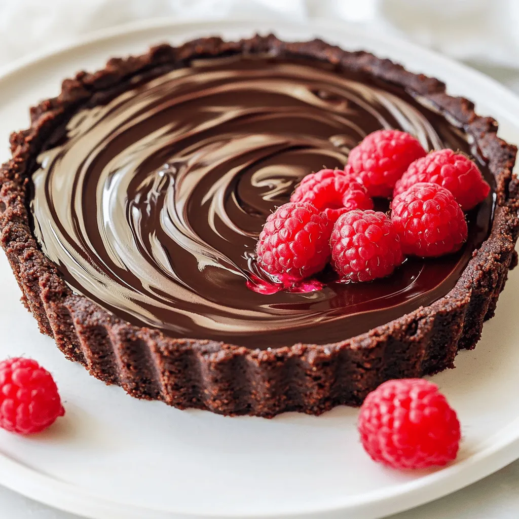 - 1 ½ cups chocolate cookie crumbs - ½ cup unsalted butter, melted - 1 cup dark chocolate chips - 1 cup heavy cream - 1 cup fresh raspberries, plus extra for garnish - 2 tablespoons powdered sugar - 1 teaspoon vanilla extract - Pinch of salt This tart is rich and creamy, perfect for any occasion. The base is made from chocolate cookie crumbs, which give a great taste and crunch. You need to melt unsalted butter to hold the crumbs together. This keeps the crust firm and tasty. For the filling, we use dark chocolate chips. They are rich and give a deep flavor. Heavy cream is heated to help melt the chocolate. This mix creates a smooth and thick filling. Fresh raspberries add a burst of flavor. They balance the sweet chocolate. Mashing them with powdered sugar makes a nice, chunky puree. The vanilla extract adds a warm note, and a pinch of salt enhances all the flavors. Gather these ingredients to start your tart. Each one plays a key role in making this dessert a hit. Enjoy the mix of sweet and tart in every bite! 1. In a medium bowl, combine 1 ½ cups of chocolate cookie crumbs and ½ cup of melted unsalted butter. Mix them well until they blend together. 2. Next, press the cookie mixture into the bottom and up the sides of a tart pan. Make sure to press evenly to avoid gaps. 3. Chill the crust in the refrigerator for 10-15 minutes. This helps it set and hold its shape. 1. In a small saucepan, heat 1 cup of heavy cream over medium heat. Watch it closely until it starts to simmer. 2. Remove the saucepan from heat and add 1 cup of dark chocolate chips. Let them sit for 2-3 minutes so the chocolate melts. 3. Stir the chocolate mixture until it becomes smooth. Then add 1 teaspoon of vanilla extract and a pinch of salt for flavor. 1. In a separate bowl, gently mash 1 cup of fresh raspberries with 2 tablespoons of powdered sugar. You want a chunky puree, not a smooth one. 2. Carefully fold the raspberry puree into the chocolate mixture. Mix them until they are fully combined, creating a beautiful swirl. 1. Pour the raspberry chocolate filling into the prepared tart crust. Smooth the top using a spatula for an even finish. 2. Refrigerate the tart for at least 4 hours. This allows it to firm up properly and makes slicing easier. 3. Once set, garnish the tart with extra fresh raspberries before serving. It adds a lovely touch and looks great on the plate. To make a great tart crust, you need to avoid gaps. When you mix the chocolate cookie crumbs with melted butter, make sure it is wet enough. Press this mixture firmly into the tart pan. Use your fingers or a flat-bottomed glass to pack it tight. This helps create a smooth base. Chill the crust for 10-15 minutes in the fridge. This step helps it set and hold its shape. You also want the right consistency for your crust. The mixture should be moist but not soggy. If it feels too dry, add a bit more melted butter. If it's too wet, add more cookie crumbs. This balance is key for a sturdy crust. To make your filling extra rich, try using different types of chocolate. Dark chocolate gives a deep flavor, but you can mix in milk chocolate for a sweeter taste. You can also use semi-sweet chocolate if you want a balance. Adjust the sweetness levels by adding more or less powdered sugar. If you prefer a less sweet filling, reduce the sugar. Taste the mixture as you go to find your perfect balance. When serving the tart, presentation matters. Serve slices on chilled plates to keep them fresh. Add a dollop of whipped cream on top to make it look fancy. You can also drizzle chocolate sauce over the tart. This adds flair and makes it even more delicious. For a pop of color, garnish with fresh raspberries. They add brightness and a fresh taste. This is a simple way to impress your guests and make each slice look special. {{image_2}} You can make this tart more inclusive by swapping some ingredients. For a gluten-free crust, use gluten-free cookies. Brands like gluten-free Oreos work well. Just crush them like regular cookies and mix with melted butter. If you need a dairy-free option, choose dairy-free chocolate chips. Many brands offer rich, dark chocolate that tastes great. You can also use coconut cream instead of heavy cream. It gives a nice flavor and keeps the tart creamy. Want to mix things up? Add a burst of flavor with orange zest. Just a teaspoon will brighten the chocolate. You can also add other fruits like sliced strawberries or blueberries. These fruits can replace raspberries for a different taste. Get creative with shapes! You can make mini tarts using a muffin tin. This way, each guest gets their own serving. Another idea is to use different tart pans. Heart-shaped or square pans can add fun to your dessert. Just make sure to adjust the chilling time if you change sizes. To keep your no bake raspberry chocolate tart fresh, store it in the refrigerator. You should place it in an airtight container. This method helps protect the tart from absorbing odors and maintains its creamy texture. If you do not have an airtight container, you can cover the tart with plastic wrap. Make sure it touches the surface to prevent air from getting in. You can freeze the tart if you want to save some for later. It is best to freeze the tart after it has set. Wrap it well in plastic wrap and then foil. This extra layer helps prevent freezer burn. When you are ready to eat it, thaw the tart in the fridge overnight. This method keeps the texture smooth and creamy. Avoid thawing at room temperature to maintain its quality. The tart needs to chill in the fridge for at least 4 hours. This time helps the filling to firm up. I recommend making it the night before serving. This way, you ensure it is fully set and ready to enjoy. Yes, you can use frozen raspberries. Just remember to thaw them first. Drain any extra juice to avoid a watery mixture. This will keep your tart filling thick and tasty. This tart pairs well with a few tasty options. A dollop of whipped cream adds creaminess. You can also drizzle chocolate sauce for extra sweetness. A scoop of vanilla ice cream brings a nice chill and contrast. Yes, this recipe is easy to adjust. If you want more slices, simply double the ingredients. For fewer servings, cut the recipe in half. Just keep an eye on the chilling time. This blog post outlined a delicious chocolate tart with raspberries. We covered ingredients, step-by-step instructions, and tips for a perfect treat. You can adjust flavors, use alternative ingredients, and even change the tart's shape. Make sure to store it properly for the best taste. Enjoy creating this dessert, and don't hesitate to try your own unique twists. You now have all the tools to make an amazing tart that impresses everyone! Happy baking!