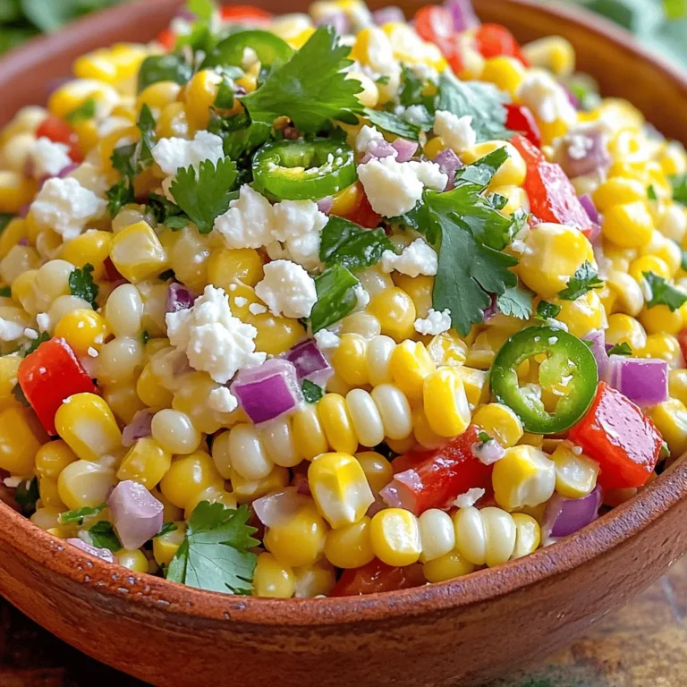 For this salad, you need fresh ingredients. Use these: - 4 ears of fresh corn, husked - 1 red bell pepper, finely diced - 1 jalapeño, minced (remove seeds for less heat) - 1/2 cup red onion, finely chopped Fresh corn adds sweetness. The bell pepper adds crunch and color. Jalapeño gives a nice kick. Red onion adds a sharp taste that balances the salad. Next, we add some creamy and tangy flavors. Here’s what you need: - 1/2 cup crumbled feta cheese - 1/4 cup mayonnaise - 2 tablespoons lime juice Feta cheese gives a salty bite. Mayonnaise makes the salad creamy. Lime juice adds a fresh zing that brightens the dish. Finally, we add spices for flavor. Use these: - 1 teaspoon chili powder - Salt and pepper to taste Chili powder brings warmth and depth. Salt and pepper enhance all the flavors. Adjust them to your taste to make the salad perfect for you. To start, fill a large pot with water. Bring the water to a boil over high heat. Once boiling, add the husked corn. Cook the corn for 5 to 7 minutes. You want it tender but not mushy. After cooking, take the corn out and let it cool. Use a sharp knife to cut off the kernels. Be careful and watch your fingers! Place the kernels in a big mixing bowl. Now it’s time to prepare the veggies. Take the red bell pepper and finely dice it. Next, grab the jalapeño. Remove the seeds if you want less heat, then mince it. Chop half a cup of red onion. Add all these fresh veggies to the bowl with corn. This mix adds great crunch and flavor. In a small bowl, combine mayonnaise, lime juice, chili powder, salt, and pepper. Mix until it’s smooth and creamy. Pour this dressing over the corn and veggies. Gently toss everything together. You want every piece to be coated well. Finally, fold in crumbled feta cheese and chopped cilantro. Taste the salad to see if it needs more lime juice or spice. Chill it in the fridge for at least 30 minutes. This lets the flavors meld beautifully! When choosing corn, look for bright green husks. The kernels should feel firm and plump. Fresh corn has a sweet smell. Avoid corn with dry or brown spots. It’s best to use corn on the same day you buy it. This keeps the flavor fresh and sweet. To control the heat, you can adjust the jalapeño. Remove the seeds for less spice. If you love heat, leave some seeds in. You can also add more chili powder. Taste the salad after mixing. This way, you can add spice a little at a time. You can add more colors and textures to your salad. Try diced avocado for creaminess. Chopped green onions add a nice crunch. For a smoky flavor, add some smoked paprika. Fresh lime zest brings out the salad's brightness. Feel free to get creative! Mix in what you love. {{image_2}} You can add proteins to make this salad heartier. Grilled chicken or shrimp work well. They add flavor and texture. For a fun twist, try adding bacon bits. The smoky taste pairs nicely with the corn. If you prefer, you can also use canned black beans or chickpeas for extra protein. To make this salad vegan, skip the feta cheese. You can use avocado instead for creaminess. A plant-based mayo also works great. Use lime juice and chili powder to keep the flavors bold. Fresh cilantro adds freshness too. This way, everyone can enjoy the salad without dairy. You can easily switch up the ingredients. If you don't have red bell pepper, use yellow or orange instead. For a spicy kick, add more jalapeño or use a dash of hot sauce. You can also swap lime juice for lemon juice. These changes help you customize the salad to your liking. Store your Mexican Street Corn Salad in an airtight container. This keeps the salad fresh. It can last up to three days in the fridge. Make sure to put it in the coldest part of your fridge. Avoid opening it often to keep it cool. You can freeze leftover salad, but it may change the texture. To freeze, place it in a freezer-safe container. Make sure to leave space for expansion. The salad can last for about two months in the freezer. When ready to eat, thaw it in the fridge overnight. To refresh your salad, add a bit of lime juice. This brightens the flavors. You may also want to add fresh cilantro or extra feta. Give it a good stir to mix everything well. This makes it taste nearly as fresh as the first day. Mexican Street Corn Salad is a fresh and tasty dish. It combines sweet corn, peppers, and cheese. This salad brings the flavors of Mexican street corn to your table. We use fresh corn, red bell pepper, jalapeño, red onion, and feta cheese. The salad has a creamy dressing made with mayonnaise, lime juice, and chili powder. Yes, you can use frozen corn. Frozen corn is a great time-saver. Make sure to thaw it before using. Drain any excess water to keep the salad from getting soggy. The flavor will still be sweet and delicious. The salad will stay fresh in the fridge for about 3 days. Store it in an airtight container. As time passes, the flavors will blend well. However, it’s best when eaten fresh. This salad pairs well with many dishes. You can serve it with grilled meats, tacos, or quesadillas. It also works great as a side for a barbecue. The bright flavors really enhance any meal. To add heat, try these tips. Use more jalapeño, or keep some seeds in. You can also add a pinch of cayenne pepper or hot sauce. Taste as you go to find your perfect spice level. Enjoy the kick! In this article, we explored how to make Mexican Street Corn Salad. We discussed fresh corn, vegetables, dairy, spices, and seasonings. I shared step-by-step cooking tips and tricks, like choosing the freshest corn and adjusting flavors. You learned about variations, including protein options and vegan choices. Lastly, we covered storage tips to keep the salad fresh. Remember, this salad is versatile and easy to adjust. Enjoy experimenting with flavors and make it your own!