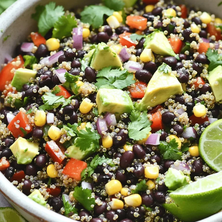 - 1 cup quinoa, rinsed - 2 cups vegetable broth - 1 can (15 oz) black beans, drained and rinsed - 1 cup corn kernels (fresh, frozen, or canned) - 1 red bell pepper, diced - 1 small red onion, finely chopped - 1 avocado, diced - 1/4 cup fresh cilantro, chopped The base of this salad is quinoa and black beans. Quinoa is a superfood, full of protein. It cooks quickly and adds a nice texture. Black beans bring fiber and a rich taste. For the veggies, corn, bell pepper, onion, and avocado add color and crunch. Each ingredient plays a role in making this dish vibrant and fresh. - 1 lime, juiced - 3 tablespoons olive oil - 1 teaspoon cumin - 1/2 teaspoon chili powder - Salt and pepper to taste For flavor, I use lime juice and olive oil. They brighten the dish and add healthy fats. Cumin and chili powder give warmth. Salt and pepper enhance all the flavors. This dressing ties everything together and makes each bite zesty. - Fresh cilantro - Lime wedges Garnishes can elevate your salad. Fresh cilantro adds a pop of green and freshness. Lime wedges offer a squeeze of extra zest right before eating. These small touches make the salad look and taste even better. To start, take a medium saucepan and bring 2 cups of vegetable broth to a boil. Once it is boiling, add 1 cup of rinsed quinoa. This step is key to getting tender quinoa. Reduce the heat to low, cover the pan, and let it simmer for about 15 minutes. After the time is up, remove it from heat and let it cool. Fluff the quinoa with a fork to separate the grains. This adds a nice texture to the salad. In a large mixing bowl, combine the salad base. First, add 1 can of drained and rinsed black beans. Next, toss in 1 cup of corn kernels, whether fresh, frozen, or canned. Then, add 1 diced red bell pepper and 1 small finely chopped red onion. For a creamy touch, include 1 diced avocado. Finally, sprinkle in 1/4 cup of chopped fresh cilantro. This mix brings a vibrant color and fresh taste to your dish. For the dressing, take a small bowl and whisk together the juice of 1 lime, 3 tablespoons of olive oil, 1 teaspoon of cumin, and 1/2 teaspoon of chili powder. Add salt and pepper to taste. This dressing brightens the salad and ties all the flavors together. After mixing, taste it and adjust the seasoning as needed. You may want to add more lime juice or spices, depending on your preference. Once everything is ready, combine the cooled quinoa with the vegetable mix. Pour the dressing over the salad and gently toss everything together. Let the salad rest in the fridge for at least 30 minutes to allow the flavors to blend. Rinsing quinoa is key. It removes bitter saponins. This step ensures a better texture. Use a fine mesh strainer for rinsing. The water ratio matters, too. For every cup of quinoa, use two cups of vegetable broth. This gives the quinoa a rich flavor. To boost flavor, try adding spices. Smoked paprika or garlic powder works well. You can also add cayenne for heat. Fresh herbs bring life to the salad. Try using basil or parsley to enhance freshness. Cilantro is a great choice too. For serving, I like using a large bowl. It allows everyone to help themselves. A colorful platter can make it more inviting. Pair this salad with grilled chicken or fish. It makes a full meal that is both healthy and tasty. You can also serve it with warm pita bread for a nice touch. {{image_2}} You can boost your Zesty Quinoa Black Bean Salad with protein. Adding grilled chicken or shrimp makes it heartier. Simply grill the meat and cut it into bite-sized pieces. Mix it into the salad for a tasty twist. For a vegetarian option, try adding chickpeas or tofu. Both choices pack a protein punch. You can roast the tofu with spices for extra flavor. The salad dressing can change up the whole dish. You can use different dressings to keep things fresh. A balsamic vinaigrette or a creamy avocado dressing are great options. You can make your own dressing at home. Mix lime juice, olive oil, garlic, and herbs. This homemade version can taste better than store-bought dressings. Using seasonal ingredients can enhance the salad. In summer, add fresh tomatoes or cucumbers for crunch. In winter, consider roasted sweet potatoes or butternut squash. You can also swap out the bell pepper for other colorful veggies. Seasonal swaps can make your salad feel new. Enjoy this dish year-round by adjusting the ingredients! To keep your Zesty Quinoa Black Bean Salad fresh, use airtight containers. This helps lock in moisture and flavor. When storing, layer the salad to keep ingredients crisp. Place the quinoa at the bottom, followed by beans and vegetables. This way, the dressings won’t make everything soggy. When stored in the fridge, this salad lasts about three to five days. Check for signs of spoilage, like a sour smell or slimy texture. If you notice either, it's best to toss it out. Freshness is key to enjoying this dish fully. You can eat this salad cold right from the fridge. It tastes great that way! If you prefer it warm, gently reheat it. Use a microwave or a pan on low heat. Heat just until warm, not hot, to keep the flavors bright. Enjoy experimenting with how you like it best! To reduce quinoa's bitterness, rinse it well before cooking. Place the quinoa in a fine-mesh strainer. Rinse it under cold water for about 2 minutes. This removes the natural coating called saponin, which can taste bitter. After rinsing, cook it in vegetable broth for extra flavor. Yes, you can make this salad ahead of time. I suggest preparing it at least 30 minutes before serving. This allows the flavors to mix well. You can also store it in the fridge for up to 2 days. Just remember to keep the avocado separate until ready to serve to avoid browning. If you don’t have black beans, you can use other beans. Chickpeas, kidney beans, or pinto beans work well. You can also try lentils for a twist. Each option will change the taste slightly, but they all add protein and fiber. This blog post covers a tasty quinoa salad with black beans and fresh veggies. You learned how to cook quinoa, prepare the salad, and whip up a zesty dressing. I shared tips for enhancing flavor and serving ideas. Variations let you customize this meal to your taste. Remember, storing properly keeps your salad fresh longer. With these steps, you can enjoy a healthy dish that’s easy to make. Try it out and make it your own!