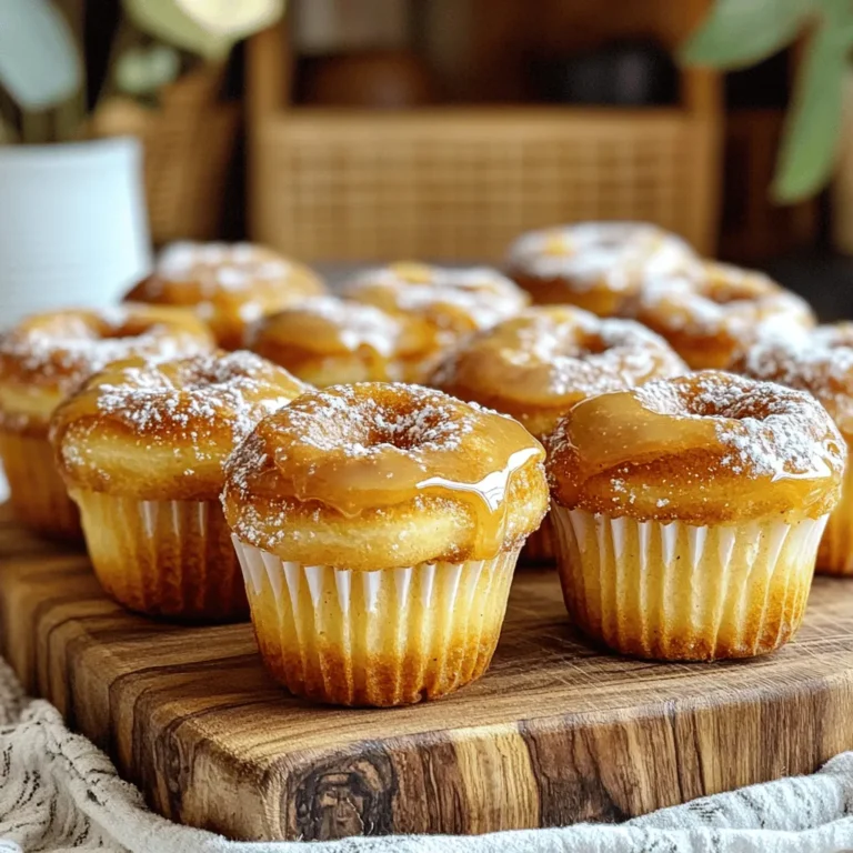 - 1 ½ cups all-purpose flour - ¾ cup granulated sugar - 1 tablespoon baking powder - ½ teaspoon salt - 1 teaspoon ground cinnamon - ½ teaspoon ground nutmeg - ¾ cup milk - ¼ cup unsalted butter, melted - 1 large egg - 2 teaspoons pure vanilla extract - ½ cup maple syrup (for glaze) - 1 tablespoon unsalted butter (for glaze) - 1 tablespoon powdered sugar (for glaze) The main ingredients for maple glazed donut muffins are simple. You need flour, sugar, baking powder, and spices. These give the muffins their sweet, cozy taste. Milk adds moisture, while melted butter makes them rich. The egg binds the mixture and adds fluffiness. - Chocolate chips - Nuts (walnuts or pecans) - Dried fruits You can make these muffins even better! Add chocolate chips for a sweet twist. Nuts like walnuts or pecans give a nice crunch. Dried fruits add a chewy surprise. Feel free to mix and match! - Muffin tin - Mixing bowls - Whisk - Measuring cups and spoons - Small saucepan To make these muffins, gather a few tools. You will need a muffin tin to shape them. Mixing bowls help combine the ingredients. A whisk is key for mixing, while measuring cups and spoons ensure accuracy. Finally, a small saucepan is for the glaze. These tools make your baking easy and fun! - Preheat the oven to 350°F (180°C). - In a large bowl, mix 1 ½ cups of flour, ¾ cup of sugar, 1 tablespoon of baking powder, ½ teaspoon of salt, 1 teaspoon of cinnamon, and ½ teaspoon of nutmeg. - In another bowl, combine ¾ cup of milk, ¼ cup of melted butter, 1 large egg, and 2 teaspoons of vanilla extract. Making sure to measure carefully is key. The right balance of wet and dry ingredients makes all the difference. - Gently fold the wet ingredients into the dry ones. Be careful not to overmix! A few lumps are fine. - Divide the batter into muffin cups, filling each about ¾ full. - Bake in your preheated oven for 15-18 minutes. To check if they are done, insert a toothpick into the center. If it comes out clean, they are ready. Watching the muffins rise is a joy! The scent of warm spices fills the kitchen. - In a small saucepan, melt ½ cup of maple syrup and 1 tablespoon of butter over low heat. - Stir in 1 tablespoon of powdered sugar to achieve a smooth glaze. - Once the muffins cool for about 5 minutes, dip their tops into the warm glaze. Let excess glaze drip off. The glaze adds the final touch. Its sweet, rich flavor makes these muffins hard to resist! To get the best texture in your muffins, do not overmix the batter. Mixing too much makes them dense. You want to see a few lumps; that’s okay! After baking, allow the muffins to cool slightly before glazing. This step helps the glaze stick better. Using high-quality pure vanilla extract makes a big difference. It adds a rich flavor that pairs well with maple. Feel free to adjust spices like cinnamon and nutmeg to fit your taste. A pinch more nutmeg can bring out a warm spice flavor. If your muffins are too dense, check the freshness of your baking powder. Old baking powder may not rise well. For glaze that is too runny, simply add more powdered sugar. This will thicken it up for that perfect sweet topping. {{image_2}} I love to switch things up with flavors. Here are two fun options you can try: - Cinnamon Sugar Donut Muffins: After baking, roll the warm muffins in a mix of sugar and cinnamon. This gives a sweet crunch on the outside. The flavor matches the donut vibe perfectly. - Pumpkin Spice Maple Muffins: Add ½ cup of pumpkin puree to the batter. Mix in pumpkin spice for a cozy twist. These muffins are perfect for fall or anytime you crave a warm, spiced treat. If you need a gluten-free choice, it's easy to adapt. Just swap out all-purpose flour with almond or coconut flour. Make sure to adjust the liquid. Almond flour may need a bit more moisture, so add extra milk if needed. Going vegan? I’ve got you covered! Here’s how to make these muffins without eggs or dairy: - Replace the egg with flaxseed meal: Mix 1 tablespoon of flaxseed meal with 2.5 tablespoons of water. Let it sit for a few minutes until it thickens. - Use plant-based milk and butter: Almond or oat milk works well here. For butter, try coconut oil or a vegan butter spread. These swaps keep the muffins moist and tasty. Feel free to experiment with these variations. Each one brings a new and exciting taste to your maple glazed donut muffins! To keep your maple glazed donut muffins fresh, store them in an airtight container. Place them at room temperature for up to three days. If you want them to last longer, move them to the fridge. This helps keep them moist and tasty. If you want to freeze your muffins, wrap them well. Use plastic wrap or aluminum foil to cover each muffin. Place them in a freezer bag and remove as much air as you can. For best results, eat them within three months. When you want a muffin, take it out and let it thaw overnight in the fridge. To enjoy warm muffins again, you can use a microwave. Heat them for about 10-15 seconds. This warms them up quickly. If you prefer, you can also use an oven. Preheat it to 350°F (175°C) and place the muffins on a baking sheet. Heat them for about 5-7 minutes. This keeps the texture nice and fresh. Maple glazed donut muffins last about 2 to 3 days at room temperature. Keep them in an airtight container to stay fresh. If you store them in the fridge, they can last up to a week. Make sure to wrap them well to avoid drying out. Yes, you can make these muffins in advance. Bake them and let them cool completely. Then, store them in an airtight container at room temperature. If you want to keep them longer, freeze them. Wrap each muffin in plastic wrap, then place them in a freezer bag. They can stay fresh for up to 3 months this way. These muffins pair well with coffee or tea. A warm cup of coffee enhances their sweet flavor. For tea lovers, a light herbal tea brings out the spices. These muffins are perfect for breakfast or brunch. Serve them at cozy gatherings or special occasions, like birthdays or holidays. In this post, we covered how to make delicious maple glazed donut muffins. You learned about essential ingredients, optional add-ins, and equipment needed. We had step-by-step instructions on preparing the batter, baking, and making the glaze. Additionally, tips for perfect texture and flavor enhancements were shared. These muffins are great for breakfast or snacks. Remember, you can also customize them to suit your taste. Enjoy your baking!