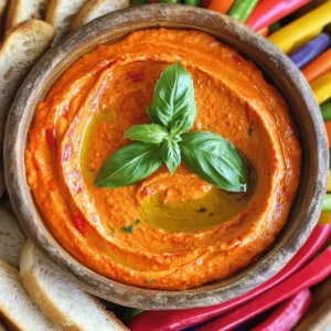 To make this tasty dip, gather these simple items: - 1 cup roasted red peppers (jarred or homemade) - 8 oz goat cheese, softened - 1/2 cup cream cheese, softened - 2 tablespoons olive oil - 2 garlic cloves, minced - 1 teaspoon fresh lemon juice - 1/2 teaspoon smoked paprika - Salt and pepper to taste You can add a few lovely touches to your dip: - Fresh herbs, like basil or parsley - A drizzle of olive oil on top - Extra smoked paprika for a pop of color If you need to swap some items, try these options: - Use feta cheese instead of goat cheese for a different taste. - Swap cream cheese with Greek yogurt for a lighter dip. - Try fresh roasted peppers if you prefer not to use jarred ones. Get ready to enjoy a delightful dip that brings joy to any gathering! Start by getting your ingredients ready. If you use jarred roasted red peppers, drain them well. Pat them dry with a paper towel. This step helps avoid extra moisture in your dip. Gather 1 cup of these peppers, 8 oz of softened goat cheese, and 1/2 cup of softened cream cheese. You also need 2 tablespoons of olive oil, 2 minced garlic cloves, and 1 teaspoon of fresh lemon juice. Don’t forget 1/2 teaspoon of smoked paprika, plus salt and pepper to taste. Now, it's time to blend! Place the roasted red peppers, goat cheese, and cream cheese in a food processor. Next, add the olive oil, garlic, lemon juice, smoked paprika, salt, and pepper. Blend everything until it becomes smooth and creamy. You may need to stop and scrape down the sides to mix well. Taste your dip. If it needs more flavor, add more salt or pepper as you like. Once blended, transfer the dip to a serving bowl. Drizzle a bit of olive oil on top. This adds flavor and makes it look nice. For a pop of color, garnish with fresh herbs like basil or parsley. Serve the dip with sliced baguette, crunchy crackers, or fresh vegetable sticks. Enjoy this flavorful delight with friends and family! To make your dip burst with flavor, use fresh herbs. Basil or parsley adds a nice touch. You can also try adding a pinch of red pepper flakes for heat. If you love smoky flavors, increase the smoked paprika. Just remember to add a little at a time. Taste as you go to find the right balance. A squeeze of lemon juice brightens the overall taste, making it fresh and zesty. Creaminess is key for a great dip. Start with softened goat cheese and cream cheese. This helps everything blend smoothly. If your dip seems too thick, add more olive oil or a splash of water. Blend until the mix is completely smooth. Scraping down the sides of the bowl ensures even mixing. Serve your dip with sliced baguette or crunchy crackers. Fresh vegetable sticks like carrots, cucumbers, or bell peppers are also great choices. Pair it with a nice drink for a fun snack time. For a touch of elegance, drizzle olive oil on top and sprinkle with fresh herbs. This not only looks good but adds flavor too. Enjoy sharing this dip at parties or cozy nights in! {{image_2}} To add heat to your dip, I suggest using spicy roasted red peppers. You can find these in jars or make your own. Just roast red peppers with a dash of chili flakes. This spicy twist gives your dip a nice kick. Mix in a few dashes of hot sauce for even more spice. The combination of flavors will impress your guests! For a Mediterranean flair, add herbs like oregano or thyme. You can also mix in some sun-dried tomatoes. This variation brightens the dip with fresh tastes. Serve it with pita bread or fresh veggies. The rich flavors will take you straight to the shores of the Mediterranean. If you want a vegan dip, swap out the cheese. Use cashews soaked in water for a creamy base. Blend the cashews with roasted red peppers and olive oil. Add some nutritional yeast for a cheesy flavor without dairy. This vegan option is just as delicious and perfect for everyone! You can store Roasted Red Pepper Goat Cheese Dip in the fridge. Use an airtight container for best results. It stays fresh for up to five days. Before serving, check for any off smells or colors. If it looks good, give it a stir before enjoying it again. You can freeze this dip for later use. Place it in a freezer-safe container. Make sure it is airtight to prevent freezer burn. It can last up to three months in the freezer. When you’re ready to eat it, thaw it in the fridge overnight. To reheat, use a microwave or an oven. If using a microwave, heat in short intervals. Stir in between to avoid hot spots. If using an oven, place it in a dish at 350°F. Bake until warm, about 10 to 15 minutes. Always check the temperature before serving. Yes, you can use fresh red peppers. Start by roasting them until soft. This adds a smoky flavor. After roasting, peel the skin and let them cool. Then, chop them and use as you would jarred peppers. Fresh peppers will give your dip a bright taste. You can store the dip in the fridge for up to five days. Keep it in an airtight container. This helps maintain its flavor and texture. Make sure to check for any signs of spoilage before eating. If it smells off or looks strange, it’s best to toss it. This dip pairs well with many foods. Try serving it with sliced baguette. Crackers are also a great choice. Fresh vegetable sticks like carrots, cucumbers, or bell peppers add crunch. You can even use it as a spread on sandwiches or wraps. Enjoy experimenting with different dippers! This blog post covered all you need to make a great roasted red pepper dip. We discussed ingredients, helpful tips, and variations for every taste. Remember to store it right for the best flavor. Try the spicy version or go vegan if you want a twist. Experimenting with this dip can lead to fun surprises. Dive in and enjoy your dip creations!