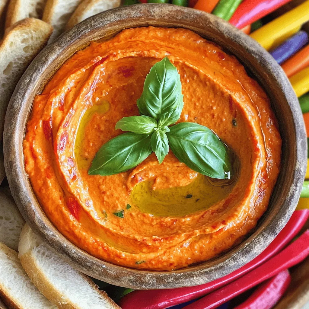To make this tasty dip, gather these simple items: - 1 cup roasted red peppers (jarred or homemade) - 8 oz goat cheese, softened - 1/2 cup cream cheese, softened - 2 tablespoons olive oil - 2 garlic cloves, minced - 1 teaspoon fresh lemon juice - 1/2 teaspoon smoked paprika - Salt and pepper to taste You can add a few lovely touches to your dip: - Fresh herbs, like basil or parsley - A drizzle of olive oil on top - Extra smoked paprika for a pop of color If you need to swap some items, try these options: - Use feta cheese instead of goat cheese for a different taste. - Swap cream cheese with Greek yogurt for a lighter dip. - Try fresh roasted peppers if you prefer not to use jarred ones. Get ready to enjoy a delightful dip that brings joy to any gathering! Start by getting your ingredients ready. If you use jarred roasted red peppers, drain them well. Pat them dry with a paper towel. This step helps avoid extra moisture in your dip. Gather 1 cup of these peppers, 8 oz of softened goat cheese, and 1/2 cup of softened cream cheese. You also need 2 tablespoons of olive oil, 2 minced garlic cloves, and 1 teaspoon of fresh lemon juice. Don’t forget 1/2 teaspoon of smoked paprika, plus salt and pepper to taste. Now, it's time to blend! Place the roasted red peppers, goat cheese, and cream cheese in a food processor. Next, add the olive oil, garlic, lemon juice, smoked paprika, salt, and pepper. Blend everything until it becomes smooth and creamy. You may need to stop and scrape down the sides to mix well. Taste your dip. If it needs more flavor, add more salt or pepper as you like. Once blended, transfer the dip to a serving bowl. Drizzle a bit of olive oil on top. This adds flavor and makes it look nice. For a pop of color, garnish with fresh herbs like basil or parsley. Serve the dip with sliced baguette, crunchy crackers, or fresh vegetable sticks. Enjoy this flavorful delight with friends and family! To make your dip burst with flavor, use fresh herbs. Basil or parsley adds a nice touch. You can also try adding a pinch of red pepper flakes for heat. If you love smoky flavors, increase the smoked paprika. Just remember to add a little at a time. Taste as you go to find the right balance. A squeeze of lemon juice brightens the overall taste, making it fresh and zesty. Creaminess is key for a great dip. Start with softened goat cheese and cream cheese. This helps everything blend smoothly. If your dip seems too thick, add more olive oil or a splash of water. Blend until the mix is completely smooth. Scraping down the sides of the bowl ensures even mixing. Serve your dip with sliced baguette or crunchy crackers. Fresh vegetable sticks like carrots, cucumbers, or bell peppers are also great choices. Pair it with a nice drink for a fun snack time. For a touch of elegance, drizzle olive oil on top and sprinkle with fresh herbs. This not only looks good but adds flavor too. Enjoy sharing this dip at parties or cozy nights in! {{image_2}} To add heat to your dip, I suggest using spicy roasted red peppers. You can find these in jars or make your own. Just roast red peppers with a dash of chili flakes. This spicy twist gives your dip a nice kick. Mix in a few dashes of hot sauce for even more spice. The combination of flavors will impress your guests! For a Mediterranean flair, add herbs like oregano or thyme. You can also mix in some sun-dried tomatoes. This variation brightens the dip with fresh tastes. Serve it with pita bread or fresh veggies. The rich flavors will take you straight to the shores of the Mediterranean. If you want a vegan dip, swap out the cheese. Use cashews soaked in water for a creamy base. Blend the cashews with roasted red peppers and olive oil. Add some nutritional yeast for a cheesy flavor without dairy. This vegan option is just as delicious and perfect for everyone! You can store Roasted Red Pepper Goat Cheese Dip in the fridge. Use an airtight container for best results. It stays fresh for up to five days. Before serving, check for any off smells or colors. If it looks good, give it a stir before enjoying it again. You can freeze this dip for later use. Place it in a freezer-safe container. Make sure it is airtight to prevent freezer burn. It can last up to three months in the freezer. When you’re ready to eat it, thaw it in the fridge overnight. To reheat, use a microwave or an oven. If using a microwave, heat in short intervals. Stir in between to avoid hot spots. If using an oven, place it in a dish at 350°F. Bake until warm, about 10 to 15 minutes. Always check the temperature before serving. Yes, you can use fresh red peppers. Start by roasting them until soft. This adds a smoky flavor. After roasting, peel the skin and let them cool. Then, chop them and use as you would jarred peppers. Fresh peppers will give your dip a bright taste. You can store the dip in the fridge for up to five days. Keep it in an airtight container. This helps maintain its flavor and texture. Make sure to check for any signs of spoilage before eating. If it smells off or looks strange, it’s best to toss it. This dip pairs well with many foods. Try serving it with sliced baguette. Crackers are also a great choice. Fresh vegetable sticks like carrots, cucumbers, or bell peppers add crunch. You can even use it as a spread on sandwiches or wraps. Enjoy experimenting with different dippers! This blog post covered all you need to make a great roasted red pepper dip. We discussed ingredients, helpful tips, and variations for every taste. Remember to store it right for the best flavor. Try the spicy version or go vegan if you want a twist. Experimenting with this dip can lead to fun surprises. Dive in and enjoy your dip creations!