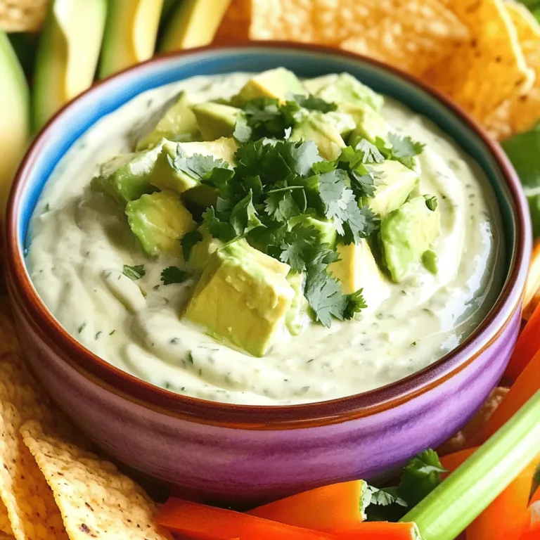 To make the Avocado Lime Ranch Dip, gather these fresh and tasty items: - 2 ripe avocados - 1 cup Greek yogurt - 1/2 cup buttermilk - 1 tablespoon ranch seasoning mix - 2 tablespoons lime juice (freshly squeezed) - 2 cloves garlic, minced - 1/4 teaspoon cayenne pepper (optional for heat) - Salt and pepper to taste - Chopped fresh cilantro for garnish - Tortilla chips or vegetable sticks for serving These ingredients work together to create a creamy, zesty dip. The avocados give it a smooth base while the Greek yogurt adds protein. Buttermilk makes it extra creamy. The ranch seasoning mix brings a burst of flavor. Lime juice adds a tangy note that brightens the dip. Fresh garlic gives it depth. You can add cayenne pepper if you want some heat. Don't forget to season with salt and pepper to make the flavors pop. Lastly, cilantro adds a lovely touch of color and taste on top. Now, you're ready to mix these ingredients for a delicious dip that everyone will love! 1. Cutting and assembling the avocados Start by cutting the avocados in half. Remove the pit carefully. Scoop the creamy flesh into a mixing bowl. Make sure to use ripe avocados. This gives the dip a rich flavor. 2. Mixing the ingredients Add the Greek yogurt and buttermilk to the bowl. Then, mix in the ranch seasoning mix, lime juice, and minced garlic. If you like a bit of heat, sprinkle in the cayenne pepper. Use a fork or whisk to blend everything well. You can leave some chunks of avocado if you enjoy a little texture. 3. Adjusting seasoning and texture Taste your dip and season it with salt and pepper. Adjust these to match your taste. If it's too thick, add a splash of buttermilk to thin it out. It should feel creamy and smooth. - Presenting the dip Transfer your dip to a serving bowl. For a nice touch, sprinkle chopped cilantro on top. This adds color and a fresh taste. - Ideal accompaniments Serve the avocado lime ranch dip with tortilla chips for crunch. You can also use fresh vegetable sticks, like carrots or cucumbers. Both options make for great, healthy dippers! To get the right creaminess in your dip, start with ripe avocados. They should feel soft when you press them gently. Use a fork to mash them in a bowl. I love to mix the avocados with Greek yogurt and buttermilk for a smooth texture. If you want a chunkier dip, leave some avocado pieces intact. To enhance the flavor, consider adding fresh herbs like dill or parsley. You can also try extra spices. A pinch of cumin or smoked paprika adds a nice depth. If you like heat, cayenne pepper is a great choice. Remember to taste your dip as you go. Adjust the salt and pepper to suit your palate. This dip goes well with many snacks. Tortilla chips are a classic choice. They add a nice crunch. You can also serve it with fresh vegetable sticks like carrots, celery, or bell peppers. You can use this dip in other recipes too. Spread it on sandwiches for added flavor. It works great in salads as a dressing. Just drizzle it over greens for a creamy touch. This dip is not just for snacking; it adds flair to many dishes! {{image_2}} You can change the taste of your Avocado Lime Ranch Dip easily. Start by adding herbs like dill or parsley. These add fresh notes that brighten the dip. You can also try spices like smoked paprika or cumin for a twist. If you want heat, sprinkle in more cayenne pepper or even diced jalapeños. For different diets, you can make this dip dairy-free or vegan. Swap out Greek yogurt and buttermilk for coconut yogurt or almond milk. This keeps the creamy texture while meeting dietary needs. Always check labels to avoid hidden dairy. This dip is versatile. If you want a sauce, thin it out with more buttermilk. It works great as a salad dressing or a sauce on grilled chicken. You can also spread it on wraps or sandwiches for added flavor. For fun serving ideas, use mini cups with veggie sticks for parties. This makes it easy for guests to grab and enjoy. You can also serve it in a hollowed-out avocado or mini bread bowls. These creative ideas make your presentation pop! To keep your avocado lime ranch dip fresh, store it in the fridge. Use an airtight container to prevent air from getting in. This dip will stay good for about 3 days. If you see browning on top, just stir it in. The lime juice helps slow down browning, but it won’t stop it completely. You can freeze this dip for later use. Just put it in a freezer-safe container. Make sure to leave some space at the top, as it may expand. To thaw, place it in the fridge overnight. After thawing, it may look a bit watery. Just stir it well to bring back its creamy texture. If needed, add a little more yogurt or lime juice to enhance the flavor. Avocado Lime Ranch Dip can last about 3 to 5 days in the fridge. Store it in an airtight container. This keeps the dip fresh and safe to eat. The key is to minimize air exposure to slow down browning. If you see any discoloration, just stir it well before serving. Yes, you can make this dip ahead of time! Preparing it a few hours in advance lets the flavors blend. However, if you plan to make it the day before, add a bit of lime juice. This helps keep the avocado bright and tasty. If you want a different base, use sour cream or plain yogurt. For dairy-free options, try cashew cream or coconut yogurt. Each choice will change the flavor a bit, but they work well. Just pick what fits your diet best. You can find the full recipe for Avocado Lime Ranch Dip above. It has all the details you need to make this tasty dip. Enjoy experimenting with it! This blog post shared a simple and tasty recipe for Avocado Lime Ranch Dip. We covered the main ingredients like avocados, Greek yogurt, and ranch seasoning. You learned step-by-step how to prepare and serve the dip. I included tips for perfecting the flavor and suggested fun variations. Remember, you can store leftovers well, and I discussed how to freeze the dip. Enjoy this dip with your favorite snacks or as part of a meal. It’s versatile and sure to impress!