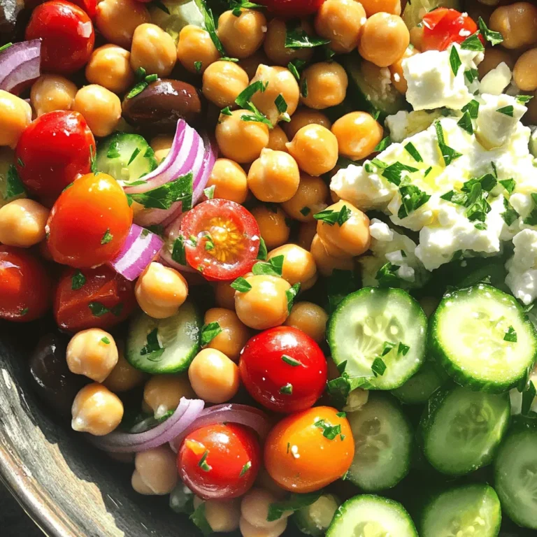 - 1 can (15 oz) chickpeas, rinsed and drained - 1 cup cherry tomatoes, halved - 1 cucumber, diced - 1/4 red onion, finely chopped - 1/2 cup Kalamata olives, pitted and sliced - 1/2 cup feta cheese, crumbled (optional for vegan) - 2 tablespoons fresh parsley, chopped - 2 tablespoons olive oil - 1 tablespoon lemon juice - 1 teaspoon dried oregano - Salt and pepper to taste Using fresh and ripe ingredients makes a big difference. Look for bright cherry tomatoes and a firm cucumber. Choose Kalamata olives that are firm and flavorful. For feta cheese, use high-quality cheese for the best taste. Fresh parsley adds a burst of color and flavor, so pick a bunch that looks vibrant. If possible, use extra virgin olive oil for a rich taste in your dressing. If you're vegan, simply leave out the feta cheese or use a plant-based version. For a gluten-free option, this salad is perfect as all ingredients are gluten-free. If you need less salt, use low-sodium chickpeas and olives. You can also swap the olives for capers if you want a different briny taste. Finally, try using lemon zest for more lemon flavor without extra acidity. This Mediterranean Chickpea Salad is quick and easy to make. You need about 10 minutes for prep. Gather all your ingredients first. Using fresh, high-quality items makes a big difference in flavor. 1. Start by rinsing and draining 1 can of chickpeas. Place them in a large mixing bowl. 2. Next, halve 1 cup of cherry tomatoes and add them to the bowl. 3. Dice 1 cucumber and finely chop 1/4 of a red onion. Add both to the bowl. 4. Slice 1/2 cup of Kalamata olives and toss them in too. 5. If you want a creamier salad, add 1/2 cup of crumbled feta cheese. 6. In a small bowl, whisk together 2 tablespoons of olive oil, 1 tablespoon of lemon juice, 1 teaspoon of dried oregano, and some salt and pepper. 7. Pour this dressing over the salad mixture. 8. Gently toss all the ingredients together to coat them evenly with the dressing. 9. Finally, add 2 tablespoons of chopped parsley and toss once more. 10. Let the salad sit for about 10 minutes. This helps the flavors blend nicely. When mixing, be gentle. You want to combine the flavors without squashing the ingredients. Use a large spoon or spatula for best results. If you mix too hard, the chickpeas or tomatoes might break apart. Enjoy the process and see how fresh ingredients come together beautifully! To boost the taste of your Mediterranean chickpea salad, use fresh herbs. Fresh parsley adds a bright touch. You can also add mint for a refreshing twist. For more zing, try adding diced bell peppers. They add crunch and color. You can also mix in some garlic for a bold flavor. Just a clove, minced, will do. Lastly, let the salad sit for ten minutes before serving. This helps the flavors meld and get richer. A well-presented salad makes every meal special. Serve your salad on a large platter. This gives it a beautiful look. You can also use individual bowls for a personal touch. Garnish with extra parsley and a sprinkle of feta cheese. This adds color and texture. Arrange the ingredients in a way that shows off the colors. The red tomatoes, green cucumbers, and black olives look great together. If you have leftovers, store them in an airtight container. Keep the salad in the fridge for up to three days. The flavors will continue to develop, but the veggies may soften. To keep the crunch, store the dressing separately. You can dress the salad just before eating. This keeps everything fresh and crisp. Enjoy your tasty Mediterranean chickpea salad later with ease! {{image_2}} You can easily boost your Mediterranean Chickpea Salad with protein. Adding grilled chicken gives it a hearty touch. Just chop it into bite-sized pieces and mix it in. If you prefer a plant-based option, try cubed tofu. Marinate the tofu in lemon juice and spices for extra flavor. Both options make the salad more filling and satisfying. This salad shines with fresh ingredients. Feel free to swap based on the season. In summer, add sweet bell peppers for crunch. In fall, roasted butternut squash adds warmth. You can also use fresh herbs like basil or mint to change the taste. These swaps keep your salad exciting and fresh all year long. Explore different dressings to give your salad a twist. Instead of olive oil and lemon juice, try a tahini dressing for creaminess. A balsamic vinaigrette adds a sweet tang. You can even use spicy harissa for a kick. These dressings change the flavor profile and make each salad unique. Each serving of Mediterranean Chickpea Salad offers a healthy mix of nutrients. Here’s what you get: - Calories: About 220 - Protein: 10 grams - Carbohydrates: 25 grams - Fat: 10 grams - Fiber: 6 grams - Sugar: 3 grams This salad is filling and light at the same time. The chickpeas provide protein and fiber, which help keep you full. - Chickpeas: Rich in protein and fiber, chickpeas support digestion and heart health. - Cherry Tomatoes: These are packed with vitamins A and C. They also have antioxidants that may help reduce the risk of disease. - Cucumbers: They are low in calories and high in water content, which helps with hydration. - Red Onion: This adds a nice crunch. It also has antioxidants that may boost heart health. - Kalamata Olives: They contain healthy fats that are good for your heart. They also add a salty flavor. - Feta Cheese (optional): It provides calcium and protein. If you're vegan, you can skip it or use a plant-based cheese. - Olive Oil: A great source of healthy fats, it can lower bad cholesterol levels. Mediterranean Chickpea Salad stands out from other salads. Here’s how: - Less Sugar: Unlike many dressings, this salad has very little sugar. - High Protein: Compared to typical green salads, this dish packs more protein from chickpeas. - Filling: The fiber from chickpeas and veggies makes it more filling than a simple lettuce salad. - Versatile: You can add or swap ingredients easily. This flexibility makes it a go-to for many diets. This salad is not just tasty; it’s also a smart choice for your health! To make this salad vegan, simply skip the feta cheese. You can add extra olives or a sprinkle of nutritional yeast for a cheesy flavor. This keeps the salad fresh and tasty while being plant-based. The other ingredients are already vegan-friendly, like chickpeas, tomatoes, and olives. Yes, you can prepare this salad a day in advance. It actually tastes better after sitting for a bit. Just mix all the ingredients and store it in the fridge. If you add the dressing ahead of time, the salad may get soggy. I suggest adding the dressing just before serving for the best crunch and flavor. This salad pairs well with many dishes. You can serve it with grilled chicken or fish for a full meal. It also goes great with pita bread or hummus for a light lunch. For a vegetarian option, try it with falafel or stuffed grape leaves. Enjoy the vibrant flavors with any of these options! This blog post shared a detailed guide on making Mediterranean Chickpea Salad. We explored key ingredients, their quality, and substitutions for different diets. I provided step-by-step cooking instructions and tips to enhance flavor and presentation. We also discussed variations to suit your taste and nutritional information to highlight health benefits. Overall, this salad is versatile, healthy, and easy to prepare. You can enjoy it fresh or mix it up with proteins and seasonal swaps. Remember, cooking should be fun, so experiment!