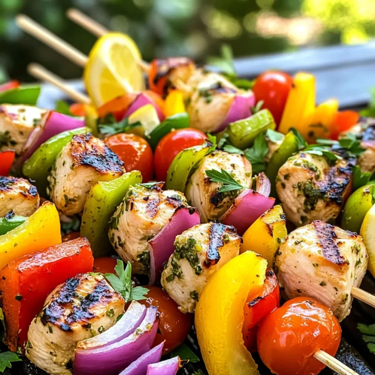 - 1 pound boneless, skinless chicken breast, cut into 1-inch cubes - 1 bell pepper, cut into chunks - 1 medium red onion, cut into chunks - 12 cherry tomatoes - 2 tablespoons olive oil - 3 tablespoons fresh lemon juice - 1 tablespoon lemon zest - 2 cloves garlic, minced - 1 teaspoon dried oregano - 1 teaspoon dried thyme - 1 teaspoon paprika - Salt and pepper to taste - Wooden or metal skewers (if using wooden skewers, soak in water for 30 minutes) - Grill Choosing the right ingredients is key to making these kabobs shine. Start with fresh chicken breast. It should be tender and juicy. Next, pick vibrant vegetables. The bell pepper adds sweetness. Red onion brings a nice bite. Cherry tomatoes add color and freshness. The marinade is where the magic happens. Use good olive oil for richness. Fresh lemon juice and zest brighten the dish. Garlic adds depth. Oregano and thyme give it an earthy taste. Paprika adds a hint of smokiness, while salt and pepper enhance all the flavors. For equipment, you’ll need skewers. Wooden ones need soaking to prevent burning. A good grill is essential for that smoky char. Now, let’s get cooking! To start, you need to whisk together a few key ingredients. In a large bowl, mix 2 tablespoons of olive oil, 3 tablespoons of fresh lemon juice, and 1 tablespoon of lemon zest. Add 2 cloves of minced garlic, 1 teaspoon of dried oregano, 1 teaspoon of dried thyme, and 1 teaspoon of paprika. Finally, season with salt and pepper to taste. Marinating is very important. It helps the chicken absorb all those great flavors. I suggest marinating for at least 30 minutes. If you can, let it sit for up to 2 hours. The longer it marinates, the tastier your chicken will be. Now it’s time to assemble the kabobs. Take your soaked skewers, either wooden or metal, and start threading the ingredients. First, add a piece of marinated chicken, then a chunk of bell pepper, followed by a piece of red onion. Next, add a cherry tomato. Keep alternating between the chicken and veggies. This not only makes the kabobs colorful, but it also adds a lot of great taste. For a beautiful presentation, try to mix colors. Use red, green, and yellow veggies. The more colorful your kabobs are, the more fun they look on the grill. Before grilling, preheat your grill to medium-high heat. This ensures that the chicken cooks evenly and gets those nice grill marks. Once your grill is ready, place the skewers on it. Grill the kabobs for about 10 to 12 minutes. Turn them occasionally. You want to ensure the chicken is fully cooked and no longer pink in the center. For safety, the chicken should reach an internal temperature of 165°F. After grilling, let the kabobs rest for a few minutes. This helps keep them juicy. Enjoy your flavorful Lemon Herb Grilled Chicken Kabobs! To check if your chicken is done, use a meat thermometer. The safe internal temperature for chicken is 165°F. Insert the thermometer into the thickest part of the chicken. If it reads 165°F, you’re good to go! If not, grill it for a few more minutes. This step keeps your chicken juicy and safe to eat. For the best flavor, marinate the chicken for at least 30 minutes. You can marinate it for up to 2 hours for even more taste. The longer you marinate, the more the flavors soak in. The marinade ratio matters too. A good mix of oil, acid, and seasonings helps the chicken stay moist and flavorful. To make your kabobs look amazing, arrange them on a large platter. You can garnish with fresh herbs like parsley or cilantro. Add lemon wedges on the side for color and a zesty touch. Serve with couscous or a fresh salad for a complete meal. This makes your dish pop and taste even better! {{image_2}} You can switch out chicken for shrimp or beef. Shrimp cooks fast and picks up flavors well. Use the same marinade for shrimp. For beef, choose tender cuts like sirloin. Cut it into one-inch cubes like the chicken. Adjust cooking times; shrimp needs about 5-7 minutes, while beef may take longer. If you want a veggie-only option, try mushrooms, zucchini, or asparagus. Cut these veggies into similar sizes. Mix them with the same marinade for full flavor. You can also add firm tofu for protein. It absorbs marinade well, making it tasty. Feel free to change the herbs and spices. Try fresh basil or cilantro for a different taste. You can also use cumin or chili powder for a kick. Experiment with different citrus juices too. Lime or orange juice can give a fresh twist. Make your kabobs unique by mixing and matching flavors you enjoy! To keep your lemon herb grilled chicken kabobs fresh, place them in an airtight container. Refrigerate them right after they cool down. They will last up to three days in the fridge. Make sure to separate the kabobs if possible. This helps them cool faster and stay fresh longer. To reheat your kabobs, you have a few safe options. The oven works well. Preheat it to 350°F (175°C). Place the kabobs on a baking sheet and cover them with foil. Heat for about 10-15 minutes. You can also use a microwave. Place the kabobs on a microwave-safe plate. Heat them in short bursts of 30 seconds until warm. Flip them to heat evenly. If you want to save kabobs for later, freezing is a great choice. First, let them cool completely. Then wrap each kabob in plastic wrap. Place the wrapped kabobs in a freezer bag. They can stay in the freezer for up to three months. When you're ready to eat, thaw them in the fridge overnight. After that, you can reheat them using the methods mentioned above. You should marinate the chicken for at least 30 minutes. This time helps the meat soak up the flavors of the marinade. For even better taste, marinate for up to 2 hours. This longer time allows the lemon juice and herbs to really infuse the chicken. Yes, you can prepare these kabobs ahead of time. You can marinate the chicken and thread it onto skewers. Store them in the fridge for up to a day before grilling. This way, you save time on cooking day. Just remember to keep them covered until you are ready to grill. These kabobs go well with many side dishes. Consider serving them with: - Couscous - Fresh garden salad - Grilled vegetables - Rice pilaf These sides add color and flavor to your meal. Enjoy the kabobs with a refreshing drink to complete your feast! In this article, we covered everything about making lemon herb grilled chicken kabobs. We discussed the key ingredients, the steps to prepare and grill, and useful tips for perfect results. You now know how to marinate properly and present your kabobs beautifully. Don’t forget that you can customize them with different proteins or flavors. Enjoy your grilling journey and impress everyone with tasty kabobs. Keep experimenting with ingredients and have fun!