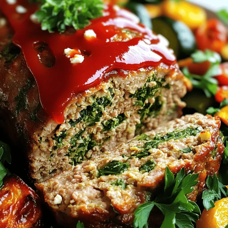 - 1 lb ground turkey breast - 1 cup fresh spinach, chopped - 1/2 cup feta cheese, crumbled The main ingredients create a healthy base for the meatloaf. The ground turkey breast is lean and packed with protein. Fresh spinach adds nutrients and color. Feta cheese brings a creamy, salty flavor that makes each bite special. - 1/2 cup breadcrumbs (whole wheat for a healthier option) - 1 small onion, finely chopped - 2 cloves garlic, minced - 1 large egg - 1 tablespoon olive oil Breadcrumbs help bind the meatloaf. Whole wheat is a great choice for added health. The onion and garlic add depth to the flavor. The egg helps the loaf hold its shape. Olive oil keeps everything moist. - 1 teaspoon dried oregano - 1 teaspoon dried basil - Salt and pepper to taste - 1/4 cup ketchup (for topping) Seasonings are key to making this dish pop. Oregano and basil give it an Italian flair. Salt and pepper enhance all the flavors. Ketchup on top adds a sweet touch and keeps the meatloaf juicy. Gather these ingredients to create a delicious and healthy meatloaf that everyone will enjoy! First, you need to preheat the oven to 350°F (175°C). This makes sure your meatloaf cooks evenly. Next, grab a large skillet and pour in one tablespoon of olive oil. Heat it over medium heat. Add the finely chopped onion and minced garlic to the pan. Stir them for about 3 to 4 minutes. You want the onion to turn soft and clear. This step brings out their flavors. In a large mixing bowl, combine the ground turkey, sautéed onion and garlic, chopped spinach, crumbled feta cheese, breadcrumbs, and one large egg. Add one teaspoon of dried oregano, one teaspoon of dried basil, and a pinch of salt and pepper. Mix gently with your hands or a spoon. Be careful not to overmix, as this keeps your meatloaf tender. Once it’s well mixed, shape the mixture into a loaf. Now, transfer the meatloaf into a loaf pan. Pour 1/4 cup of ketchup over the top. Spread it evenly for a nice glaze. Place the loaf pan in the preheated oven. Bake for 45 to 50 minutes. Check that the inside reaches 165°F (74°C). This ensures the meatloaf is safe to eat. Once done, take it out and let it rest for about 10 minutes. This helps it hold together when you slice it. To get the best texture in your meatloaf, avoid overmixing. When you mix the ingredients, do it gently. This keeps the meatloaf tender and juicy. If you mix too much, the meatloaf can turn out tough. After baking, let the meatloaf rest. This step is key. Allow it to sit for about 10 minutes before slicing. Resting helps the juices stay inside, making each slice moist. To boost flavor, add herbs and spices. The dried oregano and basil in this recipe work well. You can also try fresh herbs for a brighter taste. Consider variations with sauces or cheeses. Swap feta for goat cheese or add a spicy sauce for a kick. These changes can make the dish feel new and exciting. Use a good loaf pan for baking. A metal pan helps the meatloaf cook evenly. If you prefer, a glass or ceramic dish also works. Helpful kitchen tools include a large mixing bowl and a sturdy spatula. A meat thermometer is great for checking doneness, too. Aim for an internal temperature of 165°F (74°C). {{image_2}} You can change the ground meat for your meatloaf. Try using lean ground beef or chicken. Each meat gives a new flavor. You can also use plant-based meat for a veggie option. Adding other veggies can make it unique. Try grated carrots or bell peppers. You can even add mushrooms for a rich taste. Just chop them small so they mix well. If you need gluten-free options, use gluten-free breadcrumbs. They work just as well. You can also skip the breadcrumbs altogether and add more spinach instead. For low-fat alternatives, choose ground turkey breast, like in this recipe. You can also use less cheese or swap feta for a low-fat version. This keeps the dish healthy without losing flavor. Pair your meatloaf with tasty sides. Roasted veggies or a light salad go great with it. You can also serve it with mashed potatoes for a classic touch. For sauces, ketchup is a must, but you can get creative. Try a yogurt sauce with herbs or a spicy mustard. These dips add a fun twist to your meal. To keep your spinach feta turkey meatloaf fresh, store it properly. Place the leftovers in an airtight container. Make sure to let it cool first. This helps prevent moisture buildup. - Refrigeration Tips: Store in the fridge for up to 4 days. Keep it in the main compartment, not the door. This keeps it at a safe temperature. - Freezing the Meatloaf: You can freeze this meatloaf to enjoy later. Wrap it tightly in plastic wrap. Then place it in a freezer bag. It will last for about 3 months in the freezer. When reheating, you want to keep it moist and tasty. - Best Reheating Methods: Use an oven or a microwave. The oven keeps the texture nice. The microwave is quick and easy. - Time and Temperature for Reheating: If using an oven, preheat to 350°F (175°C). Heat for about 20-25 minutes until warm. For the microwave, heat on medium for 2-3 minutes. Check to ensure it is hot throughout. Knowing how long your meatloaf lasts is key. - How Long It Lasts in the Fridge: In the fridge, it stays good for about 4 days. This time can vary based on storage. - Best Practices for Longer Storage: To keep it fresh longer, slice it before storing. This helps cool it faster. Always use airtight containers for best results. Can I make this meatloaf ahead of time? Yes, you can make this meatloaf ahead of time. Just prepare it, shape it, and cover it well. You can store it in the fridge for up to 24 hours before baking. This saves time on busy days. How do I know when the meatloaf is done? The best way to check is with a meat thermometer. The meatloaf should reach an internal temperature of 165°F (74°C). You can also check if the meatloaf is firm to the touch and the juices run clear when you cut into it. Caloric content per serving Each serving of this meatloaf has about 250 calories. This can vary based on the exact ingredients you use. Nutritional benefits of ingredients - Ground turkey: A lean protein that helps build muscle. - Spinach: Packed with vitamins A and C, plus iron and fiber. - Feta cheese: Adds flavor and some calcium with fewer calories than many other cheeses. - Whole wheat breadcrumbs: Provide fiber, which is good for digestion. Can I use other cheeses? Yes! You can use mozzarella or goat cheese if you prefer. Both will add a different flavor but still keep it creamy. What can I substitute for breadcrumbs? You can use oats, crushed crackers, or even almond flour. These options keep the meatloaf moist and hold it together well. In this post, I shared a simple meatloaf recipe using ground turkey, spinach, and feta. We went through the key steps from preparation to baking, ensuring great texture and flavor. I also offered tips for storage and reheating. Remember, variations and substitutions allow for creativity while cooking. Enjoying this dish can be easier than you think with the right guidance. Try it out and make it your own!