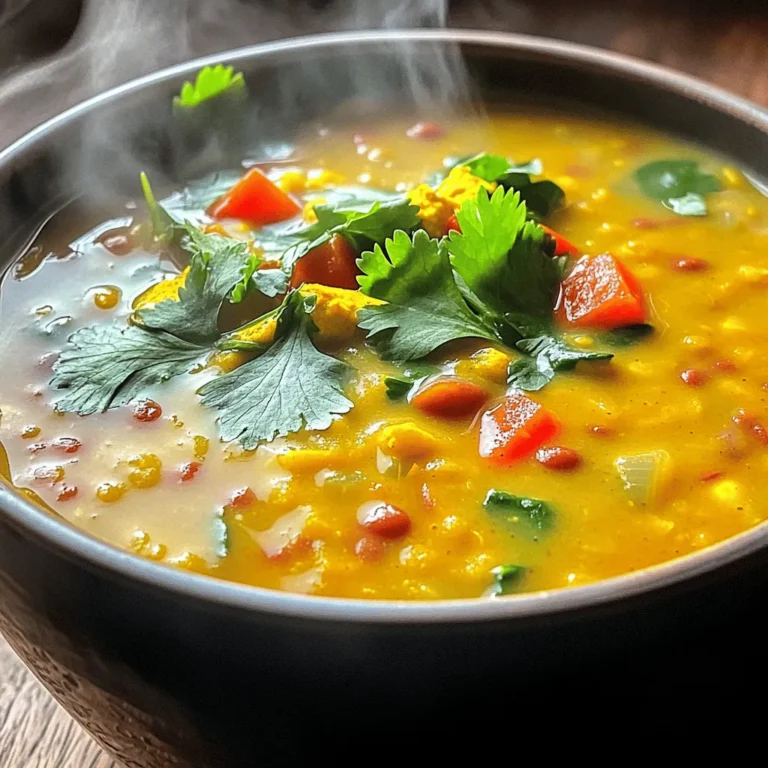 To make this delicious Coconut Curry Lentil Soup, gather these ingredients: - 1 cup red lentils, rinsed - 1 can (400ml) coconut milk - 4 cups vegetable broth - 1 medium onion, chopped - 2 cloves garlic, minced - 1-inch piece of ginger, grated - 1 tablespoon curry powder - 1 teaspoon turmeric - 1 teaspoon cumin - 1 red bell pepper, diced - 1 cup spinach, chopped - 2 tablespoons olive oil - Salt and pepper to taste - Fresh cilantro for garnish (optional) The coconut milk gives the soup its creamy texture. It balances the spices and adds a rich taste. Curry powder adds warmth and depth. Turmeric brings a lovely golden color and health benefits. Cumin adds a warm, earthy flavor that ties everything together. Ginger and garlic bring a fresh, zesty kick. If you don’t have red lentils, you can use green or brown lentils. They may take longer to cook. For the coconut milk, any plant-based milk can work, but the flavor will change. If you want a spicy kick, add some chili powder or fresh chopped chili. You can swap spinach for kale or Swiss chard. Even frozen greens can work well if fresh isn't available. 1. Start by heating 2 tablespoons of olive oil in a large pot over medium heat. 2. Add 1 medium onion, chopped. Sauté until it turns translucent, about 5 minutes. 3. Next, stir in 2 cloves of minced garlic and 1-inch piece of grated ginger. Cook for about 1 minute until fragrant. 4. Now, add 1 tablespoon of curry powder, 1 teaspoon of turmeric, and 1 teaspoon of cumin. Stir well to coat the onion with the spices for another minute. 5. Toss in 1 diced red bell pepper and 1 cup of rinsed red lentils. Mix everything together. 6. Pour in 4 cups of vegetable broth and 1 can (400ml) of coconut milk. Bring it to a boil, then reduce the heat to a simmer. 7. Cover the pot and let it cook for 20-25 minutes. Stir occasionally until the lentils are tender. 8. After that, fold in 1 cup of chopped spinach and let it wilt for about 2 minutes. 9. Finally, season your soup with salt and pepper to taste. If you want it thicker, mash a few lentils against the pot's side. - When sautéing the onion, make sure not to brown it. You want it soft and sweet. - For a stronger flavor, let the garlic and ginger cook a little longer but watch carefully to avoid burning. - Stir the spices quickly so they release their aroma without burning. - Rinsing the lentils removes dust and helps them cook evenly. - Make sure to stir the soup occasionally during cooking to prevent sticking. - Adding spinach at the end keeps it bright and fresh. - Taste the soup before serving. Adjust salt and pepper to your liking. - Prep Time: 10 minutes - Cooking Time: 25 minutes - Total Time: 35 minutes - Servings: This recipe makes about 4 servings. Enjoy it with friends or save some for later! To boost the flavor of your Coconut Curry Lentil Soup, use fresh spices. Fresh spices add more taste. Try toasting the curry powder, turmeric, and cumin in the pot. This step wakes up their flavors. You can also add a splash of lime juice. Lime adds brightness and freshness. Fresh herbs like cilantro enhance the soup's aroma and taste. If you want more heat, add red pepper flakes or fresh chili. Start with a small amount. You can always add more later. For milder soup, reduce the curry powder. Balance the flavors by tasting as you cook. This way, you can adjust to your liking. One mistake is not rinsing the lentils. Rinsing helps remove dirt and debris. Another common error is cooking lentils too long. Overcooked lentils turn mushy. Stir the soup occasionally to prevent sticking. Finally, don’t skip seasoning. Salt and pepper are key for a tasty soup. Always taste and adjust before serving. {{image_2}} This soup is naturally vegan and vegetarian. The coconut milk adds creaminess without dairy. You can enjoy it guilt-free. If you want to make it extra hearty, add more veggies. Peas or carrots work well. They boost nutrition and keep the dish vibrant. Absolutely! This soup welcomes many vegetables. You can add diced zucchini or chopped kale. Sweet potatoes also add a nice touch. Just remember to adjust cooking time for firmer veggies. Cook them until tender but not mushy. The goal is to keep a good texture. Red lentils are great for this soup. They cook fast and break down well. However, you can use green or brown lentils too. These lentils hold their shape better. If you use them, increase the cooking time. You want them soft, but not falling apart. Enjoy experimenting with different lentils! To store leftover coconut curry lentil soup, let it cool first. Transfer the soup to an airtight container. Seal tightly to prevent air from entering. Place the container in the fridge. It will stay fresh for about three to four days. Freezing the soup is easy and great for meal prep. Once the soup cools, pour it into freezer-safe bags or containers. Leave some space at the top for expansion. Label the bags with the date. The soup can last in the freezer for up to three months. To reheat the soup, you can use the stove or microwave. For the stove, pour the soup into a pot. Heat over medium heat, stirring often. For the microwave, place the soup in a bowl. Cover it loosely and heat in short bursts, stirring in between. Ensure the soup is hot throughout before serving. You can enjoy Coconut Curry Lentil Soup with many sides. I love pairing it with warm naan or crusty bread. A fresh salad can also add a nice crunch. If you want more protein, consider grilled chicken or shrimp. Rice is another excellent option. It soaks up the soup’s rich flavor. Coconut Curry Lentil Soup lasts about 3 to 5 days in the fridge. Be sure to store it in an airtight container. If it smells off or shows signs of mold, throw it away. You can also portion it out for quick meals later in the week. Yes, you can make this soup in a slow cooker. Just add all the ingredients to the pot. Set it on low for 6 to 8 hours or high for 3 to 4 hours. Stir it occasionally if you can. The soup will turn out rich and tasty, just like the stove version. In this article, we explored the key ingredients for Coconut Curry Lentil Soup and how to prepare it. You learned the steps to cook it perfectly and the best tips to enhance flavor. We discussed variations, storage tips, and answered common questions about serving and cooking methods. Now you have all the tools to enjoy a delicious bowl of soup. Get cooking and savor every bite!