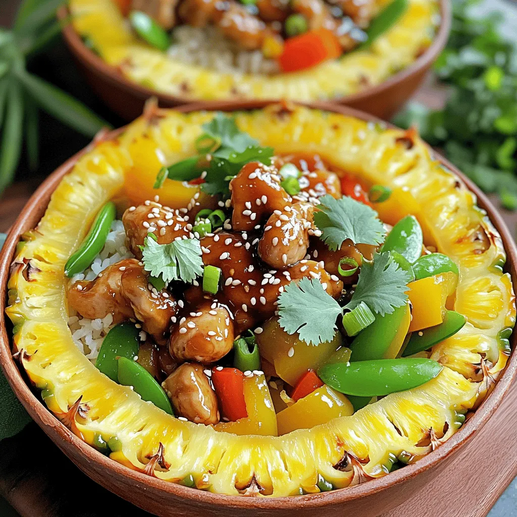 - 2 boneless, skinless chicken breasts, diced - 1 cup teriyaki sauce (store-bought or homemade) - 1 tablespoon olive oil - 1 cup bell peppers (red, yellow, or green), diced - 1 cup snap peas, trimmed - 1 pineapple, halved and cored - 1 cup jasmine rice (or brown rice) - 1 tablespoon sesame seeds - Fresh cilantro, for garnish - Green onions, sliced, for garnish - Salt and pepper to taste The main ingredients in this dish create a bright and tasty meal. You get protein from chicken, sweet and tangy flavors from teriyaki sauce, and crunch from fresh vegetables. The pineapple adds a fun twist, making it visually appealing and delicious. If you want to change things up, consider these options: - Use tofu or shrimp instead of chicken for a different protein. - Look for gluten-free teriyaki sauce if you need it. - You can try other rice types, like brown rice or quinoa, for variety. These substitutions help make this dish fit your needs or taste. You can customize it and still enjoy great flavors. You will need a few tools to make this dish easy: - A skillet or frying pan to cook the chicken and veggies. - A rice cooker or pot to prepare the rice. - A knife and cutting board to chop your ingredients. Having the right tools makes cooking smoother. You can focus on enjoying the process and the meal! To cook jasmine rice, start by rinsing it under cold water. This helps remove excess starch. Use a ratio of 1 cup of rice to 1.5 cups of water. Bring the water to a boil, then lower the heat. Cover the pot and let it simmer for about 15 minutes. After that, turn off the heat and let it sit for 5 minutes. Fluff the rice with a fork to get the right texture. For perfect rice, avoid lifting the lid while it cooks. To marinate the chicken, combine the diced chicken with half of the teriyaki sauce in a bowl. Let it sit for at least 15 minutes. This allows the chicken to soak up the flavors. When cooking, heat olive oil in a large skillet over medium heat. Add the marinated chicken and cook for about 5-7 minutes. Ensure the chicken is no longer pink to keep it juicy. For the vegetables, use the same skillet after cooking the chicken. Add diced bell peppers and snap peas to the pan. Stir-fry for about 3-4 minutes. You want them to be tender but still crisp. Season with a pinch of salt and pepper. This adds flavor and keeps the veggies vibrant. To prepare the pineapple bowls, take the halved pineapples and scoop out the flesh. Leave enough of a border so they can hold the filling. Chop the scooped-out pineapple into small pieces. This adds sweetness to the dish. In each pineapple half, layer the cooked jasmine rice first, then the teriyaki chicken and vegetable mix. Top it off with the chopped pineapple for extra flavor. For an appealing presentation, sprinkle sesame seeds over the bowls. Add fresh cilantro and sliced green onions on top. This not only adds color but also enhances the dish's flavor. Serve immediately for the best taste experience. To get the best taste, balance sweetness and saltiness. Teriyaki sauce is sweet, but it needs salt to shine. You can taste your sauce before adding it to the chicken. If it tastes too sweet, add a pinch of salt. This helps create a lovely flavor blend. You can customize teriyaki sauce too. If you want more kick, add a splash of soy sauce or some ginger. For a sweeter note, mix in some honey or brown sugar. This lets you create a sauce that fits your taste. Prepping ingredients in advance saves time. Chop your chicken and veggies the night before. Store them in the fridge in separate containers. This way, when it's time to cook, you just grab and go. For leftovers, place them in an airtight container. Store in the fridge for up to three days. If you want to keep them longer, freeze them. Just remember to label your containers with dates. Pair your Teriyaki Chicken Pineapple Bowls with sides or salads. A fresh green salad with a light dressing works well. You can also serve it with steamed veggies for added crunch. For drinks, try a light iced tea or a fruity mocktail. These options complement the sweet and savory flavors of the dish. {{image_2}} You can use different proteins instead of chicken. Pork and beef work well in this dish. If you prefer plant-based options, try tofu or tempeh. Each protein will soak up the teriyaki sauce nicely. You can also use shrimp or salmon for seafood lovers. These options add unique flavors and textures. Adding extra ingredients boosts flavor and nutrition. Try incorporating carrots for crunch or broccoli for color. Both cook quickly and add great taste. You can also mix in fruit like mango or avocado. These fruits bring a sweet, creamy twist to the dish. They pair well with the salty teriyaki sauce. Want to spice things up? Add sriracha for a kick of heat. This brings a fun twist to the classic dish. For an Asian fusion, mix in kimchi. The tangy flavors of kimchi add depth and a bit of crunch. These twists make your Teriyaki Chicken Pineapple Bowls even more exciting. To keep your teriyaki chicken pineapple bowls fresh, store them properly. First, let the dish cool down to room temperature. Once cooled, you can place the leftovers in an airtight container. Store it in the fridge for up to three days. If you want to keep it longer, you can freeze the bowls. Just make sure to use freezer-safe containers or bags. They can last for up to three months in the freezer. When it's time to enjoy your leftovers, reheat them carefully. The best way is to use the microwave. Place the bowl in the microwave and cover it with a microwave-safe lid or paper towel. Heat for about 1-2 minutes, stirring halfway through. You can also reheat in a skillet over low heat. This method keeps the chicken moist and the veggies crisp. Avoid cooking it too long to prevent overcooking. These bowls have a good shelf life if stored correctly. In the fridge, they stay fresh for about three days. After that, their quality may drop. Check for signs of spoilage. If you see any off smells, discoloration, or mold, it's best to throw them out. Always trust your senses when deciding if food is still good. To make homemade teriyaki sauce, you need simple ingredients. Here’s what you need: - 1/2 cup soy sauce - 1/4 cup water - 1/4 cup brown sugar - 1 tablespoon rice vinegar - 1 tablespoon cornstarch (optional for thickness) - 1 teaspoon garlic powder - 1 teaspoon ginger powder Mix these ingredients in a pot. Heat over medium heat until it simmers. Stir until the sugar melts and the sauce thickens. This sauce is sweet and savory, perfect for your chicken. Yes, you can prepare this dish ahead of time. Cook the chicken and veggies, then store them in the fridge. Keep the rice separate to prevent it from getting mushy. You can also scoop out the pineapple in advance. When ready to eat, just warm everything up. This makes meal time quick and easy. Yes, this recipe can be gluten-free. Use gluten-free soy sauce or tamari instead of regular soy sauce. Check the teriyaki sauce label if buying store-bought. Most rice is gluten-free, so use jasmine or brown rice without worry. This way, everyone can enjoy a tasty meal. You can serve many sides with these bowls. Here are some great options: - Steamed broccoli - Grilled asparagus - Simple salad with cucumbers and carrots - Edamame - Fried rice These sides add color and flavor to your meal. Yes, you can use cooked chicken. If using leftover chicken, cut it into small pieces. Skip the marinating step. Heat the chicken in the skillet first. Then, add the veggies and teriyaki sauce. Cook until everything is hot. This saves time and keeps your meal easy. This post covers how to make Teriyaki Chicken Pineapple Bowls. You learned about the key ingredients like chicken, teriyaki sauce, and fresh vegetables. I shared step-by-step cooking tips and tricks to elevate flavor. You also discovered variations and how to store leftovers. Whether you stick to the classic or explore new flavors, enjoy your meal prep. Making this dish will bring joy to your table and delight your taste buds!