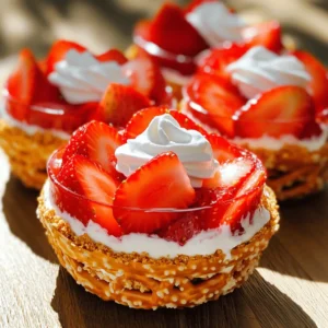 - 1 cup crushed pretzels - 1/2 cup unsalted butter, melted - 1/4 cup granulated sugar - 8 oz cream cheese, softened - 1 cup powdered sugar - 1 cup whipped topping (like Cool Whip) - 2 cups fresh strawberries, hulled and sliced - 1 cup strawberry gelatin powder - 2 cups boiling water - 1 cup cold water These ingredients come together to create a sweet and salty treat. The base is made of pretzels, butter, and sugar. This crunchy crust adds a great texture. The cream cheese layer is rich and creamy. It combines cream cheese, powdered sugar, and whipped topping. This layer gives a smooth and sweet taste. The star of the show is the fresh strawberries. They add a bright flavor and color. The strawberry gelatin binds everything together. Mixing boiling water with the gelatin helps it dissolve. Then, adding cold water cools it down. This mixture is poured over the cream cheese layer. Using fresh ingredients makes a big difference. The strawberries should be ripe and sweet. The pretzels need to be crushed well. This helps create the best crust. Make sure to measure each ingredient carefully. This ensures every layer comes out just right. Happy cooking! 1. First, preheat your oven to 350°F (175°C). This step is key for baking the crust. 2. In a mixing bowl, combine 1 cup of crushed pretzels, 1/2 cup of melted butter, and 1/4 cup of granulated sugar. Mix until the pretzels are well coated. 3. Press this mixture firmly into the bottom of a greased muffin tin. Make sure it forms a nice crust in each cup. Bake for 10 minutes. Once done, allow it to cool completely. 1. In a separate bowl, beat 8 oz of softened cream cheese and 1 cup of powdered sugar together until smooth and creamy. This will give your cups a rich taste. 2. Gently fold in 1 cup of whipped topping. Mix until it is well incorporated and fluffy. 1. Once the pretzel crusts have cooled, spoon a layer of the cream cheese mixture into each cup. Smooth it out gently with a spatula. 2. In another bowl, dissolve 1 cup of strawberry gelatin powder in 2 cups of boiling water. Stir until it is fully dissolved. 3. Add 1 cup of cold water and mix well. Once the gelatin has cooled slightly, stir in 2 cups of sliced strawberries. 4. Carefully ladle this strawberry mixture over the cream cheese layer in each cup. 5. Refrigerate the cups for at least 4 hours, or until the gelatin is fully set. 6. To serve, gently run a knife around the edges of the cups. This will help you remove them from the muffin tin. Place them on a serving platter for a delightful display. To make your Strawberry Pretzel Salad Cups shine, cooling times matter. After baking the pretzel crust, let it cool completely. This helps it firm up and hold the layers well. For the cream cheese layer, smooth it out with a spatula. Start in the center and spread outward. This will create a nice, even layer for your strawberries. For a beautiful finish, garnish each cup with extra strawberry slices. You can also add a dollop of whipped topping on top. This gives a fresh and inviting look. When serving, gently run a knife around the edges of the cups. This makes it easy to pop them out of the muffin tin. Place them on a nice platter to impress your guests. Watch out for overmixing the cream cheese. This can make it too runny and hard to layer. Mix just until smooth. Also, don’t skip the setting time for the gelatin. It needs to fully set so that each layer stays intact. If you rush this step, the cups may fall apart. {{image_2}} You can change up the fruit in your cups. Try using blueberries or raspberries. Both fruits bring a new taste and color. You can even mix them together for a fun twist. The gelatin can also switch flavors. You could try peach or cherry for a fresh spin. Each flavor adds a unique twist to your dessert. If you want less sugar, use honey or agave syrup. Both sweeteners blend well with the cream cheese layer. They add a nice touch without being too sweet. You can also find low-sugar substitutes. These options work well if you need a lower sugar treat. Just make sure to adjust the amounts to taste. For gluten-free options, use gluten-free pretzels. They work just as well in the crust. The flavor remains yummy and crunchy. If you want a dairy-free version, use a dairy-free cream cheese. There are many brands available that taste great. Always check the labels to ensure they meet your dietary needs. To keep your Strawberry Pretzel Salad Cups fresh, place them in the fridge. Use an airtight container to avoid moisture loss. If you don’t have a container, cover them tightly with plastic wrap. They stay fresh for up to three days in the fridge. After that, the pretzel crust may lose its crunch. You can freeze these delicious cups if you need to store them longer. To freeze, place the cups in a single layer on a baking sheet. Once frozen, transfer them to a freezer-safe bag or container. Seal tightly and label with the date. They can last for up to three months in the freezer. To thaw, take them out and place them in the fridge overnight. This method keeps the texture nice. Avoid thawing them at room temperature, as this can make them soggy. If you plan a party, make the cups a day ahead. This way, they have time to set in the fridge. When you’re ready to serve, gently remove them from the muffin tin. Run a knife around the edges for easy release. For a fun touch, add extra strawberry slices or a dollop of whipped topping on each cup. They look beautiful and taste great! Yes, you can make these cups ahead of time. I suggest preparing them a day before your event. This allows the layers to set well, making them taste even better. Just store them in the fridge until you're ready to serve. The cups last about 3 to 4 days in the fridge. Keep them covered to keep them fresh. After that, the layers may start to separate, and the taste may change. Absolutely! Fresh strawberries work great in this recipe. In fact, I prefer fresh strawberries for their taste and texture. Just make sure to wash and hull them before slicing. If you want a different option, you can use homemade whipped cream. Just whip heavy cream with a little sugar until it holds peaks. This will add a lovely flavor and texture to your cups. Yes, you can make a vegan version! Use vegan cream cheese and a plant-based whipped topping. For the crust, make sure to use vegan butter or coconut oil. This way, everyone can enjoy these tasty treats! You learned how to make Strawberry Pretzel Salad Cups with a tasty, layered approach. We covered every step from the crust to storing tips. Remember to focus on cooling times for those perfect layers. This treat is great for gatherings, with options to switch fruits or sweeteners. Now, you can impress your friends and family with this fun, colorful dessert. Enjoy your sweet creation and feel free to explore your own twists!