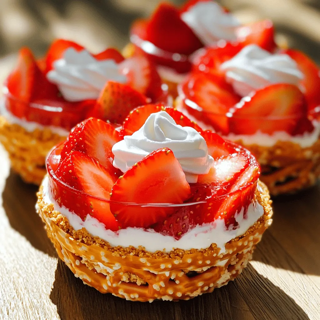 - 1 cup crushed pretzels - 1/2 cup unsalted butter, melted - 1/4 cup granulated sugar - 8 oz cream cheese, softened - 1 cup powdered sugar - 1 cup whipped topping (like Cool Whip) - 2 cups fresh strawberries, hulled and sliced - 1 cup strawberry gelatin powder - 2 cups boiling water - 1 cup cold water These ingredients come together to create a sweet and salty treat. The base is made of pretzels, butter, and sugar. This crunchy crust adds a great texture. The cream cheese layer is rich and creamy. It combines cream cheese, powdered sugar, and whipped topping. This layer gives a smooth and sweet taste. The star of the show is the fresh strawberries. They add a bright flavor and color. The strawberry gelatin binds everything together. Mixing boiling water with the gelatin helps it dissolve. Then, adding cold water cools it down. This mixture is poured over the cream cheese layer. Using fresh ingredients makes a big difference. The strawberries should be ripe and sweet. The pretzels need to be crushed well. This helps create the best crust. Make sure to measure each ingredient carefully. This ensures every layer comes out just right. Happy cooking! 1. First, preheat your oven to 350°F (175°C). This step is key for baking the crust. 2. In a mixing bowl, combine 1 cup of crushed pretzels, 1/2 cup of melted butter, and 1/4 cup of granulated sugar. Mix until the pretzels are well coated. 3. Press this mixture firmly into the bottom of a greased muffin tin. Make sure it forms a nice crust in each cup. Bake for 10 minutes. Once done, allow it to cool completely. 1. In a separate bowl, beat 8 oz of softened cream cheese and 1 cup of powdered sugar together until smooth and creamy. This will give your cups a rich taste. 2. Gently fold in 1 cup of whipped topping. Mix until it is well incorporated and fluffy. 1. Once the pretzel crusts have cooled, spoon a layer of the cream cheese mixture into each cup. Smooth it out gently with a spatula. 2. In another bowl, dissolve 1 cup of strawberry gelatin powder in 2 cups of boiling water. Stir until it is fully dissolved. 3. Add 1 cup of cold water and mix well. Once the gelatin has cooled slightly, stir in 2 cups of sliced strawberries. 4. Carefully ladle this strawberry mixture over the cream cheese layer in each cup. 5. Refrigerate the cups for at least 4 hours, or until the gelatin is fully set. 6. To serve, gently run a knife around the edges of the cups. This will help you remove them from the muffin tin. Place them on a serving platter for a delightful display. To make your Strawberry Pretzel Salad Cups shine, cooling times matter. After baking the pretzel crust, let it cool completely. This helps it firm up and hold the layers well. For the cream cheese layer, smooth it out with a spatula. Start in the center and spread outward. This will create a nice, even layer for your strawberries. For a beautiful finish, garnish each cup with extra strawberry slices. You can also add a dollop of whipped topping on top. This gives a fresh and inviting look. When serving, gently run a knife around the edges of the cups. This makes it easy to pop them out of the muffin tin. Place them on a nice platter to impress your guests. Watch out for overmixing the cream cheese. This can make it too runny and hard to layer. Mix just until smooth. Also, don’t skip the setting time for the gelatin. It needs to fully set so that each layer stays intact. If you rush this step, the cups may fall apart. {{image_2}} You can change up the fruit in your cups. Try using blueberries or raspberries. Both fruits bring a new taste and color. You can even mix them together for a fun twist. The gelatin can also switch flavors. You could try peach or cherry for a fresh spin. Each flavor adds a unique twist to your dessert. If you want less sugar, use honey or agave syrup. Both sweeteners blend well with the cream cheese layer. They add a nice touch without being too sweet. You can also find low-sugar substitutes. These options work well if you need a lower sugar treat. Just make sure to adjust the amounts to taste. For gluten-free options, use gluten-free pretzels. They work just as well in the crust. The flavor remains yummy and crunchy. If you want a dairy-free version, use a dairy-free cream cheese. There are many brands available that taste great. Always check the labels to ensure they meet your dietary needs. To keep your Strawberry Pretzel Salad Cups fresh, place them in the fridge. Use an airtight container to avoid moisture loss. If you don’t have a container, cover them tightly with plastic wrap. They stay fresh for up to three days in the fridge. After that, the pretzel crust may lose its crunch. You can freeze these delicious cups if you need to store them longer. To freeze, place the cups in a single layer on a baking sheet. Once frozen, transfer them to a freezer-safe bag or container. Seal tightly and label with the date. They can last for up to three months in the freezer. To thaw, take them out and place them in the fridge overnight. This method keeps the texture nice. Avoid thawing them at room temperature, as this can make them soggy. If you plan a party, make the cups a day ahead. This way, they have time to set in the fridge. When you’re ready to serve, gently remove them from the muffin tin. Run a knife around the edges for easy release. For a fun touch, add extra strawberry slices or a dollop of whipped topping on each cup. They look beautiful and taste great! Yes, you can make these cups ahead of time. I suggest preparing them a day before your event. This allows the layers to set well, making them taste even better. Just store them in the fridge until you're ready to serve. The cups last about 3 to 4 days in the fridge. Keep them covered to keep them fresh. After that, the layers may start to separate, and the taste may change. Absolutely! Fresh strawberries work great in this recipe. In fact, I prefer fresh strawberries for their taste and texture. Just make sure to wash and hull them before slicing. If you want a different option, you can use homemade whipped cream. Just whip heavy cream with a little sugar until it holds peaks. This will add a lovely flavor and texture to your cups. Yes, you can make a vegan version! Use vegan cream cheese and a plant-based whipped topping. For the crust, make sure to use vegan butter or coconut oil. This way, everyone can enjoy these tasty treats! You learned how to make Strawberry Pretzel Salad Cups with a tasty, layered approach. We covered every step from the crust to storing tips. Remember to focus on cooling times for those perfect layers. This treat is great for gatherings, with options to switch fruits or sweeteners. Now, you can impress your friends and family with this fun, colorful dessert. Enjoy your sweet creation and feel free to explore your own twists!