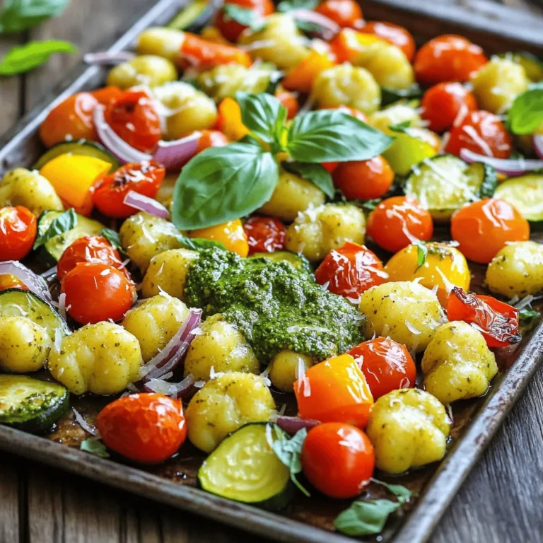 To make Sheet-Pan Pesto Gnocchi with Roasted Veggies, gather these ingredients: - 1 pound potato gnocchi - 2 cups cherry tomatoes, halved - 1 zucchini, chopped into bite-sized pieces - 1 bell pepper (any color), diced - 1 red onion, sliced - 3 tablespoons olive oil - 1 cup basil pesto (store-bought or homemade) - Salt and pepper to taste - Fresh basil leaves for garnish - Grated Parmesan cheese for serving (optional) I love using fresh ingredients when I can. Fresh veggies bring bright flavors to your dish. Look for firm cherry tomatoes and vibrant zucchini. They add great color and taste. If you are short on time, store-bought pesto works well. It saves time and still tastes good. Look for a brand with simple ingredients. Check for real basil as the first ingredient. Here are some benefits of the main ingredients: - Potato gnocchi: A hearty base rich in carbs for energy. - Cherry tomatoes: Full of vitamins A and C, great for skin health. - Zucchini: Low in calories and high in fiber for good digestion. - Bell pepper: Packed with antioxidants and vitamin C for a strong immune system. - Red onion: Contains quercetin, which may help lower blood pressure. - Olive oil: A healthy fat that supports heart health. - Basil pesto: Offers healthy fats from nuts and is rich in flavor. - Salt and pepper: Enhance the overall taste of your dish. - Fresh basil leaves: Add a burst of freshness and aroma. - Parmesan cheese: A source of calcium and protein, adds richness. This dish is colorful, tasty, and full of nutrients. Each ingredient plays a role in making it a delightful meal. Start by preheating your oven to 425°F (220°C). This helps the veggies roast well. Next, take a large sheet pan. Spread out 2 cups of halved cherry tomatoes, 1 chopped zucchini, 1 diced bell pepper, and 1 sliced red onion. Drizzle 2 tablespoons of olive oil over them. Add salt and pepper to taste. Toss the veggies gently to coat them evenly in oil and seasoning. This step is key for flavor. While the veggies roast, cook 1 pound of potato gnocchi. Follow the package instructions. You know the gnocchi is ready when it floats to the top. This usually takes just a few minutes. Once cooked, drain the gnocchi and set it aside. This will be the star of our dish. After roasting the veggies for 15 minutes, take out the sheet pan. Stir in the cooked gnocchi. Now, drizzle 1 cup of basil pesto over the mix. Toss everything together well. It should look colorful and appetizing. Return the sheet pan to the oven. Roast for another 10 to 15 minutes until the gnocchi gets crispy and the veggies become tender. When it's done, take it out and let it cool a bit. To get crispy gnocchi, start by cooking them until they float. This means they are done. Drain them well and let them sit for a minute. Spread them out on the sheet pan with enough space. This helps them crisp up. Toss them with pesto only after roasting the veggies. This keeps them from getting too soft. Roasting veggies can bring out their best flavors. First, cut them into even sizes. This ensures they cook at the same rate. Use a good amount of oil to coat them. It helps with browning and adds flavor. Don't crowd the pan. Leave space for hot air to flow. This creates nice, tender veggies. Stir them halfway through roasting for even cooking. If you have leftovers, store them in an airtight container. This keeps them fresh and tasty. You can keep them in the fridge for up to three days. For longer storage, consider freezing them. Just remember to cool them first. When you want to eat them, reheat in the oven for best results. This helps restore some crispness. {{image_2}} You can change the veggies in this dish. Try using asparagus, broccoli, or carrots. Each veggie brings a new taste. You can also add spinach for some extra greens. Mix and match to find your favorite combo. Just keep the cooking time in mind. Some veggies may need more or less time to roast. Pesto is not just for basil. You can use other herbs like cilantro or parsley. Try arugula for a peppery kick. You can also blend in nuts like walnuts or almonds for a different taste. Want more flavor? Add lemon juice or zest. This will brighten up the dish and make it pop. To make this dish vegan, skip the cheese. Use a vegan pesto or make your own. You can blend basil, nuts, olive oil, and nutritional yeast for a cheesy taste. For gluten-free, swap gnocchi for gluten-free pasta or zucchini noodles. This keeps the meal light and delicious. These swaps help everyone enjoy this tasty dish. Storing your leftovers right is key. Let your gnocchi cool for about 30 minutes. Then, place it in an airtight container. This helps keep it fresh. Store it in the fridge for up to three days. Make sure to label the container. This way, you won’t forget about your tasty meal. Freezing is a great option too. For longer storage, freeze the gnocchi dish. First, let it cool completely. Then, place it in a freezer-safe container. You can also use freezer bags. Remove as much air as possible. This helps prevent freezer burn. It will last for up to three months in the freezer. When you’re ready to eat, thaw it in the fridge overnight. Reheating your dish right keeps the taste great. You can use the oven for the best results. Preheat your oven to 350°F (175°C). Place the gnocchi in a baking dish. Cover it with foil to keep moisture in. Bake for about 15–20 minutes. Check to make sure it’s heated through. You can also use a microwave. Just heat in short bursts. Stir in between to avoid hot spots. Enjoy your delicious meal again! Yes, you can use homemade pesto! It adds a fresh taste. Making pesto at home is easy. Blend fresh basil, garlic, nuts, olive oil, and cheese. This gives your dish a personal touch. Plus, you control the flavor and ingredients. Homemade pesto is great for this recipe. Baking the gnocchi takes about 10 to 15 minutes. After roasting the veggies for 15 minutes, add cooked gnocchi to the pan. Toss it with pesto. Then, let it bake until crispy. The gnocchi should be golden and slightly crunchy. You can make many dishes with these ingredients. Try a pasta salad with roasted veggies and pesto. Or, you could bake a veggie lasagna. Another idea is to use these veggies in a stir-fry. They pair well with grains like quinoa or rice too. The options are endless! This blog post shared key ingredients and step-by-step instructions for cooking gnocchi. We explored tips for crispy texture and how to store leftovers. You can customize with different vegetables and pesto options. Remember, experimenting makes cooking fun. Use this guide to create your own tasty meals. Enjoy sharing your culinary adventures!
